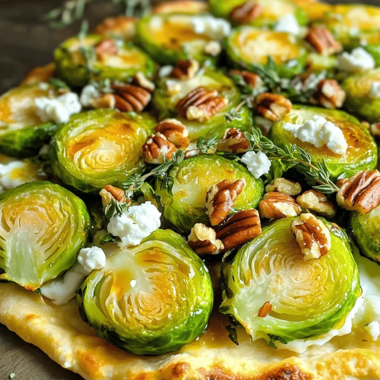 - Pre-made flatbread or homemade flatbread - Brussels sprouts - Olive oil - Maple syrup - Garlic - Goat cheese - Pecans - Salt and pepper - Fresh thyme Using fresh, high-quality ingredients makes a big difference. For this Maple Brussels Sprout Flatbread, I recommend using Brussels sprouts that are firm and vibrant green. They add a lovely crunch and flavor. You can use store-bought flatbread to save time, but making your own is simple and fun. You can find many easy recipes online. Olive oil is essential for roasting the sprouts. It helps them crisp up nicely. Maple syrup brings a sweet touch that balances the sprouts' earthiness. Don't skip the garlic! It adds depth and warmth to the dish. Goat cheese melts beautifully and provides a tangy contrast to the sweet and savory notes. Pecans add a nice crunch and nutty flavor. Fresh thyme gives a pop of color and a fragrant finish. Salt and pepper enhance all the flavors. For the full recipe, check out the detailed instructions. This flatbread is a tasty way to enjoy Brussels sprouts! 1. Preheat your oven to 400°F (200°C). This helps the flatbread bake evenly. 2. Prepare the Brussels sprouts by thinly slicing them. Thin slices cook faster and taste better. 3. Place your flatbread on a baking sheet. This is where you will build your creation. 1. In a large bowl, toss the sliced Brussels sprouts with olive oil, maple syrup, minced garlic, salt, and pepper. Make sure they are well coated. 2. Spread this mixture evenly on a baking sheet lined with parchment paper. This keeps them from sticking. 3. Roast the Brussels sprouts in the preheated oven for 15-20 minutes. Stir halfway through to ensure even cooking. They should be golden brown and tender when done. 1. While your Brussels sprouts roast, layer crumbled goat cheese over the flatbread. This adds rich flavor and creaminess. 2. Once the Brussels sprouts are ready, take them out of the oven. Layer them on top of the goat cheese. 3. For a delightful crunch, sprinkle chopped pecans over the roasted Brussels sprouts. 1. Return the flatbread to the oven and bake for an additional 5-7 minutes. This step makes the flatbread crisp. 2. To check for doneness, look for slightly melted goat cheese and a crisp flatbread. You want it golden and warm. Dive into the full recipe to explore the rich flavors of this dish! To boost the taste of your Maple Brussels Sprout Flatbread, consider these spices: - Cinnamon: A pinch adds warmth. - Nutmeg: Just a dash can bring depth. - Red pepper flakes: For a kick, sprinkle some on top. For toppings, try adding: - Sliced apples: Their sweetness pairs well. - Balsamic glaze: Drizzle it on for tangy flavor. - Crushed red pepper: For those who enjoy heat. Roasting Brussels sprouts gives them a crispy texture. Here’s why you might choose this method: - Roasting enhances their natural sweetness. - It creates a delightful crunch. If you sauté instead, you get softer sprouts. This method works if you’re short on time. For baking, keep these temperatures in mind: - 400°F (200°C): This is perfect for roasting and baking. - 350°F (175°C): Use this for more gentle cooking. Make your flatbread look amazing with these garnishes: - Fresh thyme leaves: They add color and flavor. - Extra pecans: Scatter them on top for crunch. When serving, pair the flatbread with: - A light salad: It balances the richness. - A glass of white wine: A crisp wine complements the dish well. These tips will help you create a beautiful and tasty Maple Brussels Sprout Flatbread. For a full recipe, check out the instructions above! {{image_2}} You can swap out goat cheese for other tasty options. Feta cheese adds a salty kick. Mozzarella gives a milder, creamy taste. For a sharp flavor, try blue cheese. Each cheese changes the flatbread's feel and taste. Play with these options to find your favorite mix! To make this flatbread vegan, skip the cheese. You can use cashew cheese or almond cream instead. These alternatives add a creamy touch without dairy. Top with roasted veggies like bell peppers or mushrooms for more flavor. You can still enjoy the maple and Brussels sprouts in a plant-based way. Seasonal veggies can spice up your flatbread. In the fall, add butternut squash for sweetness. In spring, use asparagus for a fresh crunch. Change the herbs based on seasons, too. Fresh basil in summer or sage in winter will enhance your dish. Embrace the flavors of each season to keep this meal exciting! To keep your Maple Brussels Sprout Flatbread fresh, use an airtight container. Glass or plastic containers work well. Store it in the fridge for up to three days. The sooner you eat it, the better the taste. To reheat, use an oven or toaster oven. Preheat to 350°F (175°C) and bake for about 10 minutes. This method keeps the flatbread crisp. If it seems dry, drizzle a little olive oil on top. This helps refresh the flavor and keeps it tasty. Yes, you can freeze this flatbread. Wrap it tightly in plastic wrap and then in foil. It will last for up to two months in the freezer. To use, thaw it in the fridge overnight. Reheat in the oven to restore its crispness. This way, you can enjoy a quick meal anytime! Yes, you can make flatbread from scratch. To do this, mix flour, water, salt, and a bit of oil. Knead the dough until smooth. Let it rest for about 30 minutes. Roll it out thin and cook it in a hot skillet for about 2-3 minutes on each side. Tips for quick flatbread preparation: - Use a food processor for faster mixing. - Roll the dough thin for quicker cooking. - Preheat your skillet or oven to speed up the process. If you need a substitute for goat cheese, here are some options: - Feta cheese offers a similar tangy flavor. - Ricotta cheese has a creamy texture, but it's milder. - Blue cheese adds a strong flavor, great for bold taste lovers. Dairy-free cheese substitutes: - Cashew cheese provides a creamy base. - Almond cheese is a nutty alternative. - Store-bought vegan cream cheese is also a good choice. To avoid bitterness, select fresh Brussels sprouts. Look for bright green, tight, and firm sprouts. Trim the ends and remove any yellow leaves. Flavor-enhancing techniques: - Roast them for a sweeter taste. - Toss with olive oil and maple syrup to balance bitterness. - Add garlic or onions for extra flavor. This blog post showed how to make a tasty flatbread with Brussels sprouts. You learned about the key ingredients, step-by-step instructions, and cooking tips. There are also fun ideas for variations and storage information. I hope you feel inspired to create this dish. With simple changes, you can make it your own. Enjoy cooking and sharing this flatbread with family and friends!