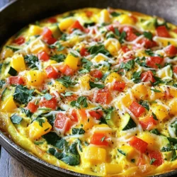 - 6 large eggs - 1/4 cup milk - 1 cup bell peppers, diced - 1 cup spinach, chopped - 1 small zucchini, diced - 1/2 cup red onion, diced - 1/2 cup shredded cheese (cheddar or feta) - 2 tablespoons olive oil - Salt and pepper to taste - Fresh herbs for garnish These ingredients create a delicious vegetable frittata. The mix of eggs, milk, and fresh veggies makes for a healthy meal. You can use any bell peppers you like: red, yellow, or green. Spinach adds a nice touch of flavor and color. Zucchini gives it a tender bite. Red onion complements the other veggies well, adding sweetness. The cheese brings creaminess to the dish. I recommend using cheddar for a sharper taste or feta for a saltier kick. Olive oil is great for cooking the veggies, adding richness. Don’t forget salt and pepper; they enhance all the flavors. Finally, fresh herbs like parsley or basil add brightness and a pop of color. The frittata is packed with nutrients. Each serving has about 200 calories. You get around 12 grams of protein, making it filling. The fat content comes mainly from the eggs and cheese, offering healthy fats. Carbs are low, thanks to the veggies. Eating this frittata has many health benefits. Bell peppers are high in vitamin C, good for your skin. Spinach is rich in iron, helping your blood. Zucchini adds fiber, which aids digestion. Overall, this dish is nutritious and tasty, perfect for any meal of the day. For the full recipe, you can check the Sunshine Veggie Frittata. - Preheat your oven to 375°F (190°C). - In a large mixing bowl, whisk together 6 large eggs and 1/4 cup milk. - Add a pinch of salt and pepper to taste. - In a large oven-safe skillet, heat 2 tablespoons of olive oil over medium heat. - Add 1/2 cup diced red onion and 1 cup diced bell peppers. Cook for 3-4 minutes until soft. - Stir in 1 small diced zucchini and 1 cup chopped spinach. Cook for another 2-3 minutes until the spinach wilts. - Spread the vegetable mixture evenly in the skillet. - Pour the egg mixture over the vegetables, covering them well. - Sprinkle 1/2 cup shredded cheese on top. - Cook on the stovetop for 2-3 minutes until the edges start to set. - Transfer the skillet to the preheated oven. Bake for 15-20 minutes until the eggs are fully set and the top is lightly golden. - Once done, let it cool for a few minutes. Slice into wedges and serve warm. For a fresh touch, add herbs for garnish. For the full recipe, refer to the Sunshine Veggie Frittata. - How to achieve the perfect texture To get a fluffy frittata, beat the eggs well. Mix the eggs with milk until smooth. This adds air and makes it light. Don't overcook it on the stove. The edges should set while the center remains soft. - Time-saving techniques Chop your veggies ahead of time. You can prep them the night before. Use pre-cut vegetables from the store if you’re in a hurry. This cuts down on your cooking time. - Recommended tools Use a large oven-safe skillet. A non-stick skillet works best for easy removal. Have a whisk and a spatula handy. These tools make mixing and serving simple. - Best sides to pair with the frittata Serve your frittata with a fresh salad. A side of toast also complements it well. You can add some fruit for a sweet touch. This makes for a balanced meal. - Presentation ideas Cut the frittata into wedges for easy serving. Garnish with fresh herbs like parsley or basil. This adds color and flavor. For a fancy touch, arrange the wedges on a platter. This makes it look inviting and delicious. {{image_2}} You can make your frittata special by adding different veggies. Here are some great options: - Mushrooms: They add a nice earthy flavor. - Tomatoes: Fresh or sun-dried, they bring sweetness. - Kale: This adds a hearty texture and more nutrients. - Broccoli: A tasty way to get more greens. You can also switch up the cheese. Try: - Goat cheese: It adds a tangy taste. - Mozzarella: For a creamy, mild flavor. - Parmesan: This brings a nutty touch. Want to make your frittata gluten-free? You’re in luck! The base is naturally gluten-free, so just use fresh ingredients and no bread. If you follow a vegan diet, you can still enjoy this dish. Use egg substitutes like: - Silken tofu: Blend it until smooth as a base. - Chickpea flour: Mix with water to create a batter. With these tips, you can enjoy a tasty frittata that fits your needs. For the full recipe, check out the Sunshine Veggie Frittata. To keep your frittata fresh, let it cool first. Once cool, slice it into wedges. Place the slices in an airtight container. You can use glass or plastic containers. Make sure they seal well. This keeps air out and helps prevent drying. Store the frittata in the fridge for up to four days. If you want to keep it longer, you can freeze it. Wrap each slice in plastic wrap, then place them in a freezer bag. This helps to keep the frittata tasty for up to two months. To reheat, you have two main options: the oven or the microwave. The oven gives better results. Preheat it to 350°F (175°C). Place the frittata on a baking sheet. Heat for about 10-15 minutes. This method keeps it fluffy. If you use the microwave, heat it in short bursts. Start with 30 seconds, check, then continue. Use a lower power setting to avoid overcooking. Enjoy it warm to keep the flavors fresh. How do I know when the frittata is done? You can tell if the frittata is done when the edges are set and the center is firm. A toothpick inserted in the middle should come out clean. The top will look lightly golden. Can I prepare frittata ahead of time? Yes, you can make a frittata ahead of time. Cook it fully, let it cool, then store it in the fridge. It tastes great cold or warmed up. What is the difference between a frittata and an omelet? A frittata is cooked slowly and often baked, while an omelet is folded and cooked quickly. Frittatas usually have more filling and can be made in larger batches. Is it possible to freeze a frittata? Yes, you can freeze a frittata. Just slice it into wedges and wrap each piece tightly with plastic wrap. Store them in a freezer bag. What other herbs can be used for garnish? You can use many herbs for garnish, like chives, cilantro, or dill. Each adds a unique flavor to your frittata. Try mixing them for a fresh twist! Want to explore more? Check out the Full Recipe for detailed steps and tips! This frittata recipe is simple and full of flavor. You learned about the key ingredients, step-by-step cooking, and how to store leftovers. You also explored variations and tips for perfect results. Frittatas are flexible and can fit your taste, making them an easy option for any meal. Enjoy creating your perfect dish, and share it with friends and family!
