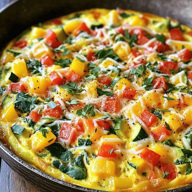 - 6 large eggs - 1/4 cup milk - 1 cup bell peppers, diced - 1 cup spinach, chopped - 1 small zucchini, diced - 1/2 cup red onion, diced - 1/2 cup shredded cheese (cheddar or feta) - 2 tablespoons olive oil - Salt and pepper to taste - Fresh herbs for garnish These ingredients create a delicious vegetable frittata. The mix of eggs, milk, and fresh veggies makes for a healthy meal. You can use any bell peppers you like: red, yellow, or green. Spinach adds a nice touch of flavor and color. Zucchini gives it a tender bite. Red onion complements the other veggies well, adding sweetness. The cheese brings creaminess to the dish. I recommend using cheddar for a sharper taste or feta for a saltier kick. Olive oil is great for cooking the veggies, adding richness. Don’t forget salt and pepper; they enhance all the flavors. Finally, fresh herbs like parsley or basil add brightness and a pop of color. The frittata is packed with nutrients. Each serving has about 200 calories. You get around 12 grams of protein, making it filling. The fat content comes mainly from the eggs and cheese, offering healthy fats. Carbs are low, thanks to the veggies. Eating this frittata has many health benefits. Bell peppers are high in vitamin C, good for your skin. Spinach is rich in iron, helping your blood. Zucchini adds fiber, which aids digestion. Overall, this dish is nutritious and tasty, perfect for any meal of the day. For the full recipe, you can check the Sunshine Veggie Frittata. - Preheat your oven to 375°F (190°C). - In a large mixing bowl, whisk together 6 large eggs and 1/4 cup milk. - Add a pinch of salt and pepper to taste. - In a large oven-safe skillet, heat 2 tablespoons of olive oil over medium heat. - Add 1/2 cup diced red onion and 1 cup diced bell peppers. Cook for 3-4 minutes until soft. - Stir in 1 small diced zucchini and 1 cup chopped spinach. Cook for another 2-3 minutes until the spinach wilts. - Spread the vegetable mixture evenly in the skillet. - Pour the egg mixture over the vegetables, covering them well. - Sprinkle 1/2 cup shredded cheese on top. - Cook on the stovetop for 2-3 minutes until the edges start to set. - Transfer the skillet to the preheated oven. Bake for 15-20 minutes until the eggs are fully set and the top is lightly golden. - Once done, let it cool for a few minutes. Slice into wedges and serve warm. For a fresh touch, add herbs for garnish. For the full recipe, refer to the Sunshine Veggie Frittata. - How to achieve the perfect texture To get a fluffy frittata, beat the eggs well. Mix the eggs with milk until smooth. This adds air and makes it light. Don't overcook it on the stove. The edges should set while the center remains soft. - Time-saving techniques Chop your veggies ahead of time. You can prep them the night before. Use pre-cut vegetables from the store if you’re in a hurry. This cuts down on your cooking time. - Recommended tools Use a large oven-safe skillet. A non-stick skillet works best for easy removal. Have a whisk and a spatula handy. These tools make mixing and serving simple. - Best sides to pair with the frittata Serve your frittata with a fresh salad. A side of toast also complements it well. You can add some fruit for a sweet touch. This makes for a balanced meal. - Presentation ideas Cut the frittata into wedges for easy serving. Garnish with fresh herbs like parsley or basil. This adds color and flavor. For a fancy touch, arrange the wedges on a platter. This makes it look inviting and delicious. {{image_2}} You can make your frittata special by adding different veggies. Here are some great options: - Mushrooms: They add a nice earthy flavor. - Tomatoes: Fresh or sun-dried, they bring sweetness. - Kale: This adds a hearty texture and more nutrients. - Broccoli: A tasty way to get more greens. You can also switch up the cheese. Try: - Goat cheese: It adds a tangy taste. - Mozzarella: For a creamy, mild flavor. - Parmesan: This brings a nutty touch. Want to make your frittata gluten-free? You’re in luck! The base is naturally gluten-free, so just use fresh ingredients and no bread. If you follow a vegan diet, you can still enjoy this dish. Use egg substitutes like: - Silken tofu: Blend it until smooth as a base. - Chickpea flour: Mix with water to create a batter. With these tips, you can enjoy a tasty frittata that fits your needs. For the full recipe, check out the Sunshine Veggie Frittata. To keep your frittata fresh, let it cool first. Once cool, slice it into wedges. Place the slices in an airtight container. You can use glass or plastic containers. Make sure they seal well. This keeps air out and helps prevent drying. Store the frittata in the fridge for up to four days. If you want to keep it longer, you can freeze it. Wrap each slice in plastic wrap, then place them in a freezer bag. This helps to keep the frittata tasty for up to two months. To reheat, you have two main options: the oven or the microwave. The oven gives better results. Preheat it to 350°F (175°C). Place the frittata on a baking sheet. Heat for about 10-15 minutes. This method keeps it fluffy. If you use the microwave, heat it in short bursts. Start with 30 seconds, check, then continue. Use a lower power setting to avoid overcooking. Enjoy it warm to keep the flavors fresh. How do I know when the frittata is done? You can tell if the frittata is done when the edges are set and the center is firm. A toothpick inserted in the middle should come out clean. The top will look lightly golden. Can I prepare frittata ahead of time? Yes, you can make a frittata ahead of time. Cook it fully, let it cool, then store it in the fridge. It tastes great cold or warmed up. What is the difference between a frittata and an omelet? A frittata is cooked slowly and often baked, while an omelet is folded and cooked quickly. Frittatas usually have more filling and can be made in larger batches. Is it possible to freeze a frittata? Yes, you can freeze a frittata. Just slice it into wedges and wrap each piece tightly with plastic wrap. Store them in a freezer bag. What other herbs can be used for garnish? You can use many herbs for garnish, like chives, cilantro, or dill. Each adds a unique flavor to your frittata. Try mixing them for a fresh twist! Want to explore more? Check out the Full Recipe for detailed steps and tips! This frittata recipe is simple and full of flavor. You learned about the key ingredients, step-by-step cooking, and how to store leftovers. You also explored variations and tips for perfect results. Frittatas are flexible and can fit your taste, making them an easy option for any meal. Enjoy creating your perfect dish, and share it with friends and family!