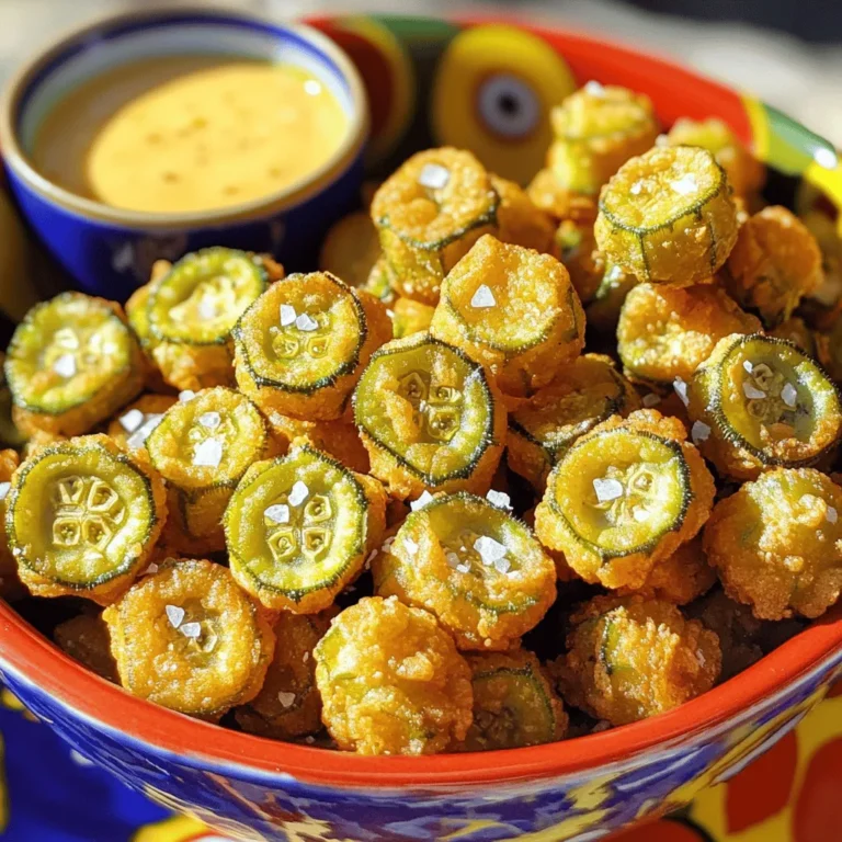 - 1 pound fresh okra, sliced into ½ inch rounds - 1 cup buttermilk - 1 cup cornmeal - ½ cup all-purpose flour - 1 teaspoon garlic powder - 1 teaspoon onion powder - ½ teaspoon smoked paprika - ½ teaspoon cayenne pepper (adjust to taste) - Salt and pepper to taste - Vegetable oil for frying When you cook this crunchy fried okra, you need fresh okra. It gives the best taste and texture. Soaking it in buttermilk adds moisture and helps the coating stick. The cornmeal gives a lovely crunch. The spices like smoked paprika and cayenne pepper add flavor. - Calories per serving: About 200 calories - Macronutrient breakdown: - Carbohydrates: 30g - Proteins: 5g - Fats: 10g This dish offers a great mix of nutrients. The okra adds fiber, while the cornmeal offers carbs for energy. You can enjoy this tasty snack without guilt! 1. Soak the okra in buttermilk: Start by slicing 1 pound of fresh okra into ½ inch rounds. Place these slices in a large bowl and cover them with 1 cup of buttermilk. Let them soak for at least 30 minutes. This step helps the coating stick and adds flavor. 2. Create the coating mix: In another bowl, mix together 1 cup of cornmeal, ½ cup of all-purpose flour, 1 teaspoon of garlic powder, 1 teaspoon of onion powder, ½ teaspoon of smoked paprika, and ½ teaspoon of cayenne pepper. Add salt and pepper to taste. Stir until everything is well combined. 1. Heating the oil: Pour about 2 inches of vegetable oil into a deep skillet or frying pan. Heat the oil over medium-high heat. To check if it’s ready, drop a small amount of the coating mix into the oil. If it sizzles, the oil is hot enough. 2. Dredging and frying the okra: Remove the okra from the buttermilk and shake off any extra liquid. Dredge each piece of okra in the cornmeal mixture, coating them well. Shake off the excess and set them aside. Once the oil is ready, carefully add the coated okra to the hot oil in batches. Avoid overcrowding the pan to keep the oil hot. 3. Draining and seasoning: Fry the okra for about 3-4 minutes until they turn golden brown and crispy. Flip them halfway through cooking for even browning. Use a slotted spoon to take the okra out and drain them on paper towels. Sprinkle with additional salt while they’re hot to boost the flavor. Enjoy your crunchy fried okra snack! For the complete cooking instructions, check the Full Recipe. Soaking the sliced okra in buttermilk is key. This step helps the coating stick well. Buttermilk also adds a nice tang. I recommend soaking for at least 30 minutes. This gives the okra time to absorb the flavor and moisture. Next, let’s talk oil temperature. Heat your vegetable oil to about 350°F (175°C). You can test the heat by dropping in some coating mix. If it sizzles, you’re ready to fry. This hot oil creates that perfect crispy texture. Adding spices to your coating makes a big difference. I like to use garlic powder and onion powder for depth. Smoked paprika adds a nice smoky flavor. If you want heat, cayenne pepper is a great choice. Adjust the amount to suit your taste. For dips, try serving with ranch dressing or spicy aioli. These sauces complement the okra well. You can also explore other options, like a zesty salsa or a creamy yogurt dip. The right dip makes each bite even more enjoyable. You can find the Full Recipe for more details. Enjoy making this tasty snack! {{image_2}} You can switch up the flour for a gluten-free option. Use almond flour or rice flour. Both work well while keeping the crunch. If you want a vegan version, simply skip the buttermilk. Use a mix of plant-based milk and a bit of vinegar instead. This will mimic the tangy taste and help the coating stick. To make your fried okra even more exciting, try different spices. Add curry powder for a warm, earthy taste. Chili powder gives a nice kick. You can also mix in some cheese into the coating. Grated Parmesan or cheddar will melt slightly, adding a rich flavor. This makes each bite even more delightful! For the full recipe, check out the Crunchy Fried Okra Snack section. Enjoy experimenting with these fun variations! To keep your crunchy fried okra fresh, store it in an airtight container. Let the okra cool completely before sealing. Place it in the fridge if you plan to eat it within a few days. This method helps maintain its flavor and texture. If you want to save it longer, freezing is a great option. First, spread the fried okra on a baking sheet in a single layer. Freeze until solid, then transfer to a freezer bag. This prevents clumping and keeps it crispy when you reheat. To keep your okra crunchy when reheating, avoid the microwave. Instead, use an oven or an air fryer. Preheat your oven to 400°F (200°C). Spread the okra on a baking sheet in a single layer. Heat for about 10 minutes or until crispy. If using an air fryer, set it to 350°F (175°C). Place the okra in the basket and heat for 5-7 minutes. This method ensures your crunchy fried okra stays delicious and crispy. Enjoy every bite! Can I make crunchy fried okra in the oven? Yes, you can bake okra for a healthier option. Toss the coated okra in oil and place them on a baking sheet. Bake at 425°F for 20-25 minutes until crispy. What can I serve with crispy fried okra? Crispy fried okra pairs well with ranch dressing, spicy aioli, or a tangy remoulade. You can also enjoy it with your favorite barbecue sauce. How do I know when the okra is done frying? The okra is done when it turns golden brown. It should look crispy and feel firm to the touch. What is the best oil for frying? Vegetable oil works great for frying okra. It has a high smoke point, which helps achieve that crispy texture. You can also use canola or peanut oil. Can I use frozen okra instead of fresh? Yes, you can use frozen okra. Thaw and pat them dry before coating. However, fresh okra gives the best crunch. For the complete guide, check the Full Recipe. You learned how to prepare crispy fried okra with easy steps and tasty tips. Using simple ingredients like buttermilk and cornmeal ensures a great flavor and texture. Remember to soak the okra to get that crunch! Try different spices or dips to make it your own. Store leftovers properly for later enjoyment. Fried okra is a versatile dish that’s fun to share and eat. Explore the variations and get creative in the kitchen! Enjoy making this delicious treat!