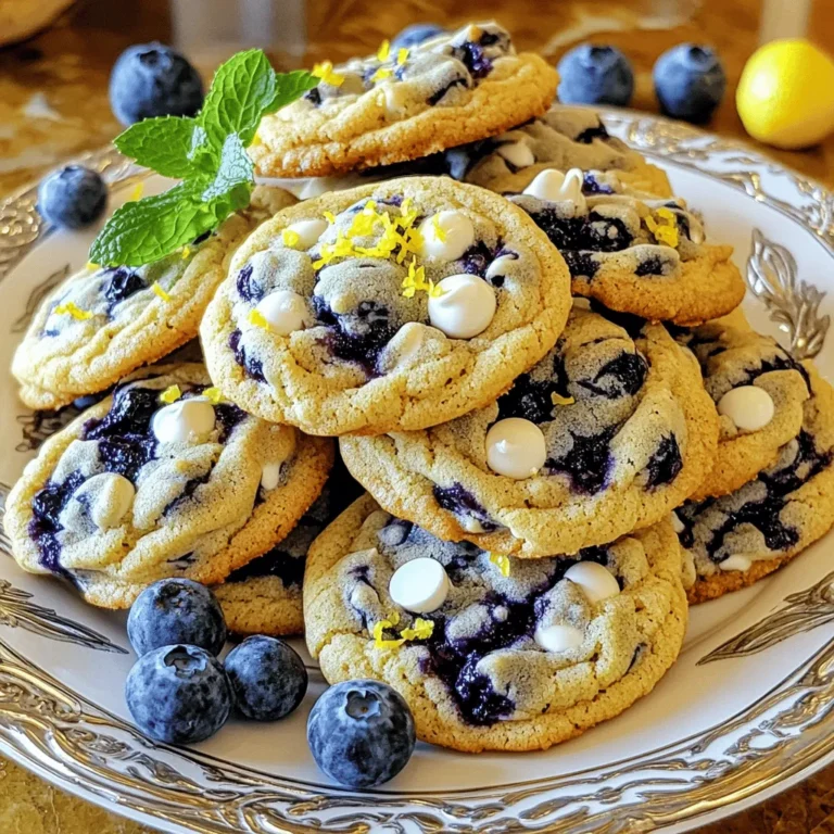 To make Blueberry Heaven Cookies, you need the following ingredients: - 1 cup unsalted butter, softened - 1 cup brown sugar, packed - 1/2 cup granulated sugar - 2 large eggs - 1 teaspoon vanilla extract - 2 1/2 cups all-purpose flour - 1 teaspoon baking soda - 1/2 teaspoon salt - 1 cup fresh blueberries (or frozen, but thawed) - 1/2 cup white chocolate chips - Zest of 1 lemon These ingredients work in harmony to create a sweet, soft cookie. The butter gives it richness, while the sugars add sweetness. Eggs bind the dough and provide moisture. The flour and baking soda help the cookies rise and create a nice texture. You can customize your cookies by adding: - 1/2 cup chopped nuts (like walnuts or pecans) - 1/4 cup coconut flakes - 1 teaspoon cinnamon for warmth These extras can change the flavor and texture. Nuts add crunch, coconut brings a tropical twist, and cinnamon can enhance the sweetness. - Blueberries: Fresh blueberries burst with flavor and juice when baked. They provide vitamins and antioxidants. Frozen blueberries work too, but thaw them first. - White Chocolate Chips: They add creaminess and sweetness. You can swap them for dark chocolate chips for a richer taste. - Lemon Zest: This adds a bright, fresh flavor that balances the sweetness. It enhances the overall taste and aroma of the cookies. For the full recipe, refer to the [Full Recipe]. To start, gather your ingredients. You will need butter, sugars, eggs, vanilla, flour, baking soda, salt, blueberries, white chocolate chips, and lemon zest. First, preheat your oven to 350°F (175°C). Line two baking sheets with parchment paper. This step keeps the cookies from sticking. In a large bowl, cream the softened butter with brown and granulated sugar until fluffy. This takes about 2 minutes. Next, add the eggs one at a time. Mix well after each egg. Stir in the vanilla extract for great flavor. In another bowl, whisk together the flour, baking soda, and salt. Gradually add this dry mix to the creamed ingredients. Mix until just combined. Be careful not to overmix. Now, gently fold in the fresh blueberries and white chocolate chips. Use a spatula to avoid crushing the berries. Using a cookie scoop or tablespoon, drop the batter onto the baking sheets. Space them about 2 inches apart. This gives them room to spread. Sprinkle a little lemon zest on top of each cookie for a fresh twist. Bake the cookies for 12-15 minutes. Look for golden edges with soft centers. Remove them from the oven and let them cool on the baking sheet for 5 minutes. This helps them set before moving them. After 5 minutes, transfer the cookies to a wire rack. Let them cool completely. For a fun presentation, stack the cookies in a glass jar. You can also place them on a decorative plate. Garnish with extra blueberries and a mint sprig. This makes them look as good as they taste! Enjoy these Blueberry Heaven Cookies with friends or family. For the full recipe, refer to the recipe section. To make the best Blueberry Heaven Cookies, follow these tips: - Use Softened Butter: Start with butter at room temperature. This helps create a light texture. - Don’t Overmix: Mix until just combined to keep cookies tender. - Chill the Dough: If you have time, chill the dough for 30 minutes. It helps with shaping and keeps cookies from spreading too much. - Use a Cookie Scoop: This ensures even-sized cookies. They’ll bake uniformly and look great. Here are some common mistakes to watch out for: - Using Cold Butter: Cold butter can lead to hard cookies. Always soften it first. - Skipping the Baking Soda: Baking soda is key for a nice rise. Don’t forget it! - Overbaking: Check cookies 2 minutes before the timer goes off. They should be golden at the edges but soft in the center. - Crushing Blueberries: Gently fold in blueberries to keep them whole and juicy. Want to take your cookies to the next level? Try these ideas: - Citrus Zest: Add more lemon zest for a brighter flavor. Orange zest also works well. - Nuts: Chopped walnuts or pecans add a nice crunch. - Spices: A pinch of cinnamon can add warmth and depth. - Dried Fruit: Replace some blueberries with dried cranberries for a different twist. For a full recipe, check the [Full Recipe]. {{image_2}} If you don't have blueberries, you can swap them out. Raspberries and chopped strawberries work well. You can also use chopped apples for a different flavor. Each fruit will give a unique twist to your cookies. You can mix in fun ingredients to change the taste. Here are some ideas: - 1/2 cup chopped walnuts or pecans for crunch - 1/2 cup dried cranberries or cherries for sweetness - 1/2 cup shredded coconut for a tropical feel Try different combinations to discover your favorite mix! You can easily make these cookies gluten-free. Use a 1:1 gluten-free flour blend instead of all-purpose flour. For vegan cookies, replace the eggs with flaxseed meal or applesauce. Also, use vegan butter and dairy-free chocolate chips. These changes will keep the cookies delicious and safe for everyone. For the full recipe, check out the Blueberry Heaven Cookies section. To keep your Blueberry Heaven Cookies fresh, store them in an airtight container. Place parchment paper between layers of cookies to prevent sticking. Keep the container at room temperature for up to five days. For added softness, you can include a slice of bread in the container. The bread will help retain moisture. You can freeze Blueberry Heaven Cookies for later enjoyment. First, let the cookies cool completely. Then, place them in a single layer on a baking sheet. Freeze for about an hour. Once frozen, transfer them to a freezer-safe bag or container. Label the bag with the date. These cookies can last up to three months in the freezer. When ready to eat, just thaw at room temperature. Blueberry Heaven Cookies stay tasty for about five days at room temperature. If you want to enjoy them warm, you can reheat them. Place a cookie in the microwave for about 10-15 seconds. This will make it soft and warm again. You can also use an oven. Preheat it to 300°F and heat the cookies for about five minutes. Enjoy your warm treats! To keep your cookies fresh, store them in an airtight container. Place parchment paper between layers to avoid sticking. They stay good for about a week at room temperature. For longer storage, put them in the fridge to last up to two weeks. Yes, you can use frozen blueberries for Blueberry Heaven Cookies. Just make sure to thaw and drain them first. This helps keep the dough from getting too wet. Frozen blueberries may be softer, so handle them gently to avoid smashing them. You can make Blueberry Heaven Cookies healthier by swapping some ingredients. Use whole wheat flour for added fiber. Replace half the butter with applesauce to cut fat. You can also reduce sugar by a quarter and still enjoy sweet cookies. Adding nuts can boost protein too. Pre-made Blueberry Heaven Cookies are not common, but you may find similar ones in local bakeries. Large grocery stores sometimes carry gourmet cookies. You can also check online for bakeries that ship cookies. However, making them at home is a fun and tasty way to enjoy them! For the full recipe, check out the recipe section above. You now have all you need to make Blueberry Heaven Cookies. We covered the ingredients, step-by-step instructions, and baking tips. You can even try different variations to suit your taste. Remember, the key is to avoid common mistakes and enhance flavors. When stored properly, these cookies will stay fresh and tasty. They can also be frozen for later! Enjoy making and sharing these delicious treats. Happy baking!