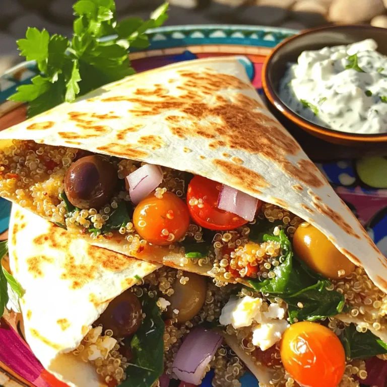 For a tasty Mediterranean Quesadilla, gather these simple ingredients: - 4 large flour tortillas - 1 cup cooked quinoa - 1/2 cup cherry tomatoes, halved - 1 cup fresh spinach, chopped - 1/2 cup Kalamata olives, pitted and sliced - 1/2 cup feta cheese, crumbled - 1/4 cup red onion, thinly sliced - 1 teaspoon dried oregano - 1 teaspoon garlic powder - Olive oil for cooking - Salt and pepper to taste Each ingredient plays a key role in this dish. Let’s look at them closely. - Flour tortillas: These form the base of the quesadilla. They hold everything together and add a nice crunch when cooked. - Cooked quinoa: This grain adds protein and vitamins. It makes the dish hearty and filling. - Cherry tomatoes: Their sweet flavor brightens up the quesadilla. They also add moisture. - Fresh spinach: Spinach brings color and nutrients. It adds a mild taste that works well with other flavors. - Kalamata olives: These olives add a salty, tangy kick. They give the quesadilla an authentic Mediterranean flair. - Feta cheese: Crumbled feta adds creaminess and a sharp taste. It melts beautifully when cooked. - Red onion: The onion gives a slight sweetness and crunch. It adds layers of flavor. - Dried oregano and garlic powder: These spices enhance the taste. They bring a warm, aromatic essence to the dish. Using fresh ingredients is best when possible. Fresh herbs and vegetables often taste better. They also add more nutrients. Here are some tips: - Fresh spinach is always better than dried. It wilts and adds a nice texture. - Cherry tomatoes should be fresh for the best flavor. Canned tomatoes can be too mushy. - Dried oregano works well, but fresh oregano can give a brighter taste if you have it. - Use fresh garlic instead of garlic powder for a stronger flavor, but remember to chop it finely. For the best Mediterranean Quesadilla, try to use fresh ingredients whenever you can. You can find the full recipe above for more details. Start by gathering your ingredients. In a large bowl, mix together the filling. Add 1 cup of cooked quinoa. Then, toss in 1/2 cup of halved cherry tomatoes. Next, add 1 cup of chopped fresh spinach. Don't forget 1/2 cup of sliced Kalamata olives and 1/2 cup of crumbled feta cheese. Finally, mix in 1/4 cup of thinly sliced red onion. Season this mix with 1 teaspoon of dried oregano, 1 teaspoon of garlic powder, salt, and pepper. Stir well until everything is combined. This filling is bright and flavorful. Heat a large skillet over medium heat. Drizzle a bit of olive oil into the pan. Place one tortilla in the skillet. Spread half of the filling evenly over the tortilla. Top it off with a second tortilla. Cook for about 3-4 minutes. You want the bottom to turn golden brown. Carefully flip the quesadilla. Cook for another 3-4 minutes until the other side is golden. The cheese should melt perfectly. Once done, remove it from the skillet and let it cool for a minute. Slice it into wedges. Repeat this for the remaining tortillas and filling. To get that nice golden color, keep an eye on the heat. Too high heat burns the tortillas. Use medium heat for even cooking. Make sure to add enough olive oil in the pan. It helps achieve that perfect texture. Always check the bottom before flipping. If it’s not brown yet, give it more time. Patience is key here. Enjoy your quesadilla hot and fresh! If you want more details, check the Full Recipe. To get the best flavor in your Mediterranean quesadilla, use fresh ingredients. Fresh spinach and ripe cherry tomatoes really shine. The Kalamata olives add a salty kick. Mix in crumbled feta for creaminess. Don't forget the herbs! Dried oregano and garlic powder bring out the taste. One common mistake is overfilling the quesadilla. This can make it hard to flip. Stick to half of the filling for each tortilla. Also, make sure your skillet is hot enough. If it’s too cool, the tortillas won’t brown well. Finally, avoid cooking on high heat. This can burn the outside while leaving the inside cold. Serve your quesadilla warm for the best taste. Pair it with tzatziki sauce for a refreshing dip. You can also try a simple yogurt dip. For a nice touch, garnish with fresh parsley or mint leaves. Present the quesadilla on a colorful plate to impress your guests. For the full recipe, check out the complete instructions above. {{image_2}} You can easily add protein to your Mediterranean quesadilla. Chicken is a great choice. Cooked chicken breast works best. Just shred or chop it and mix it in. Tofu is another option. Use firm tofu for the best texture. Press it to remove excess water, then cube it. Sauté it with some olive oil until golden. You can also use shrimp or chickpeas for added protein. If you want to switch up the veggies, you have many options. Bell peppers add a nice crunch. Zucchini is also tasty. You can sauté or grill these veggies first. Artichoke hearts or sun-dried tomatoes bring a unique flavor. Try adding roasted red peppers for a sweet touch. Just make sure to chop them small so they fit well in your quesadilla. Feta cheese is key in this recipe, but you can switch it out. Goat cheese offers a creamy texture and tangy flavor. Mozzarella is another good choice. It melts nicely and has a mild taste. You can even try vegan cheese if you're avoiding dairy. Just pick a brand that melts well. Each cheese will change the taste, so choose what you love. For the Full Recipe, look back at the ingredients and instructions to create a delicious meal. Store any leftover Mediterranean quesadilla in an airtight container. It stays fresh for up to three days in the fridge. Make sure it cools down to room temperature before sealing. This helps prevent moisture buildup, which can make the quesadilla soggy. You can freeze the quesadilla for up to three months. Wrap each quesadilla tightly in plastic wrap. Then place them in a freezer-safe bag. Make sure to squeeze out all the air. Label the bag with the date for easy reference later. To reheat, I recommend using a skillet. Heat on medium for about 5 minutes on each side. This will make it crispy again. You can also use the oven. Preheat it to 350°F (175°C). Place the quesadilla on a baking sheet and heat for 10-15 minutes. Enjoy it with your favorite dipping sauce. For the full recipe, check the earlier sections. A Mediterranean quesadilla is a fun twist on the classic dish. It combines flavors from Mediterranean cuisine with the familiar quesadilla format. You fill tortillas with ingredients like quinoa, feta cheese, olives, and fresh veggies. This creates a tasty meal that is both healthy and satisfying. The warm tortillas hold all the delicious fillings together, making each bite a burst of flavor. Yes, you can easily make this recipe vegetarian or vegan. To make it vegetarian, simply keep the feta cheese. For a vegan version, replace feta with a vegan cheese or skip it altogether. You can also add more veggies to enhance flavor and texture. Think about using mushrooms, bell peppers, or artichokes for a great touch. You can get creative with your Mediterranean quesadilla in many ways. Here are some ideas: - Add Protein: Chicken, shrimp, or chickpeas can boost the protein. - Change Veggies: Use any fresh vegetables you love, like zucchini or bell peppers. - Spice It Up: Add spices like cumin or paprika for more flavor. - Different Cheeses: Try goat cheese or mozzarella for a new taste. Feel free to explore and find your perfect mix. For the complete recipe, check out the Full Recipe section! This blog post explored making a delicious Mediterranean quesadilla. We looked closely at key ingredients, preparation steps, and cooking tips. You learned how to achieve the best flavor while avoiding common mistakes. We also discussed exciting variations and how to store leftovers properly. In the end, cooking can be fun. Experiment with ingredients and make your quesadilla unique. Enjoy your tasty creation!