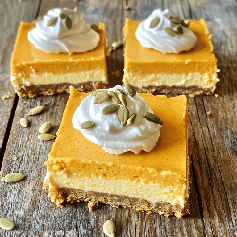 To make pumpkin cheesecake bars, you need a few key ingredients. Here’s what you will need: - 1 ½ cups graham cracker crumbs - ½ cup unsalted butter, melted - 1 cup cream cheese, softened - ½ cup granulated sugar - 1 cup pumpkin puree (canned or fresh) - 2 large eggs - 1 teaspoon vanilla extract - 1 teaspoon ground cinnamon - ½ teaspoon ground nutmeg - ½ teaspoon ground ginger - ¼ teaspoon salt Each ingredient plays an important role. The graham cracker crumbs create a tasty crust. The cream cheese gives the bars that rich and creamy texture. Pumpkin puree adds flavor and color. The spices bring warmth that makes these bars perfect for fall. Want to make your bars even more special? Here are some options: - Whipped cream for a light, fluffy topping - Pumpkin seeds for a crunchy garnish - A sprinkle of cinnamon for extra flavor These toppings not only look great but also add delicious taste and texture. You may want to swap out some ingredients. Here are a few easy substitutions: - Use coconut oil instead of butter for a dairy-free option. - Greek yogurt can replace cream cheese for a lighter version. - If you need a gluten-free crust, try using almond flour or gluten-free graham crackers. These swaps keep the essence of pumpkin cheesecake bars while catering to different diets. For the full recipe, check out the detailed instructions above. Start by preheating your oven to 350°F (175°C). Grab an 8x8 inch baking dish. Line it with parchment paper. Leave some paper hanging over the edges. This will help you lift the bars out later. In a medium bowl, mix 1 ½ cups of graham cracker crumbs with ½ cup of melted butter. Stir until the crumbs are coated. Press this mixture firmly into the bottom of your lined dish. Make sure it’s even and compact. Bake the crust for about 8-10 minutes. It should look set and slightly golden. Let it cool for a bit. In a large mixing bowl, beat 1 cup of softened cream cheese using a hand mixer. Keep mixing until it’s smooth. Gradually add in ½ cup of granulated sugar. Mix until combined. Next, add in 1 cup of pumpkin puree, 2 large eggs, and 1 teaspoon of vanilla extract. Don’t forget the spices: 1 teaspoon of ground cinnamon, ½ teaspoon of ground nutmeg, ½ teaspoon of ground ginger, and ¼ teaspoon of salt. Mix all these until smooth. Pour the pumpkin filling over your cooled graham cracker crust. Use a spatula to spread it evenly. Bake this in the oven for 30-35 minutes. The edges should be set, but the center can jiggle a bit. Take it out and let it cool to room temperature. After that, refrigerate it for at least 2 hours. Once chilled, lift the bars out using the parchment paper. Cut them into squares. You can top them with whipped cream and sprinkle pumpkin seeds if you like. For the full recipe, refer to the earlier section. Enjoy your delicious pumpkin cheesecake bars! To make your pumpkin cheesecake bars creamy, use room temperature cream cheese. Cold cream cheese can lead to lumps. Mix slowly to keep air out. Be sure to bake until the edges are set but the center still jiggles. This ensures a smooth texture once cooled. One common mistake is overmixing the filling. Overmixing adds too much air, which can cause cracks during baking. Another mistake is skipping the cooling step. Letting the bars cool before refrigerating helps them set properly. Lastly, don’t forget to line your dish with parchment paper. It makes lifting the bars out much easier. Serve these bars with a dollop of whipped cream. It adds a light and fluffy touch. Sprinkle some pumpkin seeds on top for a nice crunch. Want to impress your guests? Pair the bars with a spiced coffee. For the full recipe, check out the complete instructions above. {{image_2}} You can make vegan pumpkin cheesecake bars easily. Just swap the cream cheese for a plant-based version. Use coconut cream or cashew cream for a rich texture. Replace the eggs with flaxseed meal or chia seeds. Mix 1 tablespoon of flaxseed meal with 2.5 tablespoons of water to replace one egg. This makes a great binder. The bars will taste just as good, and no one will know they are vegan! To make gluten-free pumpkin cheesecake bars, use gluten-free graham cracker crumbs. You can also use crushed nuts or oats as a crust base. Just mix them with melted butter and press them into the pan. Make sure to check all other ingredients for gluten. Most spices and pumpkin puree are gluten-free. This way, everyone can enjoy these tasty bars! There are many ways to add flavor to your pumpkin cheesecake bars. You can mix in chocolate chips for a sweet touch. You can also add chopped nuts for some crunch. A dash of maple syrup can give a nice twist. If you love spices, try adding allspice or cloves for depth. These small changes can make your bars even more delicious and fun to eat. For the full recipe, check the earlier section! Store your pumpkin cheesecake bars in an airtight container. Place parchment paper between layers if stacking. This keeps them fresh and prevents sticking. They will stay good in the fridge for up to five days. Make sure to cool them fully before storing. You can freeze these bars for later. Cut them into squares first. Wrap each square tightly in plastic wrap. Then, place them in a freezer-safe bag or container. They can last up to three months in the freezer. To enjoy later, thaw them in the fridge overnight. These bars taste best when chilled. Serve them cold or at room temperature. If you want a little warmth, let them sit out for 15 minutes before serving. This way, you can enjoy their creamy texture and rich flavor. For an extra treat, add whipped cream on top just before serving. Try the Full Recipe for a delightful dessert! You can tell the bars are done when the edges look set. The center should have a slight jiggle, but not be runny. If the top starts to crack, it might be overbaked. Make sure to watch them closely in the last few minutes of baking. Yes, you can use fresh pumpkin! Just make sure to cook it and puree it well. Fresh pumpkin may have more water than canned, so drain any excess liquid. This way, your bars will still turn out creamy and smooth. The pumpkin cheesecake bars will stay fresh for about 4 to 5 days in the fridge. Keep them in an airtight container to maintain their flavor. If you want them to last longer, consider freezing them. Absolutely! You can make these bars a day or two ahead. Just bake them, cool them, and store them in the fridge. This way, they’ll be ready to serve when you need them. Plus, the flavors get even better as they sit! For the full recipe, check the details above. You learned all about making tasty pumpkin cheesecake bars. We covered key ingredients, how to prepare them, and tips for the best results. I shared options for vegan and gluten-free versions, with storage advice too. These bars are fun to make and perfect for any season. Share them with friends and family, or enjoy them on your own. Enjoy your baking journey!