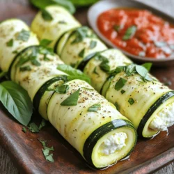To make these tasty Herbed Ricotta Zucchini Roll Ups, you will need: - 2 medium zucchinis - 1 cup ricotta cheese - 1/4 cup grated Parmesan cheese - 1/4 cup fresh basil, finely chopped - 2 tablespoons fresh parsley, finely chopped - 1 garlic clove, minced - 1 teaspoon lemon zest - Salt and pepper to taste - 1 cup marinara sauce (for serving) - Olive oil for drizzling You can enhance the flavor of the roll ups with these extras: - Crushed red pepper flakes for heat - Fresh oregano or thyme for more herb flavor - A splash of balsamic vinegar for a tangy twist - Sun-dried tomatoes for a bit of sweetness Feel free to mix and match these options to make your roll ups unique! If you have dietary needs, here are some great swaps: - Use dairy-free ricotta for a vegan option. - Replace Parmesan with nutritional yeast for a cheesy taste without dairy. - Try gluten-free marinara if you need it to be gluten-free. - Use eggplant slices instead of zucchini for a different vegetable base. These changes keep the dish tasty while catering to different diets. For the full experience, don’t forget to check the Full Recipe. Start by preheating your oven to 400°F (200°C). This heat helps soften the zucchini. Next, take two medium zucchinis and slice them lengthwise. Use a vegetable peeler or mandoline. Aim for thin strips about 1/8-inch thick. You will need 12 to 16 strips. Lay them on a baking sheet lined with parchment paper. Drizzle the strips with olive oil and sprinkle some salt. Roast them in the oven for 10 minutes until they soften. Once done, let them cool slightly. In a mixing bowl, combine the ricotta cheese, grated Parmesan cheese, fresh basil, fresh parsley, minced garlic, lemon zest, salt, and pepper. Mix these well until you have a creamy filling. This blend adds great flavor to your roll ups. You can taste and adjust the seasoning if needed. Take a zucchini strip and spoon about 1 tablespoon of the ricotta mixture at one end. Carefully roll it up, keeping the filling inside. Place the roll up seam-side down on a serving plate. Repeat this process with the rest of the zucchini strips until you use all the filling. This part is fun and easy! You can serve the roll ups warm or at room temperature. Pair them with marinara sauce for dipping. This adds a lovely touch to the dish. For a beautiful presentation, arrange the roll ups on a large platter. Drizzle with extra olive oil and sprinkle more herbs on top. This makes the dish look and taste great! Check out the Full Recipe for all the details. When I slice zucchini for roll ups, I aim for thin strips. Use a vegetable peeler or a mandoline for even slices. Aim for about 1/8-inch thick. This thinness allows the zucchini to cook well without being too chewy. Slicing lengthwise gives a nice shape for rolling. You can get about 12-16 strips from two medium zucchinis. To get the right ricotta texture, mix it well with other ingredients. I blend in grated Parmesan, fresh herbs, and garlic. This mix should be creamy but not too runny. If it feels too thick, add a splash of olive oil or lemon juice. Taste it; it should be tasty with a hint of salt and pepper. This filling makes every bite burst with flavor. For a beautiful display, arrange the roll ups on a large platter. Drizzle them with olive oil for shine. Sprinkle extra herbs on top for color. You can also serve them with marinara sauce for dipping. This adds a lovely contrast to the green zucchini. A colorful plate makes the dish appealing and fun to eat. For the full recipe, check out the details above. {{image_2}} You can change the taste of your Herbed Ricotta Zucchini Roll Ups with different herbs and cheeses. Try using oregano or thyme for a new twist. If you love cheese, substitute the Parmesan with mozzarella or feta. This will give your roll ups a creamy or tangy flavor. Mixing in a bit of sun-dried tomatoes or spinach can also add color and taste. These roll ups work well as both appetizers and main dishes. If serving as an appetizer, cut them into bite-sized pieces and place them on a platter. Drizzle with olive oil and sprinkle extra herbs on top. For a main course, serve them with a side salad or garlic bread. You can also layer them in a baking dish with marinara sauce and bake until bubbly. Grilling your zucchini roll ups gives them a nice smoky flavor. Brush the assembled roll ups with olive oil and grill them over medium heat for about 3-4 minutes on each side. If you prefer frying, heat some olive oil in a pan and fry the roll ups until golden brown. Both methods will add a crispy texture that complements the creamy filling. For the full recipe, check the above section. After you enjoy your Herbed Ricotta Zucchini Roll Ups, you may have some left. To keep them fresh, place the roll ups in an airtight container. Make sure to layer parchment paper between them. This helps prevent them from sticking together. Store the container in the fridge. They should stay good for about 3 days. When you're ready to eat the leftovers, reheating is easy. Preheat your oven to 350°F (175°C). Place the roll ups on a baking sheet. Cover them with foil to keep them from drying out. Bake for about 10-15 minutes, or until they are warm. You can also use a microwave. Just heat them for 1-2 minutes on a microwave-safe plate. If you want to save some roll ups for later, freezing works well. First, let the roll ups cool completely. Then, place them in a single layer on a baking sheet. Put them in the freezer for about 1 hour. This helps them freeze without sticking together. After that, transfer the roll ups to a freezer-safe bag or container. They can last up to 2 months in the freezer. When you're ready to eat them, thaw in the fridge overnight and reheat as mentioned above. Yes, you can! Eggplant and bell peppers work well too. Slice them thin like zucchini. You can also try yellow squash for a twist. Each veggie adds its own flavor, so feel free to experiment. The roll ups should be golden and slightly crispy on the edges. The cheese inside will be warm and gooey. If you see bubbling marinara sauce, that means they’re ready to serve! These roll ups pair nicely with marinara sauce for dipping. You can also serve them with a fresh salad or garlic bread. A light Italian white wine enhances the meal too. These roll ups stay fresh for about 3 days in the fridge. Store them in an airtight container to keep them tasty. Just reheat them gently before serving again. Yes, you can prepare them in advance! Assemble the roll ups and store them in the fridge. Bake them just before serving. That way, you’ll have a fresh dish with minimal effort. Check out the Full Recipe for more details! In this post, I covered how to make herbed ricotta zucchini roll-ups. You learned about key ingredients, including options for different diets. I explained step-by-step how to prepare and bake these rolls. I shared tips for slicing zucchini and achieving the right ricotta texture. You also explored variations, storage tips, and common questions. These roll-ups are easy to make and taste great. Try them out, share with friends, and enjoy your cooking!