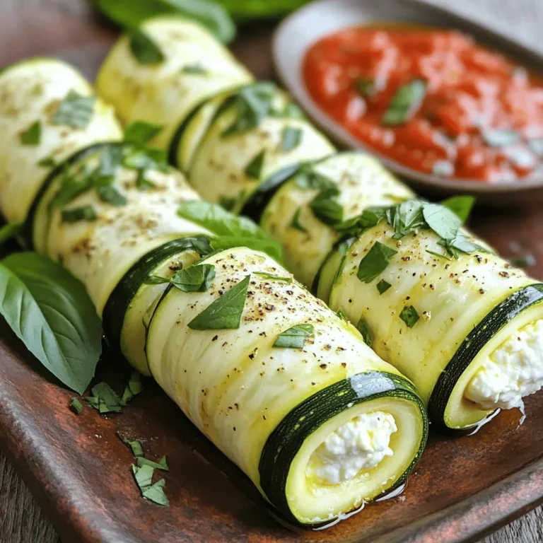 To make these tasty Herbed Ricotta Zucchini Roll Ups, you will need: - 2 medium zucchinis - 1 cup ricotta cheese - 1/4 cup grated Parmesan cheese - 1/4 cup fresh basil, finely chopped - 2 tablespoons fresh parsley, finely chopped - 1 garlic clove, minced - 1 teaspoon lemon zest - Salt and pepper to taste - 1 cup marinara sauce (for serving) - Olive oil for drizzling You can enhance the flavor of the roll ups with these extras: - Crushed red pepper flakes for heat - Fresh oregano or thyme for more herb flavor - A splash of balsamic vinegar for a tangy twist - Sun-dried tomatoes for a bit of sweetness Feel free to mix and match these options to make your roll ups unique! If you have dietary needs, here are some great swaps: - Use dairy-free ricotta for a vegan option. - Replace Parmesan with nutritional yeast for a cheesy taste without dairy. - Try gluten-free marinara if you need it to be gluten-free. - Use eggplant slices instead of zucchini for a different vegetable base. These changes keep the dish tasty while catering to different diets. For the full experience, don’t forget to check the Full Recipe. Start by preheating your oven to 400°F (200°C). This heat helps soften the zucchini. Next, take two medium zucchinis and slice them lengthwise. Use a vegetable peeler or mandoline. Aim for thin strips about 1/8-inch thick. You will need 12 to 16 strips. Lay them on a baking sheet lined with parchment paper. Drizzle the strips with olive oil and sprinkle some salt. Roast them in the oven for 10 minutes until they soften. Once done, let them cool slightly. In a mixing bowl, combine the ricotta cheese, grated Parmesan cheese, fresh basil, fresh parsley, minced garlic, lemon zest, salt, and pepper. Mix these well until you have a creamy filling. This blend adds great flavor to your roll ups. You can taste and adjust the seasoning if needed. Take a zucchini strip and spoon about 1 tablespoon of the ricotta mixture at one end. Carefully roll it up, keeping the filling inside. Place the roll up seam-side down on a serving plate. Repeat this process with the rest of the zucchini strips until you use all the filling. This part is fun and easy! You can serve the roll ups warm or at room temperature. Pair them with marinara sauce for dipping. This adds a lovely touch to the dish. For a beautiful presentation, arrange the roll ups on a large platter. Drizzle with extra olive oil and sprinkle more herbs on top. This makes the dish look and taste great! Check out the Full Recipe for all the details. When I slice zucchini for roll ups, I aim for thin strips. Use a vegetable peeler or a mandoline for even slices. Aim for about 1/8-inch thick. This thinness allows the zucchini to cook well without being too chewy. Slicing lengthwise gives a nice shape for rolling. You can get about 12-16 strips from two medium zucchinis. To get the right ricotta texture, mix it well with other ingredients. I blend in grated Parmesan, fresh herbs, and garlic. This mix should be creamy but not too runny. If it feels too thick, add a splash of olive oil or lemon juice. Taste it; it should be tasty with a hint of salt and pepper. This filling makes every bite burst with flavor. For a beautiful display, arrange the roll ups on a large platter. Drizzle them with olive oil for shine. Sprinkle extra herbs on top for color. You can also serve them with marinara sauce for dipping. This adds a lovely contrast to the green zucchini. A colorful plate makes the dish appealing and fun to eat. For the full recipe, check out the details above. {{image_2}} You can change the taste of your Herbed Ricotta Zucchini Roll Ups with different herbs and cheeses. Try using oregano or thyme for a new twist. If you love cheese, substitute the Parmesan with mozzarella or feta. This will give your roll ups a creamy or tangy flavor. Mixing in a bit of sun-dried tomatoes or spinach can also add color and taste. These roll ups work well as both appetizers and main dishes. If serving as an appetizer, cut them into bite-sized pieces and place them on a platter. Drizzle with olive oil and sprinkle extra herbs on top. For a main course, serve them with a side salad or garlic bread. You can also layer them in a baking dish with marinara sauce and bake until bubbly. Grilling your zucchini roll ups gives them a nice smoky flavor. Brush the assembled roll ups with olive oil and grill them over medium heat for about 3-4 minutes on each side. If you prefer frying, heat some olive oil in a pan and fry the roll ups until golden brown. Both methods will add a crispy texture that complements the creamy filling. For the full recipe, check the above section. After you enjoy your Herbed Ricotta Zucchini Roll Ups, you may have some left. To keep them fresh, place the roll ups in an airtight container. Make sure to layer parchment paper between them. This helps prevent them from sticking together. Store the container in the fridge. They should stay good for about 3 days. When you're ready to eat the leftovers, reheating is easy. Preheat your oven to 350°F (175°C). Place the roll ups on a baking sheet. Cover them with foil to keep them from drying out. Bake for about 10-15 minutes, or until they are warm. You can also use a microwave. Just heat them for 1-2 minutes on a microwave-safe plate. If you want to save some roll ups for later, freezing works well. First, let the roll ups cool completely. Then, place them in a single layer on a baking sheet. Put them in the freezer for about 1 hour. This helps them freeze without sticking together. After that, transfer the roll ups to a freezer-safe bag or container. They can last up to 2 months in the freezer. When you're ready to eat them, thaw in the fridge overnight and reheat as mentioned above. Yes, you can! Eggplant and bell peppers work well too. Slice them thin like zucchini. You can also try yellow squash for a twist. Each veggie adds its own flavor, so feel free to experiment. The roll ups should be golden and slightly crispy on the edges. The cheese inside will be warm and gooey. If you see bubbling marinara sauce, that means they’re ready to serve! These roll ups pair nicely with marinara sauce for dipping. You can also serve them with a fresh salad or garlic bread. A light Italian white wine enhances the meal too. These roll ups stay fresh for about 3 days in the fridge. Store them in an airtight container to keep them tasty. Just reheat them gently before serving again. Yes, you can prepare them in advance! Assemble the roll ups and store them in the fridge. Bake them just before serving. That way, you’ll have a fresh dish with minimal effort. Check out the Full Recipe for more details! In this post, I covered how to make herbed ricotta zucchini roll-ups. You learned about key ingredients, including options for different diets. I explained step-by-step how to prepare and bake these rolls. I shared tips for slicing zucchini and achieving the right ricotta texture. You also explored variations, storage tips, and common questions. These roll-ups are easy to make and taste great. Try them out, share with friends, and enjoy your cooking!