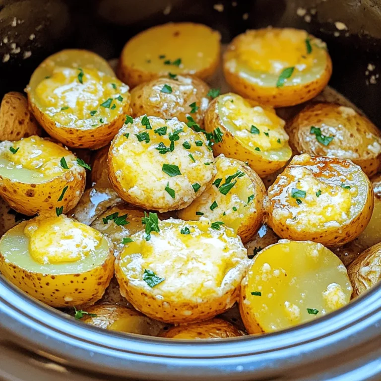 To make these tasty Crockpot Parmesan potatoes, you will need: - 2 pounds baby potatoes, halved - 1 cup grated Parmesan cheese - 1/2 cup unsalted butter, melted - 1 teaspoon garlic powder - 1 teaspoon onion powder - 1 teaspoon Italian seasoning - Salt and pepper to taste - Fresh parsley, chopped, for garnish These main ingredients create a rich, cheesy flavor that pairs well with the soft potatoes. You can add a few optional ingredients to enhance the taste: - Crushed red pepper flakes for heat - Fresh herbs like thyme or rosemary - Sour cream or cream cheese for creaminess Feel free to get creative. These options can add a unique twist to your dish. Using quality ingredients makes a big difference. Here are some tips: - Choose fresh baby potatoes. They should be firm and smooth. - Go for a good brand of Parmesan cheese. Freshly grated cheese melts better. - Use unsalted butter to control the saltiness. This helps balance flavors. With these tips, your Crockpot Parmesan potatoes will shine. For the full recipe, check the details above. To start, wash the baby potatoes and dry them well. Next, cut each potato in half. This helps them cook evenly. In a large bowl, mix the melted butter, grated Parmesan cheese, garlic powder, onion powder, Italian seasoning, salt, and pepper. Stir until everything blends together smoothly. Then, add the halved potatoes to the bowl. Toss them gently in the cheese mixture. Make sure each potato gets a nice coating. Now, transfer the coated potatoes into the crockpot. Spread them out evenly inside. This helps them cook well. Cover the crockpot with its lid. Cook on low for 4-5 hours or on high for 2-3 hours. You want them to be fork-tender when done. After the cooking time, give the potatoes a gentle stir. This ensures they are coated in the buttery Parmesan sauce. Before serving, sprinkle freshly chopped parsley on top. This adds a pop of color and freshness. Serve the potatoes hot, straight from the crockpot. For a delightful touch, add more Parmesan and parsley on top. Everyone will love this easy comfort food delight! You can find the full recipe in the article for more detailed steps. When making Crockpot Parmesan Potatoes, avoid these common mistakes. First, do not skip washing the potatoes. Dirt can ruin the taste. Next, make sure to cut the potatoes in half evenly. This helps them cook at the same rate. Lastly, be careful with the seasoning. Too much salt can overpower the dish. To get perfectly cooked potatoes, keep a few tips in mind. Use small, evenly-sized baby potatoes. They cook faster and taste better. Set your crockpot to low for a longer cook time. This makes the potatoes tender and flavorful. If you’re in a hurry, cook on high, but check them often. Stir the potatoes halfway through cooking for even flavor. For this recipe, you need some basic tools. A good-quality crockpot is key. Look for one with adjustable heat settings. A large bowl helps mix all the ingredients well. Use a cutting board and a sharp knife for cutting the potatoes. Finally, have a serving spoon ready to dish out those delicious potatoes. For the full recipe, check out the detailed instructions! {{image_2}} You can easily change the flavor of your Crockpot Parmesan Potatoes. Try adding fresh herbs like rosemary or thyme for a nice twist. You can also swap Parmesan for cheddar or gouda. Mixing different cheeses adds depth to the dish. If you enjoy a bit of heat, consider adding some red pepper flakes. For a zesty touch, a squeeze of lemon juice will brighten the flavors. Get creative with your spice cabinet! You can make these potatoes gluten-free with no effort. All the ingredients are naturally gluten-free. If you want a vegan version, substitute the butter with olive oil and use vegan cheese. Coconut cream can also replace butter for a rich, creamy texture. These swaps ensure everyone can enjoy this dish, no matter their diet! Crockpot Parmesan Potatoes pair well with many meals. Serve them alongside grilled chicken or steak for a hearty dinner. They also shine next to roasted vegetables or a fresh salad. You can even enjoy them as a main dish with a dollop of sour cream or Greek yogurt on top. These potatoes are perfect for potlucks or family gatherings. Everyone will love this easy comfort food delight! For the full recipe, check out the instructions above! To store your leftover Crockpot Parmesan Potatoes, let them cool down first. Place the potatoes in an airtight container. Make sure to seal it tightly to keep the moisture in. You can store them in the fridge for up to three days. This keeps them fresh and ready for your next meal. When you’re ready to enjoy your leftovers, you have a few good options. You can reheat them in the microwave for quick meals. Just place them in a bowl and cover it with a lid. Heat in 30-second bursts, stirring in between, until hot. If you want a crispy texture, try using an oven. Spread the potatoes on a baking sheet and heat at 350°F for about 15 minutes. If you want to keep your Crockpot Parmesan Potatoes longer, freezing is a great option. Cool the potatoes completely before freezing. Use a freezer-safe container or freezer bag. Try to remove as much air as possible to prevent freezer burn. Label the bag with the date. You can freeze them for up to three months. When ready to eat, thaw them overnight in the fridge before reheating. Enjoy your tasty comfort food whenever you want! For the full recipe, check the details above. Yes, you can use other potatoes. Yukon Gold or red potatoes work well. They have a nice creaminess. I suggest cutting them into similar sizes. This helps them cook evenly. You can even try sweet potatoes for a twist! Leftovers last about three to four days in the fridge. Make sure to store them in an airtight container. This keeps them fresh and tasty. If you want to eat them later, check for any off smells. If they smell fine, they should be good to enjoy! Crockpot Parmesan Potatoes pair well with many dishes. Serve them with grilled chicken or fish. They also go great with a fresh salad. You can even enjoy them with steak for a hearty meal. Don't forget to add some veggies on the side for color and nutrition! You can find the full recipe for Crockpot Parmesan Potatoes at the top of the article. It includes all the ingredients and steps. This way, you can easily follow along and make your own batch of this comfort food delight! Crockpot Parmesan potatoes are simple and delicious. We covered essential ingredients and step-by-step cooking. You learned tips to avoid mistakes and how to get perfect results. We also explore fun variations and how to store your leftovers. With these details, you can enjoy making this dish anytime. Now, gather your ingredients and let the crockpot do the work. Happy cooking!