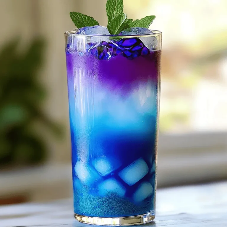To make the Blue Violet Gradient Drink, you will need: - 1 cup blue spirulina powder - 1 cup coconut water - 1 cup violet butterfly pea flower tea, cooled - 1 lime, juiced - Ice cubes If you like your drink sweeter, you can add: - 1 tablespoon honey or agave syrup For a touch of flair, consider these garnishes: - Fresh mint leaves for garnish These ingredients create a colorful and tasty drink. Each one plays a key role in the drink's look and flavor. The blue spirulina adds a vibrant hue and health benefits. Coconut water gives a tropical twist. The butterfly pea flower tea adds a lovely violet color. Lime juice gives it a refreshing zing. Feel free to adjust the sweetness. The optional honey or agave syrup can make a big difference. Finally, fresh mint leaves not only enhance the look but also add a fresh aroma. You can find the Full Recipe at the end of this section. To make butterfly pea flower tea, start with dried flowers. Use 1-2 teaspoons and add them to hot water. Let them steep for about 10 minutes. You want a deep blue color. After steeping, strain the tea to remove the flowers. Allow the tea to cool. This step is vital for a lovely gradient. Now it’s time to blend the base mixture. Grab a blender and add these ingredients: - 1 cup blue spirulina powder - 1 cup coconut water - 1 lime, juiced - 1 tablespoon honey or agave syrup (optional) Blend until the mix is smooth and frothy. The bright blue color will excite you. This mixture is the base for your drink. Get a tall glass and fill it with ice cubes. Pour the spirulina mixture over the ice, filling the glass halfway. Next, take your cooled butterfly pea flower tea. Pour it gently over the back of a spoon. This trick lets the tea float on top of the spirulina layer. You will see a stunning blue-violet gradient. It looks great and tastes even better! Enjoy your Blue Violet Gradient Drink! For the complete recipe, check the [Full Recipe]. To get that stunning blue-violet gradient, pour slowly. Start with the spirulina mix over ice. Then, use the back of a spoon to add the butterfly pea tea. This method helps it float. If you pour too fast, the colors will mix. You want the layers to stay separate. Feel free to tweak the taste! If you prefer a sweeter drink, add more honey or agave syrup. For more tartness, squeeze in extra lime juice. You can even try flavored coconut water for a twist. Each change will give you a unique drink. A good-looking drink makes it even better! Use clear glasses to show off the layers. Add fresh mint leaves on top for color and aroma. You can also use a slice of lime on the rim for a nice touch. This drink is all about beauty and taste, so make it shine! {{image_2}} You can choose many sweeteners for your Blue Violet Gradient Drink. Honey and agave syrup work well. If you want a healthy option, try stevia or monk fruit. They add sweetness without the extra sugar. Adjust the amount based on your taste. Just remember, less is often more! Want to mix it up? You can add different flavors to your drink. Try fresh fruit juices like pineapple or orange for a tropical twist. You can also add a splash of vanilla extract for a smooth taste. Experiment with different herbs, like basil or rosemary, for a unique touch. Each flavor brings a new vibe to your drink. Layering your drink is fun and easy! You can use other colorful drinks to create stunning layers. For example, try using pomegranate juice or raspberry puree. These add bright contrast and taste. Pour slowly over the back of a spoon to keep the layers separate. Mix and match colors for a beautiful effect. The more colors, the more fun! Storing leftover Blue Violet Gradient Drink is easy. Pour any extra drink into a clean, airtight container. You can keep it in the fridge for up to two days. Make sure to seal it well to prevent any flavors from mixing with other foods. To keep your drink fresh, store the spirulina mixture and butterfly pea tea separately. This helps maintain the drink's layers and flavors. When you're ready to serve, just mix the two again over ice. This way, you can enjoy that stunning gradient each time. This drink is best served cold. If you want to repurpose it, try using it as a smoothie base. Blend it with fruits like bananas or mangoes for a new treat. You can also freeze it into popsicles for a fun summer snack. The possibilities are endless! Blue spirulina is full of nutrients. It is high in protein, vitamins, and minerals. It boosts energy and supports your immune system. Spirulina also contains antioxidants, which help fight free radicals. These can cause cell damage. Adding blue spirulina to your diet may improve overall health and wellness. This makes it a great choice for a refreshing drink. Yes, you can use fresh butterfly pea flowers. Just steep them in hot water. This will create a lovely blue color. The flavor may differ slightly, but it will still taste great. Make sure to strain the flowers after steeping. This will give you a smooth drink. You can still make the drink without a blender. Mix the blue spirulina powder with coconut water using a whisk or fork. Stir until there are no lumps. Then, pour this mixture over ice in your glass. Slowly add the cooled butterfly pea flower tea over a spoon for the gradient effect. It may take a little more effort, but the drink will still look and taste amazing! This blog post covered all you need to create a stunning butterfly pea flower drink. We explored required and optional ingredients, along with step-by-step instructions for blending. I shared tips for the perfect gradient and variations to personalize your drink. Remember, presentation matters too. Store any leftovers properly to keep freshness. Try different flavors or sweeteners to find your favorite. Enjoy making this colorful drink, and impress your friends with your skills!