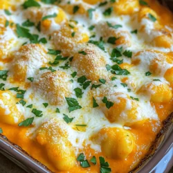 To make this tasty dish, gather the following ingredients: - 1 lb potato gnocchi (you can use store-bought or homemade) - 1 cup pumpkin puree (canned or fresh) - 1/2 cup grated Parmesan cheese - 4 tablespoons unsalted butter - 4 cloves garlic, minced - 1 teaspoon dried thyme - 1 teaspoon dried rosemary - Salt and pepper (to taste) - 1/2 cup heavy cream - 1/2 cup shredded mozzarella cheese - Fresh parsley (for garnish) Feel free to customize your bake! You can add extra spices or use different cheeses. If you want a bit of heat, sprinkle in some red pepper flakes. For a healthier twist, you can even swap in whole wheat gnocchi. This recipe is all about making it your own! 1. Preheat the oven. Set it to 375°F (190°C). This helps cook the dish evenly. 2. Cook the gnocchi. Bring a large pot of salted water to a boil. Add the gnocchi and cook until they float. This usually takes about 2-3 minutes. 3. Drain the gnocchi. Once they float, drain them in a colander and set them aside. This step is key to prevent mushiness. 4. Melt the butter. In a saucepan over medium heat, add the butter. Wait until it melts, but don't let it brown. 5. Sauté the garlic. Add minced garlic to the melted butter. Cook for 1-2 minutes until it smells good. Watch closely so it doesn’t burn. 6. Prepare the sauce. Stir in the pumpkin puree and heavy cream. Add dried thyme, dried rosemary, salt, and pepper. Mix well and heat until smooth. 7. Combine the gnocchi. Gently fold the cooked gnocchi into the sauce. This coats them nicely. 1. Transfer the mixture. Pour the gnocchi and sauce into a greased 9x13 inch baking dish. Spread it evenly. 2. Layer the cheese. Sprinkle grated Parmesan cheese over the top. Then add shredded mozzarella for that gooey texture. 3. Bake it. Place the dish in the preheated oven. Bake for 25-30 minutes, until the cheese is golden and bubbly. 4. Cool before serving. Take it out of the oven and let it sit for a few minutes. This makes serving easier. Tips for Texture: To get that perfect cheesy layer, make sure to use fresh cheese. Avoid pre-shredded cheese, as it can contain anti-caking agents that prevent melting. Time Management: You can cook the gnocchi and prepare the sauce at the same time. This saves you about 10 minutes. For the full recipe, refer to the Buttery Garlic Parm Pumpkin Gnocchi Bake instructions above. - Choosing gnocchi: Look for fresh potato gnocchi. Brands like Giovanni Rana or Whole Foods' store brand are great options. They have a good texture and cook well. - Enhancing flavors: Use fresh herbs when possible. Basil, oregano, or even sage can add depth. You can also add a pinch of red pepper flakes for a mild kick. - Cooking tools: A large pot for boiling, a good colander for draining, and a sturdy baking dish are key. A silicone spatula helps mix without breaking the gnocchi. - Handling gooey cheeses: Avoid stirring too hard after adding mozzarella. This can cause the cheese to clump and become tough. Just sprinkle it on and let it melt beautifully. - Preventing mushy gnocchi: Do not overcook the gnocchi in boiling water. They should cook only until they float. If they sit too long, they can absorb too much water. - Baking times and temperatures: Stick to 25-30 minutes at 375°F (190°C). Watch for a golden top. If it browns too fast, cover it loosely with foil. This keeps it from burning while the inside cooks. {{image_2}} You can easily switch out a few ingredients to suit your needs. - Gluten-free options for gnocchi: Look for gluten-free gnocchi made from rice or corn. These work well and keep the dish tasty. - Dairy-free alternatives for cream and cheeses: Use coconut cream for a rich base. Nutritional yeast gives a cheesy flavor without dairy. - Seasonal veggie additions to enhance the dish: Add spinach or kale for greens. Roasted mushrooms or squash can add depth to the flavor. Pairing your Buttery Garlic Parm Pumpkin Gnocchi Bake with the right sides can elevate the meal. - Ideas on what to serve alongside: A simple green salad with a lemon vinaigrette complements the richness. Garlic bread is also a great side. - Recommended wine pairings: Try a crisp white wine like Pinot Grigio. A light red like Pinot Noir works too. - Portioning the dish for family-style serving: Serve it straight from the baking dish. Use a large spoon to scoop out portions for everyone. This style feels warm and inviting. To keep your buttery garlic parm pumpkin gnocchi bake fresh, follow these steps: - Refrigeration: Store leftovers in an airtight container. It will last up to 3 days. - Freezing: If you want to save it longer, freeze it in a freezer-safe container. It lasts up to 3 months. For best shelf-life, use glass or plastic containers with tight lids. When you're ready to enjoy your leftovers, reheat them gently. Preheat your oven to 350°F (175°C). Place the gnocchi bake in an oven-safe dish. Cover it with foil to keep it moist. Bake for about 15-20 minutes until heated through. This method helps keep the cheese and gnocchi's texture intact. If you're busy during the week, make this dish ahead of time. - Making in Advance: You can prepare the entire dish and store it before baking. Just follow the recipe up to the baking step. - Assembling Ahead: Layer the gnocchi and sauce in the baking dish. Cover it tightly with plastic wrap or foil. You can also freeze it before or after baking. If freezing before, let it cool completely first. When you're ready to bake it, remove it from the freezer and let it thaw in the fridge overnight. Then, bake as directed. These tips make it easy to enjoy a delicious meal without the rush! Check out the Full Recipe for more details. What can I use instead of pumpkin puree? You can use butternut squash puree or sweet potato puree. Both options give a sweet taste. You can also blend cooked carrots for a different flavor. How long can I store the Buttery Garlic Parm Pumpkin Gnocchi Bake? You can store it in the fridge for about three days. Just keep it in an airtight container. If you want to keep it longer, freeze it for up to two months. Can I use frozen gnocchi in this recipe? Yes, you can use frozen gnocchi. Just cook them straight from the freezer. Follow the package directions for timing. Is it possible to make this dish ahead of time? Absolutely! You can prepare it the day before and bake it just before serving. This saves you time and helps the flavors blend well. What to do if my gnocchi is mushy? If your gnocchi turns mushy, it may have cooked too long. Next time, cook them until they float. Drain them immediately and mix them gently with sauce. How to salvage burnt cheese on top? If the cheese is burnt, you can scrape off the top layer. Then, add fresh cheese and return the dish to the oven for a few minutes. This helps improve the look and taste. How to adjust for high altitude or different ovens? At high altitude, you may need to bake longer. Keep an eye on the cheese. If your oven runs hot, lower the temperature a bit. Always check for golden cheese as a sign of doneness. This Buttery Garlic Parm Pumpkin Gnocchi Bake is easy to make and delicious. You learned about the ingredients, cooking steps, and tips to avoid mistakes. I also shared variations and storage ideas that suit your needs. When you follow these steps, you’ll love your tasty meal. Enjoy sharing this dish with friends and family. Cooking can be fun and rewarding, so don't hesitate to try new things! Keep experimenting, and you’ll impress everyone with your skills.