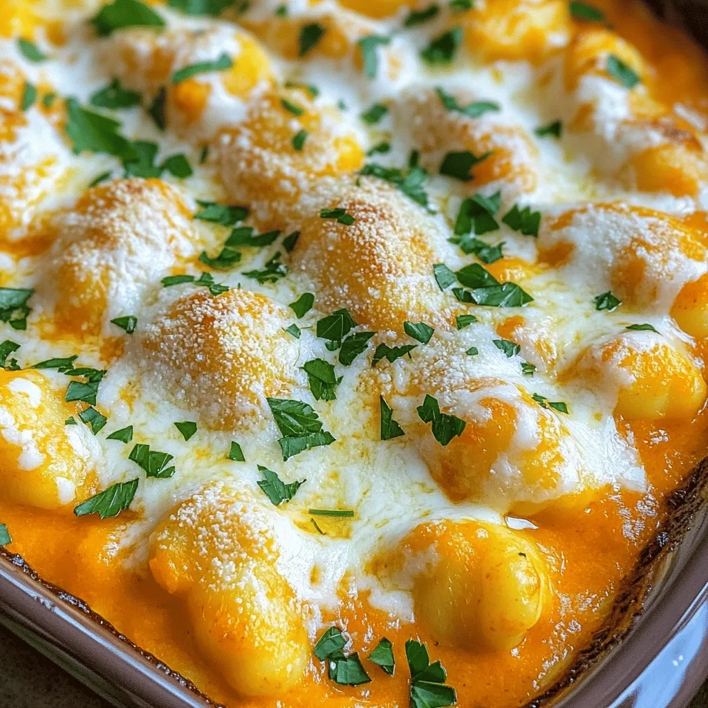 To make this tasty dish, gather the following ingredients: - 1 lb potato gnocchi (you can use store-bought or homemade) - 1 cup pumpkin puree (canned or fresh) - 1/2 cup grated Parmesan cheese - 4 tablespoons unsalted butter - 4 cloves garlic, minced - 1 teaspoon dried thyme - 1 teaspoon dried rosemary - Salt and pepper (to taste) - 1/2 cup heavy cream - 1/2 cup shredded mozzarella cheese - Fresh parsley (for garnish) Feel free to customize your bake! You can add extra spices or use different cheeses. If you want a bit of heat, sprinkle in some red pepper flakes. For a healthier twist, you can even swap in whole wheat gnocchi. This recipe is all about making it your own! 1. Preheat the oven. Set it to 375°F (190°C). This helps cook the dish evenly. 2. Cook the gnocchi. Bring a large pot of salted water to a boil. Add the gnocchi and cook until they float. This usually takes about 2-3 minutes. 3. Drain the gnocchi. Once they float, drain them in a colander and set them aside. This step is key to prevent mushiness. 4. Melt the butter. In a saucepan over medium heat, add the butter. Wait until it melts, but don't let it brown. 5. Sauté the garlic. Add minced garlic to the melted butter. Cook for 1-2 minutes until it smells good. Watch closely so it doesn’t burn. 6. Prepare the sauce. Stir in the pumpkin puree and heavy cream. Add dried thyme, dried rosemary, salt, and pepper. Mix well and heat until smooth. 7. Combine the gnocchi. Gently fold the cooked gnocchi into the sauce. This coats them nicely. 1. Transfer the mixture. Pour the gnocchi and sauce into a greased 9x13 inch baking dish. Spread it evenly. 2. Layer the cheese. Sprinkle grated Parmesan cheese over the top. Then add shredded mozzarella for that gooey texture. 3. Bake it. Place the dish in the preheated oven. Bake for 25-30 minutes, until the cheese is golden and bubbly. 4. Cool before serving. Take it out of the oven and let it sit for a few minutes. This makes serving easier. Tips for Texture: To get that perfect cheesy layer, make sure to use fresh cheese. Avoid pre-shredded cheese, as it can contain anti-caking agents that prevent melting. Time Management: You can cook the gnocchi and prepare the sauce at the same time. This saves you about 10 minutes. For the full recipe, refer to the Buttery Garlic Parm Pumpkin Gnocchi Bake instructions above. - Choosing gnocchi: Look for fresh potato gnocchi. Brands like Giovanni Rana or Whole Foods' store brand are great options. They have a good texture and cook well. - Enhancing flavors: Use fresh herbs when possible. Basil, oregano, or even sage can add depth. You can also add a pinch of red pepper flakes for a mild kick. - Cooking tools: A large pot for boiling, a good colander for draining, and a sturdy baking dish are key. A silicone spatula helps mix without breaking the gnocchi. - Handling gooey cheeses: Avoid stirring too hard after adding mozzarella. This can cause the cheese to clump and become tough. Just sprinkle it on and let it melt beautifully. - Preventing mushy gnocchi: Do not overcook the gnocchi in boiling water. They should cook only until they float. If they sit too long, they can absorb too much water. - Baking times and temperatures: Stick to 25-30 minutes at 375°F (190°C). Watch for a golden top. If it browns too fast, cover it loosely with foil. This keeps it from burning while the inside cooks. {{image_2}} You can easily switch out a few ingredients to suit your needs. - Gluten-free options for gnocchi: Look for gluten-free gnocchi made from rice or corn. These work well and keep the dish tasty. - Dairy-free alternatives for cream and cheeses: Use coconut cream for a rich base. Nutritional yeast gives a cheesy flavor without dairy. - Seasonal veggie additions to enhance the dish: Add spinach or kale for greens. Roasted mushrooms or squash can add depth to the flavor. Pairing your Buttery Garlic Parm Pumpkin Gnocchi Bake with the right sides can elevate the meal. - Ideas on what to serve alongside: A simple green salad with a lemon vinaigrette complements the richness. Garlic bread is also a great side. - Recommended wine pairings: Try a crisp white wine like Pinot Grigio. A light red like Pinot Noir works too. - Portioning the dish for family-style serving: Serve it straight from the baking dish. Use a large spoon to scoop out portions for everyone. This style feels warm and inviting. To keep your buttery garlic parm pumpkin gnocchi bake fresh, follow these steps: - Refrigeration: Store leftovers in an airtight container. It will last up to 3 days. - Freezing: If you want to save it longer, freeze it in a freezer-safe container. It lasts up to 3 months. For best shelf-life, use glass or plastic containers with tight lids. When you're ready to enjoy your leftovers, reheat them gently. Preheat your oven to 350°F (175°C). Place the gnocchi bake in an oven-safe dish. Cover it with foil to keep it moist. Bake for about 15-20 minutes until heated through. This method helps keep the cheese and gnocchi's texture intact. If you're busy during the week, make this dish ahead of time. - Making in Advance: You can prepare the entire dish and store it before baking. Just follow the recipe up to the baking step. - Assembling Ahead: Layer the gnocchi and sauce in the baking dish. Cover it tightly with plastic wrap or foil. You can also freeze it before or after baking. If freezing before, let it cool completely first. When you're ready to bake it, remove it from the freezer and let it thaw in the fridge overnight. Then, bake as directed. These tips make it easy to enjoy a delicious meal without the rush! Check out the Full Recipe for more details. What can I use instead of pumpkin puree? You can use butternut squash puree or sweet potato puree. Both options give a sweet taste. You can also blend cooked carrots for a different flavor. How long can I store the Buttery Garlic Parm Pumpkin Gnocchi Bake? You can store it in the fridge for about three days. Just keep it in an airtight container. If you want to keep it longer, freeze it for up to two months. Can I use frozen gnocchi in this recipe? Yes, you can use frozen gnocchi. Just cook them straight from the freezer. Follow the package directions for timing. Is it possible to make this dish ahead of time? Absolutely! You can prepare it the day before and bake it just before serving. This saves you time and helps the flavors blend well. What to do if my gnocchi is mushy? If your gnocchi turns mushy, it may have cooked too long. Next time, cook them until they float. Drain them immediately and mix them gently with sauce. How to salvage burnt cheese on top? If the cheese is burnt, you can scrape off the top layer. Then, add fresh cheese and return the dish to the oven for a few minutes. This helps improve the look and taste. How to adjust for high altitude or different ovens? At high altitude, you may need to bake longer. Keep an eye on the cheese. If your oven runs hot, lower the temperature a bit. Always check for golden cheese as a sign of doneness. This Buttery Garlic Parm Pumpkin Gnocchi Bake is easy to make and delicious. You learned about the ingredients, cooking steps, and tips to avoid mistakes. I also shared variations and storage ideas that suit your needs. When you follow these steps, you’ll love your tasty meal. Enjoy sharing this dish with friends and family. Cooking can be fun and rewarding, so don't hesitate to try new things! Keep experimenting, and you’ll impress everyone with your skills.