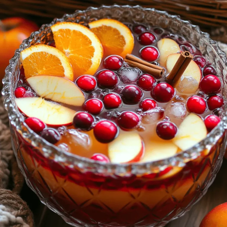 To make the Non-Alcoholic Autumn Harvest Punch, gather these key items: - 4 cups apple cider - 2 cups cranberry juice - 1 cup orange juice - 1 cup sparkling water or club soda - 2 tablespoons maple syrup (optional, for sweetness) - 1 cinnamon stick - 1 teaspoon whole cloves - 1 teaspoon allspice - Orange and apple slices, for garnish - Fresh cranberries, for garnish - Ice cubes These ingredients give the punch its rich and festive flavor. You can swap some ingredients if needed. Here are a few ideas: - Apple cider: Use pear cider for a different taste. - Cranberry juice: Pomegranate juice works well too. - Orange juice: Lemon juice can add a tart twist. - Sparkling water: Use flavored sparkling water for extra zing. - Maple syrup: Honey or agave syrup can replace it for sweetness. These substitutions help you customize the punch based on what you have. Fall spices make this punch special. Here are some great options: - Nutmeg: A pinch adds warmth and depth. - Ginger: Fresh or ground ginger brings a nice kick. - Vanilla bean: For a sweet, fragrant note, add a split bean. - Star anise: This spice gives a lovely, licorice-like flavor. Using these spices can enhance the autumn feel of your punch. For the full recipe, check out the instructions above. Making Non-Alcoholic Autumn Harvest Punch is easy. Start by gathering your ingredients. You will need apple cider, cranberry juice, orange juice, and sparkling water. You can also use maple syrup for extra sweetness. The spices add warmth and flavor. 1. In a large pot, pour in the apple cider, cranberry juice, and orange juice. 2. Turn the heat to medium. 3. Add the cinnamon stick, whole cloves, allspice, and maple syrup if you want sweetness. 4. Stir gently to mix everything. 5. Heat the mixture for about 5-10 minutes. Do not let it boil. 6. Once warm, remove the pot from the heat. Let it steep for 10 minutes. This helps the spices infuse the punch. 1. Use a fine mesh sieve to strain the punch into a large bowl. This removes the spices. 2. Before serving, add the sparkling water or club soda for fizz. 3. Prepare your glasses by filling them with ice cubes. 4. Ladle the warm punch over the ice. 5. For a festive touch, garnish with slices of orange, apple, and fresh cranberries. Enjoy this delicious and refreshing drink with friends and family! Check out the Full Recipe for more details. To get the best flavor from your Non-Alcoholic Autumn Harvest Punch, think about balance. The sweetness from the apple cider and orange juice needs the tartness of the cranberry juice. If you want more sweetness, add maple syrup. Start with two tablespoons, then taste. You can always add more. Use fresh spices for the best taste. Whole cloves and allspice give warmth. Let the mix steep after heating. This lets the spices infuse fully, enhancing the punch's flavor. Presentation matters, especially for gatherings. Use a clear punch bowl to show off the vibrant colors. Add slices of oranges and apples right before serving. Fresh cranberries floating in the punch look beautiful and festive. You can even freeze cranberries in ice cubes for a fun touch. For a cozy feel, serve the punch in mason jars. They add charm and warmth to any table. When serving your punch, choose glassware that adds to the fun. Clear glasses show off the colorful drink. Serve it over ice to keep it cool. If you want a fancy touch, rim the glasses with sugar or cinnamon. For kids, use fun straws or colorful cups. This makes the drink feel special for everyone. You can also pair the punch with fall snacks like cheese and crackers or pumpkin bread. Enjoy the flavors of autumn! {{image_2}} You can make this punch your own by adding different fruits. Try sliced pears or fresh figs. These fruits add a nice touch of sweetness and texture. You can also use pomegranate juice instead of cranberry juice. This swap gives a richer flavor and a beautiful color. Feel free to mix and match until you find your favorite combo. Some people like their drinks sweeter, while others prefer a more tart flavor. If you want it sweeter, add more maple syrup. Start with a teaspoon and taste it. You can also use honey or agave syrup for a different sweetness. For a less sweet option, reduce the orange juice. This change will keep the drink refreshing and light. If you have dietary needs, this punch is easy to adjust. It is naturally vegan, as it uses no animal products. If you need a sugar-free version, use unsweetened juices and skip the maple syrup. You can also use sparkling water without added sugars. Always check labels on juices to avoid hidden sugars or allergens. After your gathering, you might have some punch left. To store it, let the punch cool to room temperature first. Then, pour it into a clean glass jar or a pitcher. Seal it tightly with a lid. Store it in the fridge. The punch stays good for up to three days. When you want to enjoy your punch again, gently reheat it. Pour the amount you want into a pot. Warm it over low heat, stirring often. Do not let it boil. This keeps the flavors fresh. You can also serve it cold over ice for a refreshing twist! Most of the ingredients have a good shelf life. Apple cider lasts about a week in the fridge. Cranberry juice can last for a month or more, while orange juice is best used within a week. Make sure to check the dates on the bottles. Spices like cinnamon and cloves stay fresh for a long time if stored properly in a cool, dry place. They can last for years! For the best taste, use fresh fruit within a few days of cutting. Enjoy your Non-Alcoholic Autumn Harvest Punch! For the full recipe, check out the details above. Yes, you can make the punch ahead of time. I suggest making it a few hours before your event. This gives the flavors time to blend. Just follow the recipe as usual. After you strain it, store the punch in the fridge. When you are ready to serve, add the sparkling water or club soda. This keeps the fizz fresh! To adjust the recipe, simply multiply the ingredient amounts. If you want to serve 20 people, double the recipe. Use 8 cups of apple cider and 4 cups of cranberry juice. Don’t forget to add more spices too. You can always tweak the sweetness level based on taste. Just remember to keep the same balance of flavors. Garnishes bring fun and color to your punch! I love using thin slices of orange and apple. They look great and add flavor. Fresh cranberries are a perfect touch too. You can also add cinnamon sticks for a warm look. These garnishes enhance the punch and make it feel special. This blog post covered all you need for a great punch. We explored the key ingredients, easy steps to prepare, and tips for perfect flavor. You learned how to make it your own with variations and how to store any leftovers. Planning a gathering? Adjust your recipe size easily and wow your guests with fun garnishes. Enjoy making your punch for every season and occasion. Your taste buds will love it!