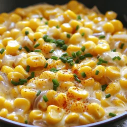 - 4 cups fresh corn kernels (or frozen) - 1 cup heavy cream - 1 tablespoon unsalted butter - 1 small onion, finely chopped - 2 cloves garlic, minced - 1 teaspoon paprika - 1/2 teaspoon cayenne pepper (adjustable) - Salt and pepper to taste - Fresh chives or parsley for garnish I love using fresh corn for this dish. It adds sweetness and crunch. If you can't find fresh corn, frozen corn works well too. The heavy cream makes the dish rich and creamy. It gives a smooth texture that feels indulgent. The butter adds flavor and helps cook the onion. Use a small onion for a milder taste. Garlic gives a nice aroma and taste. Paprika adds a smoky flavor, while cayenne pepper gives a gentle heat. You can adjust the cayenne to make it milder or spicier. Add salt and pepper to bring all the flavors together. Fresh chives or parsley adds a pop of color and freshness on top. - Large skillet - Wooden spoon or spatula - Measuring cups and spoons A large skillet is key for cooking evenly. It's best to have a wooden spoon or spatula for stirring. Measuring cups and spoons help you get the right amounts of each ingredient. Now that you have all the ingredients and tools ready, you can make this tasty dish. Check out the Full Recipe for more details on how to prepare creamy skillet corn! - Gather all ingredients and tools. - If using fresh corn, cut the kernels off the cob. If using frozen corn, measure out four cups. - Finely chop the onion and mince the garlic. - Step 1: Melt one tablespoon of butter in a large skillet over medium heat. - Step 2: Add the chopped onion and sauté for four to five minutes until it turns soft and clear. - Step 3: Stir in minced garlic and cook for one minute until you smell its aroma. - Step 4: Add the corn kernels to the skillet. Stir them around and let them cook for about five minutes. This helps them caramelize and gain flavor. - Step 5: Pour in one cup of heavy cream and mix everything well. - Step 6: Season the dish with paprika, cayenne pepper, salt, and pepper. Stir to combine all flavors. - Step 7: Lower the heat and let the mixture simmer for about ten minutes. Stir it occasionally so it doesn't stick. - Step 8: When it thickens and becomes creamy, taste and adjust the seasoning if needed. - Step 9: Finally, garnish with chopped chives or parsley before serving. Enjoy this creamy skillet corn as a perfect side! For the complete recipe, you can check the Full Recipe. - How to achieve the best texture For the best texture, use fresh corn kernels. Fresh corn has a sweet, crisp bite. If you use frozen corn, thaw it first for even cooking. Sauté the corn until it caramelizes slightly. This adds depth and sweetness. - Tips for caramelizing corn To caramelize corn, cook it over medium heat. Make sure to stir it often. This helps achieve that golden color. The sugars in the corn will slowly develop, giving it a lovely flavor. Don't rush it; let it cook for about five minutes. - Overcooking the garlic Garlic cooks quickly. If it turns brown, it can taste bitter. Add it after the onion is translucent. Cook just until fragrant, usually one minute. This gives you that great garlic flavor without bitterness. - Not seasoning adequately Season your dish well! Add salt and pepper at every step. This helps build flavor layers. Don't wait until the end to taste. Adjust seasoning throughout cooking for the best results. - Best side dishes to accompany creamy skillet corn Creamy skillet corn pairs well with grilled meats. Think chicken, shrimp, or steak. It also works nicely with a fresh salad. A light vinaigrette balances the creaminess. - Ideas for garnishing Sprinkle chopped chives or parsley on top before serving. This adds color and freshness. You can also try crumbled feta or a sprinkle of paprika. These add flavor and a nice visual touch. {{image_2}} You can mix up the corn in this dish. Try using sweet corn for a burst of flavor. Canned corn works, too, if fresh isn't available. Just drain it well before cooking. If you want a dairy-free option, use coconut cream or cashew cream. Both give a nice, creamy texture without dairy. To make it richer, add cheese! Cream cheese or cheddar melts well and adds depth. You can also sprinkle in herbs and spices. Try fresh basil or cilantro for a fresh twist. A pinch of thyme or oregano can elevate the taste, too. You can turn creamy skillet corn into a tasty dip. Just serve it warm with tortilla chips. It also pairs great with proteins like grilled chicken or fish. This makes for a complete meal that everyone will love. For the full recipe, check out the instructions above! To keep your creamy skillet corn fresh, first let it cool. Place it in an airtight container. Store it in the fridge. This will keep it good for around 3-4 days. If you want to store it longer, freezing is an option. For freezing, use freezer-safe containers. Leave some space in the container for expansion. Label and date it, so you know when to use it. It can last for about 2-3 months in the freezer. You have two main options for reheating: the microwave or the stove. The microwave is quick. Just place your corn in a bowl and heat it in short bursts. Stir in between to ensure even heating. If you prefer the stove, pour the corn into a skillet. Heat it over low to medium heat. Add a splash of cream or milk to keep it creamy. This helps prevent it from drying out. Stir it often until it’s warmed through. Enjoy your creamy skillet corn again! You can use milk and butter as a substitute for heavy cream. Mix 3/4 cup of milk with 1/4 cup of melted butter. This works well in creamy skillet corn. If you need a dairy-free option, try coconut milk or cashew cream. These alternatives also add a nice flavor. Yes, you can use frozen corn instead of fresh corn. Frozen corn is quick and easy to use. Just add it directly to the skillet without thawing. This saves time and still gives you great taste in creamy skillet corn. Creamy skillet corn lasts about 3 to 4 days in the fridge. Make sure to store it in an airtight container. When you're ready to eat it, just reheat it on the stove or in the microwave. Yes, creamy skillet corn is great for meal prep. You can make a big batch and store it for later. It pairs well with many dishes and adds flavor to your meals throughout the week. Check out the Full Recipe for easy steps to prepare it in advance. This creamy skillet corn recipe is easy and delicious. We covered key ingredients and simple steps to make it. From cooking tips to smart storage options, you now have all the tools you need. Experiment with variations to keep this dish exciting. Whether as a side or a dip, it’s sure to please. Enjoy making this dish often. It can become a family favorite. Use fresh ingredients, and share it with friends. You’ll love seeing their smiles with each bite.