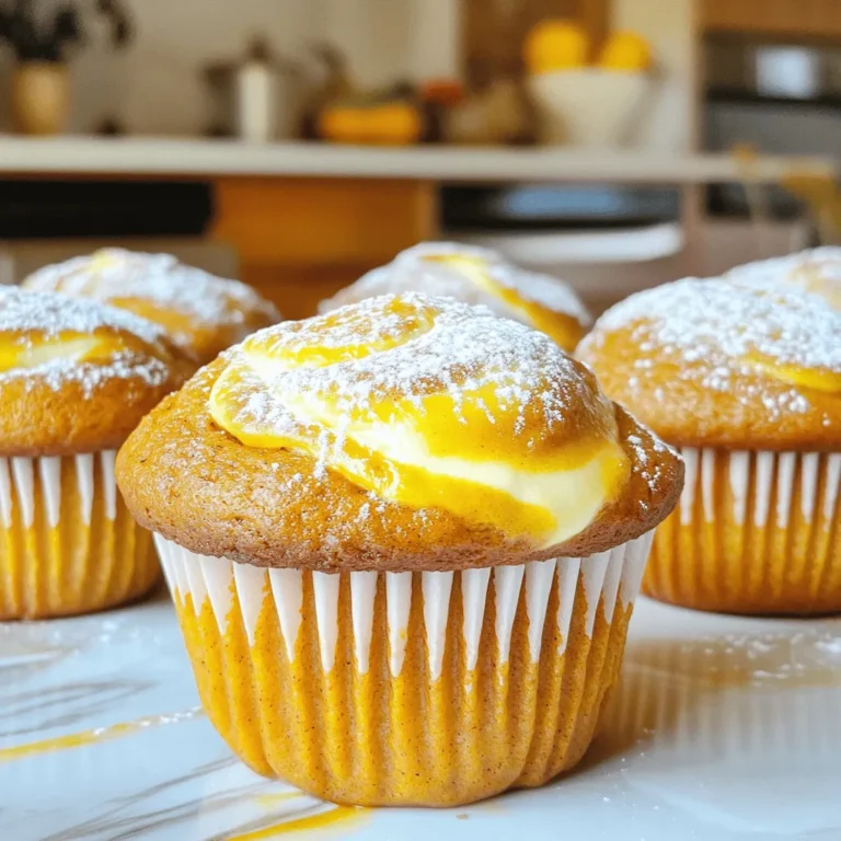 - 1 ½ cups all-purpose flour - 1 cup canned pumpkin puree - ½ cup brown sugar, packed - ½ cup granulated sugar - 2 large eggs - 1/3 cup vegetable oil - 1 teaspoon vanilla extract - 1 teaspoon baking powder - ½ teaspoon baking soda - ½ teaspoon salt - 1 teaspoon pumpkin pie spice - ½ teaspoon ground cinnamon - ½ cup cream cheese, softened - 2 tablespoons powdered sugar - 1 tablespoon milk Each ingredient plays a key role in making these muffins delightful. The all-purpose flour gives structure. Canned pumpkin puree adds moisture and flavor. Brown sugar and granulated sugar provide sweetness and depth. Eggs bind the batter, while vegetable oil keeps it tender. Baking powder and baking soda help the muffins rise. Salt enhances all the flavors. Pumpkin pie spice and ground cinnamon bring warmth and a cozy fall vibe. The cream cheese swirl mixture adds a rich, tangy contrast that pairs well with the pumpkin. For the cream cheese swirl, you need softened cream cheese, powdered sugar, and milk. This mixture provides a creamy, sweet element that makes each bite special. For the full recipe, I suggest checking out the complete instructions. This ensures you get every detail right for perfect muffins! 1. Preheat your oven to 350°F (175°C). Line a muffin tin with paper liners or lightly grease it. 2. In a large bowl, whisk together the dry ingredients: 1 ½ cups all-purpose flour, 1 teaspoon baking powder, ½ teaspoon baking soda, ½ teaspoon salt, 1 teaspoon pumpkin pie spice, and ½ teaspoon ground cinnamon. Set this mix aside. 3. In another bowl, mix the wet ingredients. Combine 2 large eggs, ½ cup brown sugar, ½ cup granulated sugar, 1/3 cup vegetable oil, 1 teaspoon vanilla extract, and 1 cup canned pumpkin puree. Beat until smooth. 1. Gradually add the dry mix to the wet mix. Stir gently until just combined. Avoid overmixing to keep your muffins light. 2. Now, prepare the cream cheese swirl. In a small bowl, mix ½ cup softened cream cheese, 2 tablespoons powdered sugar, and 1 tablespoon milk until smooth and creamy. 3. Divide half of the muffin batter into the prepared muffin tin, filling each cup halfway. Spoon a dollop of the cream cheese mixture into each cup and top with the remaining batter. 1. Use a toothpick or a butter knife to gently swirl the cream cheese mixture into the batter. Create a marbled effect, but don’t fully cover it. 2. Bake the muffins in your preheated oven for 18-20 minutes. Check for doneness by inserting a toothpick into the center; it should come out clean. 3. Let the muffins cool in the tin for about 5 minutes. Then, transfer them to a wire rack to cool completely. For the Full Recipe, follow the detailed steps I’ve shared here. Enjoy your delightful pumpkin swirl muffins! To make fluffy muffins, avoid overmixing the batter. When you mix, do it gently. Stir just until the dry ingredients blend in. If you see some lumps, that is okay! Lumps help keep your muffins light. Cooling your muffins properly is key. After baking, let them sit in the tin for only 5 minutes. Then, move them to a wire rack. This helps air circulate, keeping the muffins from getting soggy. Serve your pumpkin swirl muffins warm for the best taste. You can dust them with powdered sugar for a sweet look. A dollop of whipped cream on top adds a nice touch. Sprinkle some pumpkin seeds around to make the plate look pretty. If your muffins are too dense, check your mixing. Overmixing leads to tough muffins. Make sure to measure ingredients carefully. Too much flour can also cause this issue. If they sink in the middle, your oven might be too hot. Use an oven thermometer to check the temp. Knowing these tips will make your baking easier and more fun. Enjoy your delicious pumpkin swirl muffins! For the full recipe, check the main article. {{image_2}} You can make your pumpkin swirl muffins even more fun. Adding chocolate chips gives a sweet twist. I love using semi-sweet or dark chocolate for a richer taste. You can also add nuts for crunch. Walnuts or pecans work great. Feel free to adjust the spices too. If you want more warmth, add extra cinnamon or nutmeg. If you love ginger, a pinch can give a nice kick. Play around and find what you enjoy the most. If you need gluten-free muffins, you can swap the all-purpose flour for a gluten-free blend. Many blends work well here, so pick one you like. For vegan muffins, replace the eggs with flax eggs. Mix one tablespoon of ground flaxseed with three tablespoons of water and let it sit. Use a plant-based oil instead of vegetable oil. You can also use a vegan cream cheese for the swirl. You can switch out pumpkin for other purees. Sweet potato or butternut squash are great choices in fall. If you want a fresh taste in spring, try using apple or pear puree. Changing spices can also create new flavors. Cardamom or allspice can give a unique twist to your muffins. These variations let you enjoy pumpkin swirl muffins all year long. Check the Full Recipe for more ideas! Store your pumpkin swirl muffins at room temperature. Use an airtight container to keep them fresh. They taste best within two to three days. The muffins stay soft and moist this way. If you want to enjoy them warm, just pop them in the microwave for a few seconds. To save your muffins for later, freeze them. Wrap each muffin tightly in plastic wrap. Then place them in a freezer bag. This helps prevent freezer burn and keeps them tasty. You can freeze them for up to three months. When you’re ready to eat them, simply thaw at room temperature. For a quick warm-up, heat them in the microwave for about 20-30 seconds. This brings back their soft texture and flavor. Enjoy your delicious pumpkin swirl muffins whenever you crave them! Can I use fresh pumpkin instead of canned? Yes, you can use fresh pumpkin. Cook it until soft, then mash it. Make sure to drain excess water for the best results. Fresh pumpkin gives a great taste! How can I reduce sugar in this recipe? To cut sugar, use less brown and granulated sugar. You can also try applesauce as a substitute. This will keep muffins moist and tasty. What’s the best way to prevent the muffins from sticking? Use paper liners or grease the muffin tin well. You can also sprinkle a little flour on the greased tin. This helps muffins release easily after baking. How to achieve a perfect swirl? To get a perfect swirl, add the cream cheese mixture in the middle of the batter. Use a toothpick or knife to gently swirl it. Don’t mix too much! Tips for achieving the right muffin texture Mix dry and wet ingredients just until combined. Overmixing makes muffins tough. Always check for doneness with a toothpick. It should come out clean when muffins are ready. Caloric content and serving size details Each muffin has about 180 calories. The recipe makes 12 muffins. This is a nice treat that fits well into most diets! Enjoy them as a snack or breakfast. This blog post covered how to make delicious pumpkin muffins with ease. I shared the ingredients you need, step-by-step instructions, and helpful tips for baking success. You now know how to add your own twist with flavors and dietary choices. Remember, baking is fun, so don’t hesitate to experiment! With these detailed steps and tricks, you can create tasty muffins. Enjoy your baking journey and relish your homemade treats. Happy baking!