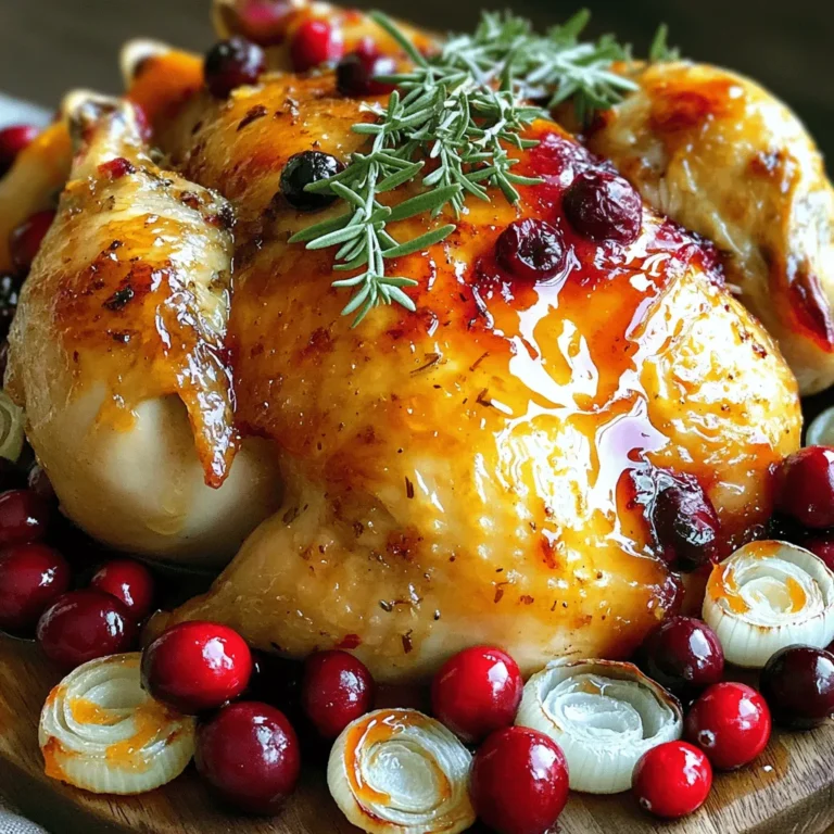 To make a flavorful and juicy Cranberry Orange Roasted Chicken, gather these key ingredients: - 1 whole chicken (about 4-5 lbs) - 1 cup fresh cranberries - 2 oranges (zested and juiced) - 4 cloves garlic, minced - 1/4 cup honey - 1/4 cup olive oil - 1 tablespoon fresh rosemary, chopped - 1 tablespoon fresh thyme, chopped - Salt and pepper to taste - 1 medium onion, quartered - 1/2 cup chicken broth The chicken should be fresh, not frozen. A bird weighing around 4-5 pounds is ideal for roasting. The fresh cranberries offer a tart contrast to the sweet oranges. For the oranges, you will need both the zest and the juice. This combination brings brightness to the dish. Minced garlic adds depth of flavor, while honey provides sweetness to balance the tartness. Olive oil keeps the chicken tender and moist as it roasts. Fresh herbs like rosemary and thyme give the dish an aromatic touch. Seasoning with salt and pepper enhances all the flavors in the chicken. The onion goes inside the chicken, adding moisture and taste. Finally, chicken broth helps create a tasty base for the gravy. For the full recipe, check the detailed instructions on preparing and cooking this dish. 1. Start by preheating your oven to 375°F (190°C). This ensures even cooking and a nice roast. 2. In a large bowl, mix the marinade. Combine one cup of fresh cranberries, zest and juice from two oranges, four minced garlic cloves, one-fourth cup honey, and one-fourth cup olive oil. Add one tablespoon of chopped rosemary, one tablespoon of chopped thyme, and season with salt and pepper. Stir until blended. 3. Take your whole chicken and pat it dry with paper towels. Season the inside with salt and pepper. This helps build flavor from the inside out. 4. Place a quartered onion inside the chicken cavity. This adds more flavor as it roasts. 5. Generously rub the marinade over the chicken's skin. Make sure to coat every part evenly for maximum flavor. 1. In your roasting pan, pour half a cup of chicken broth. This adds moisture while cooking. 2. Place the marinated chicken on a rack in the pan. If you don’t have a rack, put it directly in the broth. This keeps the chicken juicy. 3. Scatter any leftover cranberries around the chicken. They will roast and add a delicious touch. 4. Roast in the oven for about 1 hour and 30 minutes. The chicken is done when it reaches an internal temperature of 165°F (75°C). Baste the chicken every 30 minutes with pan juices. This keeps it moist and flavorful. 1. After roasting, take the chicken out of the oven. Let it rest for 10-15 minutes. This helps the juices settle back into the meat. 2. When it's rested, carve the chicken. Serve it with the roasted cranberries and spoon some pan juices over the top for extra flavor. Enjoy your delicious Cranberry Orange Roasted Chicken! For more details, check the Full Recipe. Marinating the chicken is key to great flavor. I recommend letting it sit for at least two hours. This allows the chicken to soak up the cranberry and orange goodness. If you have more time, try marinating it overnight. This gives the flavors a chance to deepen. To keep the chicken juicy, always pat it dry before seasoning. This helps the skin crisp up. Basting the chicken with pan juices every thirty minutes keeps it moist. Use a meat thermometer to check the doneness. Aim for 165°F (75°C) for a perfectly cooked chicken. Serving this dish can be fun and creative. Place the chicken on a large platter for a beautiful display. Scatter roasted cranberries around the chicken for color. This adds a nice touch. Garnish with fresh rosemary sprigs for a lovely aroma and visual appeal. You can also drizzle the pan juices over the chicken. This adds flavor and makes it glisten. Having the right tools makes cooking easier. A sturdy roasting pan is essential. Look for one with a rack to allow air circulation. This helps the chicken cook evenly. A good meat thermometer is also a must. It ensures your chicken is cooked safely. Don’t forget to have sharp knives for carving. They make serving the chicken a breeze. For the full recipe, check the details above. {{image_2}} You can tweak the flavor of your cranberry orange roasted chicken easily. Try adding spices like cinnamon or nutmeg for warmth. You might also enjoy using fresh herbs like sage or dill for a twist. If you want less sugar, swap honey for maple syrup. For a different citrus taste, use lemons or limes instead of oranges. Each change gives a new taste, making dinner exciting. For a slow cooker version, follow these steps: - Rub the chicken with the marinade. - Place it in the slow cooker with some chicken broth. - Cook on low for 6-8 hours. This method keeps the chicken juicy and tender. You can also use an Instant Pot. Here’s how: - Sear the chicken using the sauté function. - Add the marinade and broth. - Cook on high pressure for 25-30 minutes. This method cooks the chicken fast and still gives great flavor. To balance the flavors of your chicken, serve it with side dishes like: - Roasted vegetables, such as carrots or Brussels sprouts. - Creamy mashed potatoes for a comforting touch. - A fresh green salad with a light vinaigrette. For drinks, consider serving a fruity white wine like Riesling. A light red, such as Pinot Noir, also pairs well. These options enhance the meal and make it special. For the full recipe, check out the detailed instructions above. After enjoying your Cranberry Orange Roasted Chicken, let it cool down. Place it in the fridge within two hours to keep it safe. Store the chicken in an airtight container. This will help keep it fresh. If you have leftover cranberry sauce, store it in a separate container. Make sure both containers are labeled with the date. To reheat the chicken, use an oven or microwave. If using the oven, set it to 350°F (175°C). Cover the chicken with foil to keep it moist. Heat for about 20-25 minutes. If using a microwave, heat on medium power for 3-5 minutes. Check the chicken’s temperature. It should reach 165°F (75°C) before eating. You can freeze leftover chicken and cranberry sauce too. Wrap the chicken in plastic wrap and then in foil. This will keep it safe in the freezer for up to three months. For the cranberry sauce, place it in a freezer-safe container. Thaw both the chicken and sauce in the fridge overnight before using. This method keeps the flavors intact. For the best results, use the Full Recipe again to enjoy the dish at its best! How long should I cook Cranberry Orange Roasted Chicken? You should cook the chicken for about 1 hour and 30 minutes. This timing works well at 375°F. Always check that it reaches 165°F inside. This ensures the chicken is safe to eat. Can I use frozen cranberries for this recipe? Yes, you can use frozen cranberries. Just add them directly to the marinade. They will cook well and provide that great tart flavor. What internal temperature should chicken reach? The chicken must reach an internal temperature of 165°F. Use a meat thermometer to check the thickest part of the thigh. This guarantees juicy and safe chicken. Is this recipe good for meal prep? Absolutely! This recipe is great for meal prep. You can roast extra chicken and use it in salads or wraps. The flavors hold up well in the fridge. Can I make this recipe gluten-free? Yes, this recipe is naturally gluten-free. All the ingredients, like chicken and cranberries, do not contain gluten. Just double-check any broth you use to ensure it is gluten-free. What do I serve with Cranberry Orange Roasted Chicken? You can serve this chicken with mashed potatoes or roasted veggies. A simple salad with a light vinaigrette pairs well too. How can I make this a complete meal? To make it a complete meal, add a grain. Quinoa or wild rice works great. This adds fiber and makes your meal more filling. This blog post covers everything you need for a delicious Cranberry Orange Roasted Chicken. We explored the key ingredients, step-by-step instructions, and helpful tips for a perfect roast. Variations allow you to customize flavors and cooking methods. Proper storage and reheating techniques ensure you enjoy leftovers without loss of taste. In the end, this recipe is not just about cooking; it's about creating memorable meals. Try it and enjoy every bite.