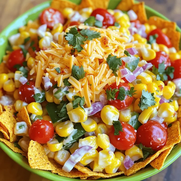For this Frito Corn Salad, fresh corn is best. You can use two cups of corn kernels. If fresh corn is not available, a can of corn works too. Just make sure to drain it well. Fresh corn gives a sweet and crunchy taste. It adds a pop of color and nutrition. This salad needs some bright veggies. Use one cup of cherry tomatoes, halved. They add sweetness and color. Choose a bell pepper of any color and dice it. You will need half a red onion, finely chopped. This gives a nice bite to the salad. Don't forget the cheese! Add one cup of shredded cheddar cheese. It melts in your mouth and gives a rich flavor. The dressing is key for this dish. You will need half a cup of mayonnaise. This makes the salad creamy. Add one tablespoon of lime juice for a tangy kick. One teaspoon of chili powder brings in some spice. Finally, use salt and pepper to taste. Mix all these ingredients well for a smooth dressing. It ties all the flavors together perfectly. You can check out the Full Recipe for more details. Start by gathering your fresh corn. You can use two cups of corn kernels or one can of corn. If using fresh corn, cut the kernels from the cob. Next, take one cup of cherry tomatoes and slice them in half. Then, grab one bell pepper of any color and dice it. Finally, chop half a red onion finely. Place all these veggies in a large mixing bowl. This colorful mix gives your salad a fresh taste. In a separate bowl, add half a cup of mayonnaise. Then, mix in one tablespoon of lime juice and one teaspoon of chili powder. Next, sprinkle in salt and pepper to taste. Whisk these ingredients together until the dressing is smooth. This creamy dressing adds flavor and ties the salad together perfectly. Now, pour the dressing over the bowl of vegetables. Stir gently to combine everything. Be careful not to mash the veggies. Just before serving, fold in one and a half cups of Fritos corn chips and one cup of shredded cheddar cheese. This adds a great crunch. Taste the salad and adjust the seasoning if needed. Transfer it to a serving bowl and garnish with fresh cilantro. For extra flair, serve with lime wedges on the side. For the full recipe, check out the details above. I love to serve Frito Corn Salad at parties and picnics. It looks colorful and tastes great. You can serve it in a big bowl or on a platter. Add extra Fritos on top for a fun crunch. A few lime wedges on the side also add a nice touch. This salad pairs well with grilled meats and sandwiches. You can swap ingredients based on what you have. If you can’t find fresh corn, use canned corn. You can also try black beans instead of corn for a different flavor. If you want a lighter option, Greek yogurt works well in place of mayonnaise. Use mozzarella cheese instead of cheddar for a milder taste. To make Frito Corn Salad even better, add a pinch of cayenne pepper for heat. Fresh herbs like parsley or dill can brighten the dish. You can also toss in avocado for creaminess. A splash of vinegar can balance the flavors too. These small changes can make your salad pop! For the full recipe, visit the link above. {{image_2}} You can switch up the Frito Corn Salad ingredients for fun flavors. Try adding black beans for protein. You can use sweet bell peppers or even spicy jalapeños for heat. Swap the cheddar cheese with pepper jack for a kick. If you like crunch, add diced cucumbers or radishes. You can also use Greek yogurt instead of mayonnaise for a lighter touch. Make this salad fit your event theme. For a barbecue, add grilled corn or smoked paprika. If it’s a fiesta, mix in diced avocados and serve with tortilla chips. For a picnic, use mini Fritos bags as fun serving options. You can even serve the salad in a watermelon bowl for summer parties. This salad can meet many dietary needs. For a vegan option, skip the cheese and mayo. Use avocado or a vegan dressing instead. If you want it gluten-free, choose gluten-free Fritos or corn chips. You can also make it low-carb by omitting the chips and using cauliflower rice. This makes it flexible for all your guests. After enjoying your Frito corn salad, store any leftovers in an airtight container. Keep it in the fridge for up to three days. Make sure to separate the Fritos if you want them crispy. If you mix them in, they may get soft. You don’t need to reheat this salad. Frito corn salad is best served cold. If you must warm it, do so gently in a pan over low heat. Avoid a microwave to keep the texture nice. To keep your Frito corn salad fresh, add the Fritos right before serving. This helps them stay crunchy. If you store the salad, you can also add extra lime juice to keep the corn and veggies zesty. Always check for freshness before eating. Yes, you can make Frito Corn Salad ahead of time. I suggest mixing the corn, veggies, and dressing. Keep the Fritos separate until you serve. This way, they stay crispy. If you mix them too early, the chips will get soggy. You can store the salad in the fridge for up to a day. Just remember to add the Fritos just before serving. To spice up Frito Corn Salad, consider adding jalapeños. Fresh or pickled jalapeños both work well. You can also use a spicier chili powder or hot sauce. Another great option is to mix in some diced green chiles. These additions give the salad a nice kick. Just be careful not to add too much spice at once. You want to keep the balance of flavors. Yes, you can make a gluten-free version of Frito Corn Salad. Look for gluten-free corn chips as a substitute for regular Fritos. Many brands offer gluten-free options that taste great. Always check the label to be sure. The rest of the salad is naturally gluten-free. Fresh corn, veggies, and cheese are all safe. Enjoy the same great taste without the gluten! For the full recipe, check out the [Full Recipe]. This blog post covers all you need for a tasty Frito Corn Salad. We explored fresh ingredients, easy steps, and great tips. You learned how to prepare veggies, make a simple dressing, and mix it all together. You also found useful advice on serving, substituting ingredients, and flavor boosts. Remember, you can customize this salad with various options to fit your needs. Enjoy your creation, and don’t forget to store leftovers properly for the best taste. Now, get cooking and have fun with your Frito Corn Salad!