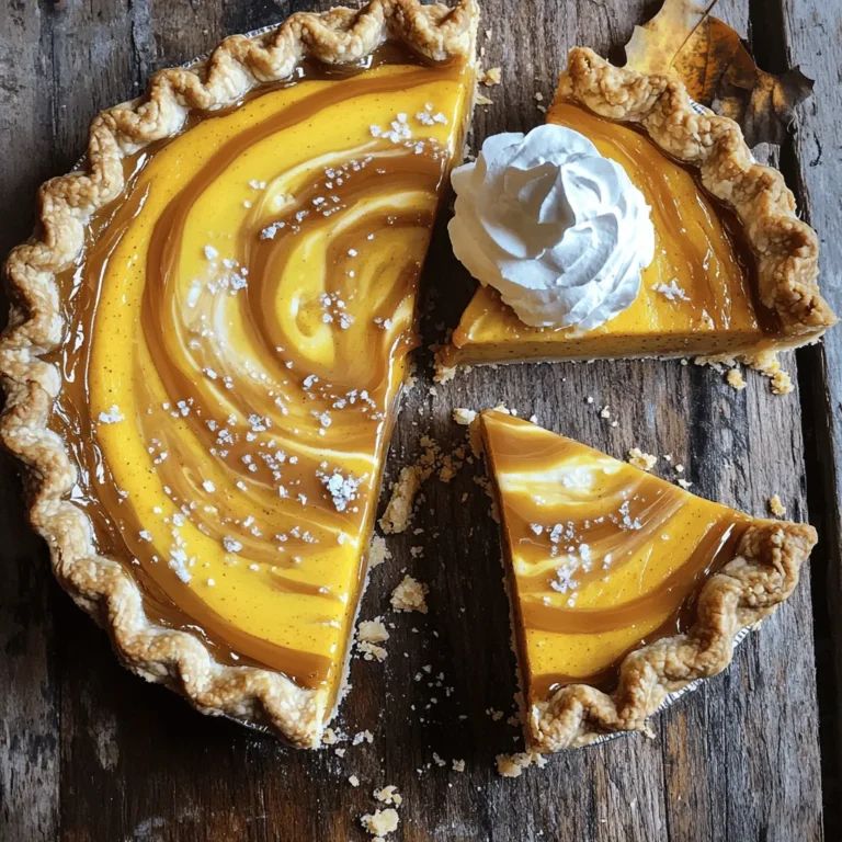 To make this delicious pie, you will need the following ingredients: - 1 pre-made pie crust (9-inch) - 1 can (15 oz) pumpkin puree - 3/4 cup brown sugar - 1/4 cup granulated sugar - 1 teaspoon cinnamon - 1/2 teaspoon nutmeg - 1/2 teaspoon ground ginger - 1/4 teaspoon cloves - 3 large eggs - 1 cup heavy cream - 1 teaspoon vanilla extract - 1/2 cup salted caramel sauce (homemade or store-bought) - Sea salt flakes for garnish You can swap some ingredients if needed. Here are a few ideas: - Use a homemade pie crust instead of pre-made, if you prefer. - Swap pumpkin puree with butternut squash puree for a different taste. - Brown sugar can be replaced with coconut sugar for a healthier option. - If you need a dairy-free version, try coconut cream instead of heavy cream. - You can skip the salted caramel sauce and use regular caramel if that’s what you have. Choosing quality ingredients makes a big difference in taste. Here are some tips: - Do use fresh spices for better flavor. Older spices lose their kick. - Don’t use low-quality pumpkin puree. It can taste bland. - Do check the date on the heavy cream. Fresh cream gives the best texture. - Don’t skip the sea salt flakes. They balance the sweet and salty flavors perfectly. For the full recipe, check the linked details. Enjoy the process of making this tasty dessert! Start by preheating your oven to 425°F (220°C). Grab your pre-made pie crust and follow the package instructions. Place it into a 9-inch pie dish. Make sure to press it firmly into the bottom and sides. This step helps the crust hold the filling well. Trim any extra pastry around the edges. This will give your pie a neat look. In a large mixing bowl, combine 1 can of pumpkin puree, 3/4 cup of brown sugar, and 1/4 cup of granulated sugar. Add in 1 teaspoon of cinnamon, 1/2 teaspoon of nutmeg, 1/2 teaspoon of ground ginger, and 1/4 teaspoon of cloves. Whisk these together until they blend smoothly. Then, crack in 3 large eggs, pour in 1 cup of heavy cream, and add 1 teaspoon of vanilla extract. Whisk it all together until smooth. Now, pour half of the salted caramel sauce into the mix and gently fold it in. This creates a marbled effect that looks great. Pour the pumpkin filling into your prepared pie crust. Bake it in the preheated oven for 15 minutes. After that, reduce the temperature to 350°F (175°C) and bake for another 35-40 minutes. To check if it's done, insert a knife in the center. If it comes out clean, your pie is ready. Once baked, take it out and let it cool at room temperature for at least 2 hours. This helps the filling set. Right before serving, drizzle the rest of the salted caramel sauce on top and sprinkle with sea salt flakes. This adds a sweet and salty touch that makes it irresistible. For the full recipe, refer to the ingredients and steps outlined above. To get the right texture, use canned pumpkin puree. It has just the right moisture. Whisk the filling until smooth. Make sure there are no lumps. Mixing in the eggs and cream is key. This helps create a creamy filling. Pour in some salted caramel for extra richness. Remember to fold it in gently. This makes beautiful swirls without overmixing. A flaky crust starts with cold ingredients. Use cold butter and ice water for best results. When making the crust, handle the dough as little as possible. This keeps it tender. Chill the crust for 30 minutes before baking. This helps it hold its shape. If you like, use a fork to create a pattern on the edges. It adds a nice touch to your pie. Spices bring life to your pie. Use a mix of cinnamon, nutmeg, ginger, and cloves. Each spice adds its own warmth. Balance the sweetness with a pinch of salt. This enhances the flavors. Taste the filling before baking. Adjust the spices if needed. A little more cinnamon can make a big difference. Always remember to drizzle that salted caramel sauce on top. It ties everything together beautifully. For the best experience, follow the Full Recipe closely to ensure success. {{image_2}} You can change the crust if you need it to be gluten-free. Use almond flour or gluten-free flour. Mix 2 cups of gluten-free flour with 1/2 cup of cold butter. Add a pinch of salt and some cold water. This mix will make a great crust. You can also make a homemade crust from scratch. It gives you control over flavors and textures. Want to jazz up your pie? Try adding more spices! A bit of allspice or cardamom can add warmth. You can also use maple extract for a sweet twist. Just a few drops will do. If you love chocolate, add cocoa powder to the filling. It pairs nicely with pumpkin. For holiday dinners, serve slices with whipped cream and extra caramel. A sprinkle of cinnamon on top adds flair. For casual gatherings, cut the pie into smaller pieces. Offer a scoop of vanilla ice cream on the side. It makes the dessert feel special. Try to pair it with hot coffee or spiced tea. You can find the full recipe in this article. Storing leftover pie is easy. First, let the pie cool completely at room temperature. Then, cover it tightly with plastic wrap or foil. You can also place it in an airtight container. This keeps the pie fresh and prevents it from drying out. Store it in the fridge for up to four days. Freezing your salted caramel pumpkin pie is a great option! To freeze, slice the pie first. Wrap each slice in plastic wrap. Then, place the wrapped slices in a freezer-safe bag or container. This helps keep them fresh. You can freeze the pie for up to three months. Just remember to label the bag with the date. To enjoy your pie again, you can reheat it easily. Preheat your oven to 350°F (175°C). Place the pie slice on a baking sheet. Cover it loosely with foil to prevent burning. Heat for about 10-15 minutes, or until warm. If you prefer, you can also microwave it. Heat on medium power for 30 seconds at a time. Check it often to avoid overheating. The goal is to warm it, not cook it further. Enjoy your delicious pie just like fresh! You can use whole milk or half-and-half instead of heavy cream. For a dairy-free option, try coconut cream. These substitutes will change the texture slightly, but they work well. If you want a thicker consistency, blend in some silken tofu or use a non-dairy creamer. Salted caramel pumpkin pie lasts about four days in the fridge. Make sure to cover it well to keep it fresh. I recommend storing it in an airtight container. If you see a change in texture or smell, it’s best to toss it out. Yes, you can make this pie a day or two ahead. Just bake it, let it cool, and store it in the fridge. This allows the flavors to meld. Before serving, drizzle on more salted caramel for that fresh touch. You can also bake the crust ahead and fill it later. Check the Full Recipe for detailed steps. You have all the tools to make a great Salted Caramel Pumpkin Pie. We covered the ingredients, from a full list to helpful substitutes. Understanding how to prepare, mix, and bake the pie sets you up for success. You learned tips for that perfect filling and flaky crust. Variations let you customize it for any event. Plus, you’ll know how to store and reheat leftovers. Now, it’s your turn to enjoy this dessert with friends. Happy baking!