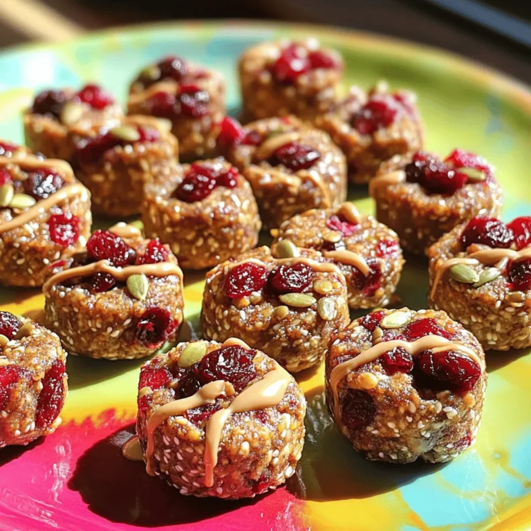 To make Cherry Tahini Energy Bites, you need a few main ingredients. Each one plays a key role in flavor and texture. Here’s what you’ll need: - 1 cup rolled oats - 1/2 cup almond flour - 1/2 cup tahini - 1/3 cup maple syrup - 1/2 cup dried cherries, chopped - 1/4 cup pumpkin seeds - 1 teaspoon vanilla extract - 1/4 teaspoon sea salt These ingredients blend well together. The oats give a nice chew, while the tahini adds creaminess. Dried cherries bring sweetness, and pumpkin seeds add crunch. This mix makes a tasty, healthy snack. You can customize your bites with optional add-ins. I like to suggest adding: - 1 tablespoon chia seeds Chia seeds add a nice texture and boost the nutrition. They are high in fiber and omega-3s. You can also think about adding other seeds or nuts if you like. Each serving of these Cherry Tahini Energy Bites is packed with good nutrition. Here’s a rough idea of what you get per bite: - Calories: 120 - Protein: 3g - Fat: 6g - Carbohydrates: 15g - Fiber: 2g They are a great energy source! They provide a balance of protein, healthy fats, and carbs. These bites can help you stay full and energized. For the full recipe, check out the section above. Start by gathering your dry ingredients. In a large mixing bowl, add: - 1 cup rolled oats - 1/2 cup almond flour Stir these together until they mix well. This step gets the base ready for your energy bites. The oats provide fiber, while the almond flour adds healthy fats. Now, let’s mix the wet ingredients. In a separate bowl, combine: - 1/2 cup tahini - 1/3 cup maple syrup - 1 teaspoon vanilla extract - 1/4 teaspoon sea salt Stir this mixture until it is smooth and creamy. The tahini gives a nutty flavor, while the maple syrup adds sweetness. Next, pour the wet mix into the dry ingredients. Mix well until everything is combined. Add in: - 1/2 cup dried cherries, chopped - 1/4 cup pumpkin seeds - Optional: 1 tablespoon chia seeds Stir again to evenly distribute the cherries and seeds. With clean hands, form small balls about 1 inch in diameter. If the mixture feels too sticky, chill it in the fridge for 15-20 minutes before shaping. Place the shaped bites on a parchment-lined tray. Chill them in the fridge for at least 1 hour to set. After they firm up, transfer the bites to an airtight container. Store them in the fridge for up to one week. Enjoy these easy Cherry Tahini Energy Bites as a healthy snack anytime! For the full recipe, check above. To get the perfect texture, start with the right balance. Use rolled oats and almond flour together. These ingredients give a nice chewiness. If your mixture feels too sticky, chill it for 15-20 minutes in the fridge. This helps firm it up. You can also use chia seeds for extra texture. They add a fun crunch and boost nutrition. Adding spices can elevate your energy bites. Cinnamon or nutmeg pairs well with the cherry flavor. Just a pinch goes a long way. If you like heat, try a bit of cayenne. It adds a kick that complements the sweet cherries. Experiment with your favorite spices. This makes each batch unique and exciting. Serving these energy bites is easy. Arrange them on a bright platter for a fun look. Sprinkle extra pumpkin seeds on top for crunch. You can also drizzle more tahini over them for a tasty touch. These bites work well as a snack or a light dessert. They’re great for sharing at gatherings or enjoying solo. Try pairing them with a cup of tea or coffee for a perfect pick-me-up. For more details, check the Full Recipe. {{image_2}} You can switch up the nuts and seeds for your energy bites. Instead of pumpkin seeds, try sunflower seeds for a nut-free option. Walnuts or pecans add a rich, earthy flavor. If you love crunch, add chopped almonds or hazelnuts. Each nut brings its own taste and texture, making your bites unique. Change the dried fruits for new tastes in your energy bites. Swap dried cherries for dried cranberries or apricots. Raisins can also work well if you enjoy their sweetness. Each fruit adds its special flavor, so feel free to mix and match. You might just find a new favorite! You can adjust the sweetness in these bites too. If you want less sugar, use less maple syrup. Honey or agave syrup can be great alternatives. For a low-calorie option, try stevia or monk fruit sweetener. Just remember to balance the flavors to keep your energy bites delicious. For the full recipe, check out the Cherry Tahini Energy Bites recipe above! To keep your Cherry Tahini Energy Bites fresh, store them in an airtight container. Place the container in the refrigerator. This helps maintain their texture and flavor. You can enjoy them for up to one week. If you want to keep them longer, freezing is a great option. To freeze the energy bites, first, let them set in the fridge. After one hour, place them in a single layer on a baking sheet. Freeze them for about two hours. Once frozen, transfer them to a freezer-safe bag or container. You can keep them in the freezer for up to three months. Just thaw them in the fridge before enjoying. Always check the energy bites before eating. Look for any signs of spoilage, like an off smell or unusual texture. If they look dry or hard, they may not taste good anymore. Fresh bites should feel firm yet soft. If you follow these tips, you will always have tasty snacks ready to go! For the complete recipe, see the Full Recipe section. Cherry Tahini Energy Bites are small snacks made from oats, tahini, and dried cherries. They are sweet, nutty, and chewy. Each bite packs a burst of flavor and energy. I love them for a quick pick-me-up. The combination of ingredients makes them healthy and satisfying. You can enjoy them anytime, whether at work or home. Yes, you can make these energy bites vegan! The main ingredients are already plant-based. Just use maple syrup instead of honey, and you’re good to go. This makes the bites perfect for a vegan diet. Enjoy the same great taste without any animal products! Cherry Tahini Energy Bites last up to one week in the fridge. Keep them in an airtight container for freshness. If you want to store them longer, you can freeze them. They will stay tasty for about three months in the freezer. Just thaw before eating! Absolutely! These bites offer several health benefits. They contain oats, which are great for heart health. Tahini adds healthy fats and protein. Dried cherries provide vitamins and antioxidants. The combination of these ingredients can boost your energy and keep you full. Enjoy these bites as a nutritious snack! Cherry Tahini Energy Bites are easy to make and full of flavor. You learned about the main ingredients, optional add-ins, and their nutrition. I shared the steps to prepare, mix, and store your energy bites. Also, tips helped you with texture, flavor, and serving. Each variation offers fun ways to customize, while storage tips ensure freshness. Enjoy these bites as a tasty treat that fuels your day. Experiment with different ingredients and find your favorite blend!