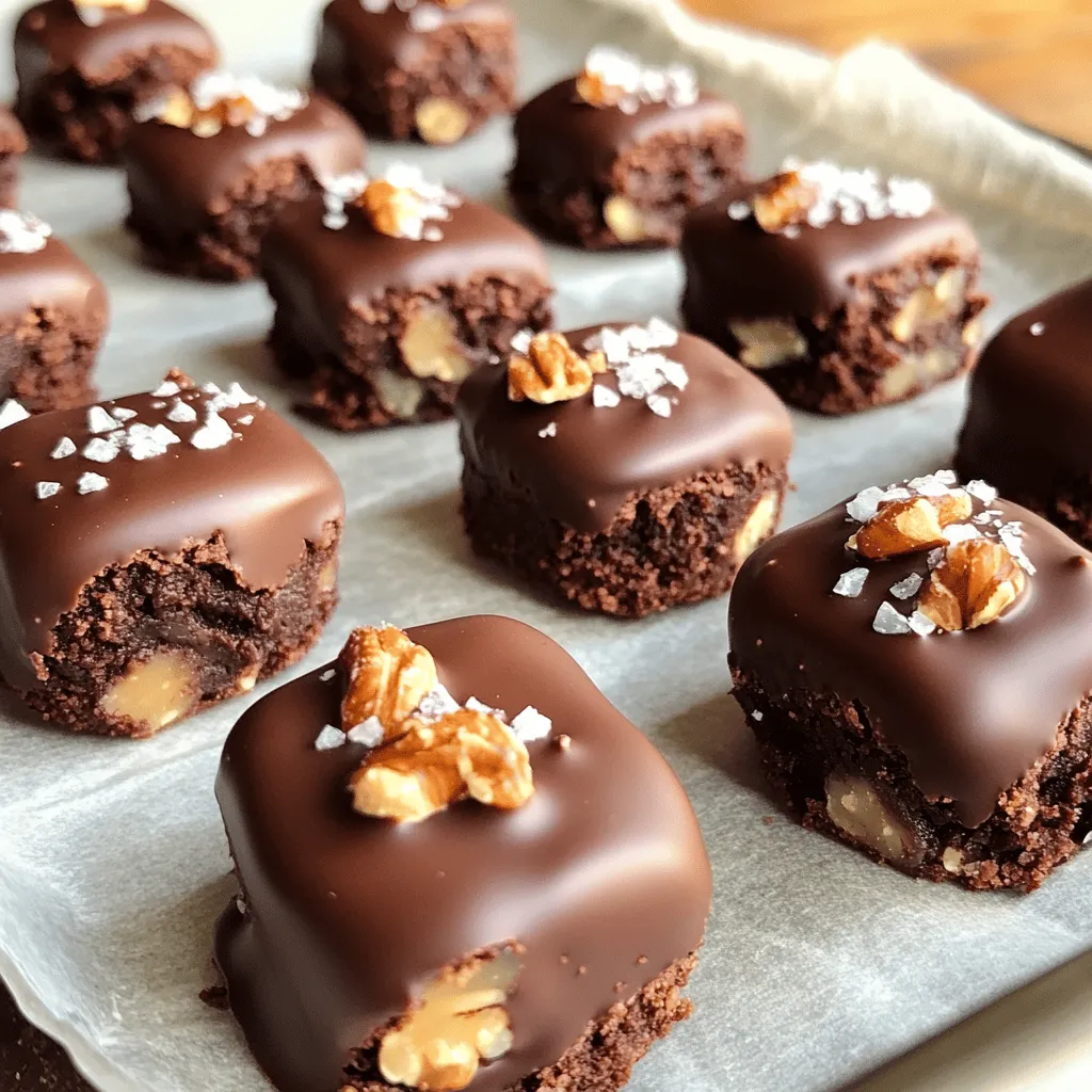 - 1 cup walnuts - 1 cup pitted dates - 1/4 cup unsweetened cocoa powder - 1/4 cup almond flour - 1/4 teaspoon sea salt - 1 teaspoon vanilla extract - 1/4 cup dark chocolate chips (dairy-free if desired) - 2 tablespoons almond butter (or peanut butter) - Sea salt flakes for topping To make no-bake brownie bites, gather these simple ingredients. Each one plays a key role. Walnuts give a nice crunch and healthy fats. Dates act as a natural sweetener and binder. Cocoa powder adds rich chocolate flavor. Almond flour brings a soft texture. Sea salt balances the sweetness. Vanilla gives a lovely aroma. Dark chocolate chips add extra indulgence. Almond butter creates creaminess, but peanut butter works too. Finally, sea salt flakes enhance the taste. - Alternative nuts or seeds - Using honey or agave instead of dates - Substituting cocoa powder with carob powder Feel free to get creative! You can swap walnuts for other nuts or seeds. If you want a sweet kick without dates, honey or agave works. For a different taste, try carob powder instead of cocoa. Each choice can change the flavor and texture of your brownie bites. Remember, the best cooking often involves personal touches. Enjoy experimenting! For the complete recipe, visit Full Recipe. - Combine walnuts and dates in a food processor. - Pulse until a sticky mixture forms. Start by placing the walnuts and pitted dates into your food processor. You want to blend them until they stick together. This forms a great base for your brownie bites. It should look crumbly yet sticky. If it’s too dry, you can add a little water and pulse again. - Add dry ingredients and pulse until combined. - Incorporate wet ingredients, adjusting with water as needed. Next, it’s time to add the dry ingredients. Put in the cocoa powder, almond flour, and a sprinkle of sea salt. Pulse the mixture until everything blends well. Then, add the wet ingredients: the vanilla extract, almond butter, and dark chocolate chips. Keep processing until it sticks together. If the mix feels too dry, add water one tablespoon at a time. You want a dough-like consistency. - Roll mixture into bite-sized balls. - Refrigerate for 30 minutes before serving. Now, take clean hands and grab small portions of the mixture. Roll them into bite-sized balls, about one inch in diameter. Place them on a tray lined with parchment paper. To add a touch of flair, sprinkle a pinch of sea salt flakes on top. Chill these brownie bites in the fridge for at least 30 minutes. This step helps them firm up nicely. After that, they are ready to enjoy! For the full recipe, check the earlier section. To make your brownie bites stick together, texture matters. If your mix feels dry, add water. Start with just one tablespoon at a time. Pulse the mixture and check the texture. You want it sticky but not too wet. When rolling your bites, use clean hands. Take small portions and roll them into 1-inch balls. Keep them uniform for even bites. This makes them look great and ensures they chill properly. Want to spice things up? Try adding a bit of cinnamon or espresso powder. These flavors boost the chocolate taste. Just a pinch can change the whole treat. You can also switch up your nut butter. Use flavored nut butters like almond or cashew. This adds a fun twist and can change the taste completely. Pair these bites with a tall glass of almond milk. The smoothness complements the rich chocolate. You can serve them on a cute platter for a special touch. For a fun twist, try skewering them with fruit. Use strawberries or bananas for a colorful display. This makes your dessert pop and adds freshness. For the full recipe, check out the details above! {{image_2}} If you want to skip walnuts, you can use sunflower seeds or oats. Both give a nice crunch and keep the texture you want. You can also try almond flour or coconut flour as a base. These keep the bites moist and tasty. To switch things up, add caramel or nut butter centers. This makes each bite a fun surprise. You can also use different types of chocolate. Try milk, white, or dark chocolate for unique flavors. Each type will change the taste and sweetness of your bites. You can make themed brownie bites for holidays. Think peppermint for winter or pumpkin spice for fall. These flavors make the bites festive and fun. They are also great for celebrations. Make them bite-sized for parties or special treats. You can find the full recipe for these delicious bites to explore all these variations. Store your no bake brownie bites in the refrigerator for best results. They stay fresh and tasty. If you want to keep them longer, freezing works too. Just ensure you wrap them well. Use airtight containers for both methods. This will help keep moisture out and flavors in. Brownie bites last about a week in the fridge. In the freezer, they can last for about three months. Check for signs of spoilage. If they smell off or look dry, it's time to toss them. Freshness is key for the best taste! Don’t waste any leftover brownie bites! You can add them to smoothies for a rich flavor. They also taste great crumbled over yogurt or ice cream. This adds a nice crunch and extra sweetness to your treats. Get creative and enjoy these bites in new ways! To make No Bake Brownie Bites vegan, you need to swap a few ingredients. Use almond butter or peanut butter instead of any non-vegan butter. Ensure your chocolate chips are dairy-free. The rest of the ingredients are naturally vegan. These simple swaps keep the bites delicious while meeting vegan needs. Yes, you can freeze No Bake Brownie Bites. To freeze, place them in an airtight container. Ensure they are in a single layer to avoid sticking. When you want to eat them, just take out the desired amount. Let them thaw in the fridge for a few hours or on the counter for about 30 minutes. If you need a date substitute, consider using raisins or prunes. Both offer a natural sweetness. However, they can change the flavor slightly. You might need to adjust the amount of sweetener in the recipe. Applesauce can also work but may alter the texture. To customize sweetness, adjust the amount of dates or sweetener. If you want a less sweet bite, cut back on the dates. If you like it sweeter, add a bit more almond butter or a dash of maple syrup. Taste as you go to find your perfect balance. For the complete recipe and more tips, check the Full Recipe section above. In this post, we explored how to make no-bake brownie bites with simple ingredients. You learned about required items, optional add-ins, and step-by-step instructions. We also shared tips for perfecting your bites and exciting variations to try. With easy storage tips and answers to common questions, these brownie bites are perfect for all. Enjoy customizing them to fit your taste, and share them with friends. Happy making!