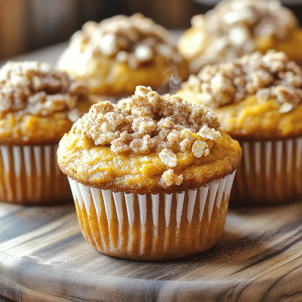 To make the Pumpkin Streusel Coffee Cake Muffins, you will need a mix of wet and dry ingredients. Each part brings unique flavors and texture. Here’s the complete list: - 1 cup canned pumpkin puree - 1/2 cup granulated sugar - 1/2 cup brown sugar, packed - 1/3 cup vegetable oil - 2 large eggs - 1 teaspoon vanilla extract - 1 1/2 cups all-purpose flour - 1 teaspoon baking powder - 1 teaspoon baking soda - 1 teaspoon ground cinnamon - 1/2 teaspoon ground nutmeg - 1/4 teaspoon ground ginger - 1/4 teaspoon salt For the Streusel Topping: - 1/2 cup all-purpose flour - 1/4 cup brown sugar, packed - 1/4 cup rolled oats - 1 teaspoon ground cinnamon - 1/4 cup cold butter, cubed Using the right ingredients is key. The pumpkin puree keeps the muffins moist, while the sugars add sweetness. The spices bring warmth, perfect for fall. The streusel topping adds a crunchy layer that contrasts with the soft muffins. Check the [Full Recipe] to see how everything comes together. 1. Preheat the oven and prepare muffin tin: First, preheat your oven to 350°F (175°C). Next, line a muffin tin with paper liners or grease it lightly with oil. This step helps the muffins bake evenly and prevents sticking. 2. Mix wet ingredients until smooth: In a large bowl, add 1 cup of canned pumpkin puree, 1/2 cup of granulated sugar, 1/2 cup of packed brown sugar, 1/3 cup of vegetable oil, 2 large eggs, and 1 teaspoon of vanilla extract. Whisk these ingredients together until the mixture is smooth and well combined. 3. Combine and mix dry ingredients: In another bowl, mix 1 1/2 cups of all-purpose flour, 1 teaspoon of baking powder, 1 teaspoon of baking soda, 1 teaspoon of ground cinnamon, 1/2 teaspoon of ground nutmeg, 1/4 teaspoon of ground ginger, and 1/4 teaspoon of salt. Whisk these dry ingredients thoroughly to ensure an even blend. - Gradually incorporate dry ingredients into wet mixture: Slowly add the dry mixture to the wet ingredients. Stir gently until just combined. Be careful not to overmix, as this can lead to dense muffins. - Combine streusel ingredients and mix until crumbly: In a separate bowl, mix 1/2 cup of all-purpose flour, 1/4 cup of packed brown sugar, 1/4 cup of rolled oats, and 1 teaspoon of ground cinnamon. Add 1/4 cup of cold, cubed butter. Use your fingers or a pastry cutter to mix until the mixture looks like coarse crumbs. - Fill muffin cups with batter and add streusel topping: Scoop the pumpkin batter into each muffin cup, filling them about 2/3 full. Then, sprinkle a generous tablespoon of streusel topping over each filled cup. - Bake muffins and perform the toothpick test for doneness: Place the muffin tin in the oven and bake for 20-25 minutes. To check if they're done, insert a toothpick into the center of a muffin. If it comes out clean, the muffins are ready! - Cool muffins before serving; presentation tips for display: Allow the muffins to cool in the pan for about 5 minutes. Then, transfer them to a wire rack to cool completely. For a lovely display, serve the muffins warm, maybe topped with a sprinkle of additional cinnamon. Arrange them on a cake stand or platter for an inviting look. You can find the full recipe for these delightful Pumpkin Streusel Coffee Cake Muffins to try them out at home! To get the best texture and flavor in your muffins, follow these steps: - Use fresh ingredients: Fresh baking powder and spices make a big difference. - Don’t overmix: Mix until just combined. This keeps the muffins light and fluffy. - Check your oven: Use an oven thermometer to ensure it’s at the right temperature. - Cool the batter: Let your batter sit for about 10 minutes before baking. This helps the muffins rise better. Storing your muffins correctly keeps them fresh longer: - Room temperature: Place muffins in an airtight container at room temperature for up to 3 days. - Refrigeration: If you need to store them longer, keep them in the fridge for about a week. - Freezing: For longer storage, freeze muffins in a freezer-safe bag for up to 3 months. Thaw in the fridge or at room temperature. Pair these muffins for a delightful experience: - Coffee: A rich cup of coffee complements the pumpkin flavor well. - Tea: Try them with spiced chai tea for a cozy treat. - Toppings: Serve with a dollop of cream cheese frosting or a sprinkle of powdered sugar for extra sweetness. For the full recipe, visit the link provided. Enjoy your baking adventure! {{image_2}} You can change some ingredients for special diets. For a gluten-free version, use gluten-free flour. Almond or coconut flour works well. If you want vegan muffins, swap eggs with flax eggs (1 tablespoon of flaxseed meal mixed with 2.5 tablespoons of water). This makes a great binder. Also, use coconut oil instead of vegetable oil for a rich taste. Try adding chocolate chips to the batter for a sweet touch. Mix in 1/2 cup of dark or milk chocolate chips right before you fill the muffin tins. You can also add nuts for crunch. Chopped walnuts or pecans blend well with the pumpkin flavor. If you prefer fruit, diced apples or dried cranberries bring a nice burst of sweetness. Seasonal ingredients can add fun to your muffins. In fall, add chopped apples for a spiced apple twist. In winter, mix in some fresh cranberries for a tart flavor. In spring, consider using lemon zest for a bright taste. And during summer, fresh blueberries can create a tasty, juicy muffin. Each change can make your muffins unique and exciting. For the full recipe, check out the details above! Store your Pumpkin Streusel Coffee Cake Muffins at room temperature. Place them in an airtight container to keep them fresh. They will stay good for about three days. You can also use a cake dome for an easy display. This keeps them soft and moist. For longer storage, freezing is a great option. Wrap each muffin in plastic wrap. Then place them in a freezer bag. Make sure to remove as much air as possible. You can freeze them for up to three months. When you're ready to eat, just thaw them at room temperature. To reheat your muffins, preheat your oven to 350°F (175°C). Place the muffins on a baking sheet. Heat them for about 10 minutes. This restores their soft texture. You can also use a microwave for quick reheating. Heat for about 15-20 seconds, but be careful not to make them dry. Enjoy your warm muffins! For the full recipe, click [here](#). To stop muffins from sticking, always grease the pan well. Use butter or non-stick spray. You can also line the muffin tin with paper liners. This way, the muffins come out clean and easy. Yes, you can use fresh pumpkin! Bake a small pumpkin until soft, then scoop out the flesh. Blend it until smooth. Use the same amount as the canned pumpkin. Fresh pumpkin may add a little more moisture, so check the texture. If you lack all-purpose flour, try using whole wheat flour or oat flour. You can also use gluten-free flour blends. Just make sure to check the ratios since some flours absorb more liquid than others. To check if muffins are done, insert a toothpick into the center. If it comes out clean or with a few crumbs, they are ready. If the toothpick has wet batter, bake for a few more minutes. You can easily double the recipe! Just multiply each ingredient by two. Use a larger mixing bowl to combine everything. Keep an eye on baking time; larger batches may need extra time in the oven. Each muffin has around 180 calories. They provide some fiber and vitamins from the pumpkin. The sugars and fats add flavor but also increase calories. Enjoy them as a treat, but watch your portion size. For the full recipe, check out the details above! In this post, I covered how to make Pumpkin Streusel Coffee Cake Muffins. We explored the key ingredients, step-by-step instructions, and helpful tips for perfect muffins. I also shared variations, storage info, and answered common questions. Baking can be fun and rewarding. Don't hesitate to try these muffins for your next gathering. Enjoy the process and the delicious results!
