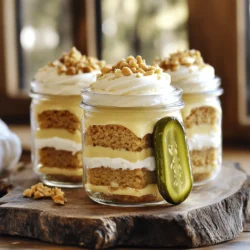 - 1 cup all-purpose flour - 1 teaspoon baking powder - 1/2 teaspoon baking soda - 1/4 teaspoon salt - 1/4 cup unsalted butter, softened - 1/2 cup granulated sugar - 2 large eggs - 1/2 cup creamy peanut butter - 1/2 cup dill pickle juice - 1 cup diced pickles (preferably sweet or dill to balance the flavors) - 1/2 cup creamy frosting (store-bought or homemade) - Crushed peanuts for garnish Peanut butter and pickles bring unique flavors and health perks. Peanut butter is rich in protein, which helps build muscle. It also has healthy fats for energy. Plus, it contains vitamins E and B6. Pickles add crunch and a zesty taste. They are low in calories and provide probiotics, which support gut health. Dill pickle juice also adds moisture and tang to our cake, giving it a special touch. If you want to swap ingredients, here are some ideas: - Use whole wheat flour for a more nutritious base. - Swap unsalted butter with coconut oil for a dairy-free option. - For a vegan choice, replace eggs with flax eggs or applesauce. - Choose almond or cashew butter in place of peanut butter for nut allergies. - Use sweet pickle juice if you prefer a sweeter taste. These swaps help you enjoy the treat while catering to your needs! First, preheat your oven to 350°F (175°C). This will help the cake bake evenly. Next, take an 8-inch square baking pan. Line the bottom with parchment paper. This makes it easy to remove the cake later. Make sure to grease the sides of the pan with butter or cooking spray. This step helps the cake rise without sticking. In a medium bowl, whisk together the flour, baking powder, baking soda, and salt. This mixes the dry ingredients well. In a large bowl, cream the softened butter and sugar. Use a hand mixer for about three minutes. You want the mixture to be light and fluffy. It’s key for a soft cake. Beat in the eggs one at a time. Mix well after each addition. Then blend in the creamy peanut butter. This adds a rich taste to the cake. Gradually add the dry mix to the wet mix. Alternate with the dill pickle juice. Start and end with the flour mixture. Mix until just combined. Finally, fold in the diced pickles for extra flavor. Pour the batter into the prepared pan. Smooth the top with a spatula. Bake in the preheated oven for 25-30 minutes. To check if it's done, insert a toothpick in the center. It should come out clean. Let the cake cool completely in the pan on a wire rack. Once cooled, cut the cake into squares. For more fun, layer pieces in a mason jar with frosting. This makes a great treat! For the full recipe, check out the details above. To keep your Peanut Butter Pickle Cake Jars fresh, store them in the fridge. Use tight-fitting lids to prevent drying out. These jars taste best cold, so serve them straight from the fridge. For a fun touch, add a colorful ribbon around each jar. It makes a great gift or party treat! If your cake turns out dry, check your oven's temperature. An oven that runs hot can bake the cake too fast. Also, avoid overmixing the batter. This can lead to a tough cake. If your frosting is too sweet, add a pinch of salt. This balance helps cut the sweetness. Want to amp up the flavor? Try adding a pinch of cinnamon or nutmeg to the batter. These spices add warmth and depth. You can also mix in chocolate chips for a sweet surprise. Chopped nuts, like pecans or walnuts, can add texture and crunch. Don't shy away from experimenting! {{image_2}} You can mix other fun flavors with peanut butter and pickles. Try adding chocolate chips for a sweet twist. You can also use caramel sauce to make it richer. If you like spice, add a pinch of cayenne or chili powder for a kick. Another option is to mix in some crushed pineapple for a tropical flair. Each of these ingredients adds a new layer of taste to your cake jars. You can make this cake vegan or gluten-free. For a vegan version, replace eggs with flaxseed or applesauce. Use plant-based butter and dairy-free frosting. For gluten-free cake, swap all-purpose flour with gluten-free flour. Check the labels to ensure all ingredients fit your needs. These swaps keep the fun alive for everyone. Layering your cake jars can be a fun art project. Start with a slice of cake, then add a layer of frosting. You can repeat this process until the jar is full. Top it off with crushed peanuts for crunch. To make it extra special, tie a colorful ribbon around the jar. You can also add a small pickle slice on the edge for a unique touch. This makes for a delicious treat that looks great too. Store your Peanut Butter Pickle Cake Jars in the fridge. Use airtight jars to keep them fresh. This helps maintain their unique flavors and soft texture. Before serving, let them sit at room temperature for a few minutes. This little wait makes each bite more enjoyable. These cake jars stay fresh for about 5 to 7 days in the fridge. Keep an eye on them, as the pickles can change texture over time. If you notice any odd smells or a change in color, it's best to toss them. Enjoy them while they are still delightful! You can freeze the cake jars for later enjoyment. To do this, leave some space at the top of the jars. This allows for expansion as they freeze. Seal the jars tightly, then place them in the freezer. They can last for up to 3 months. When you're ready to eat, move them to the fridge to thaw overnight. After thawing, they taste almost as good as fresh! For the full recipe, check the earlier sections. Yes, you can use crunchy peanut butter! The texture will change. Crunchy peanut butter adds little bits of peanuts. This gives your cake a fun crunch. However, it may make the cake slightly drier. You might want to add a bit more pickle juice. This will help keep the cake moist. Dill pickle juice adds a unique flavor. It balances the sweetness of the cake. This tangy juice also brings moisture to the batter. Without it, the cake might taste too sweet. The juice makes each bite interesting. It pairs well with peanut butter, creating a fun flavor mix. You can easily scale this recipe. To make more jars, just double or triple the ingredients. Use larger jars if you make more cake. A bigger baking pan also helps. Keep an eye on the baking time, as larger cakes may need more time. A toothpick test will help you know when it's done. This post covered all aspects of making delicious cake jars with unique flavors. We looked at key ingredients like peanut butter and pickles, their benefits, and alternative options for different diets. I shared step-by-step instructions, tips for success, and ways to enhance flavor. Lastly, we discussed storage, variations, and answered common questions. Experiment with your favorite flavors and have fun creating! Enjoy making these cake jars your own.
