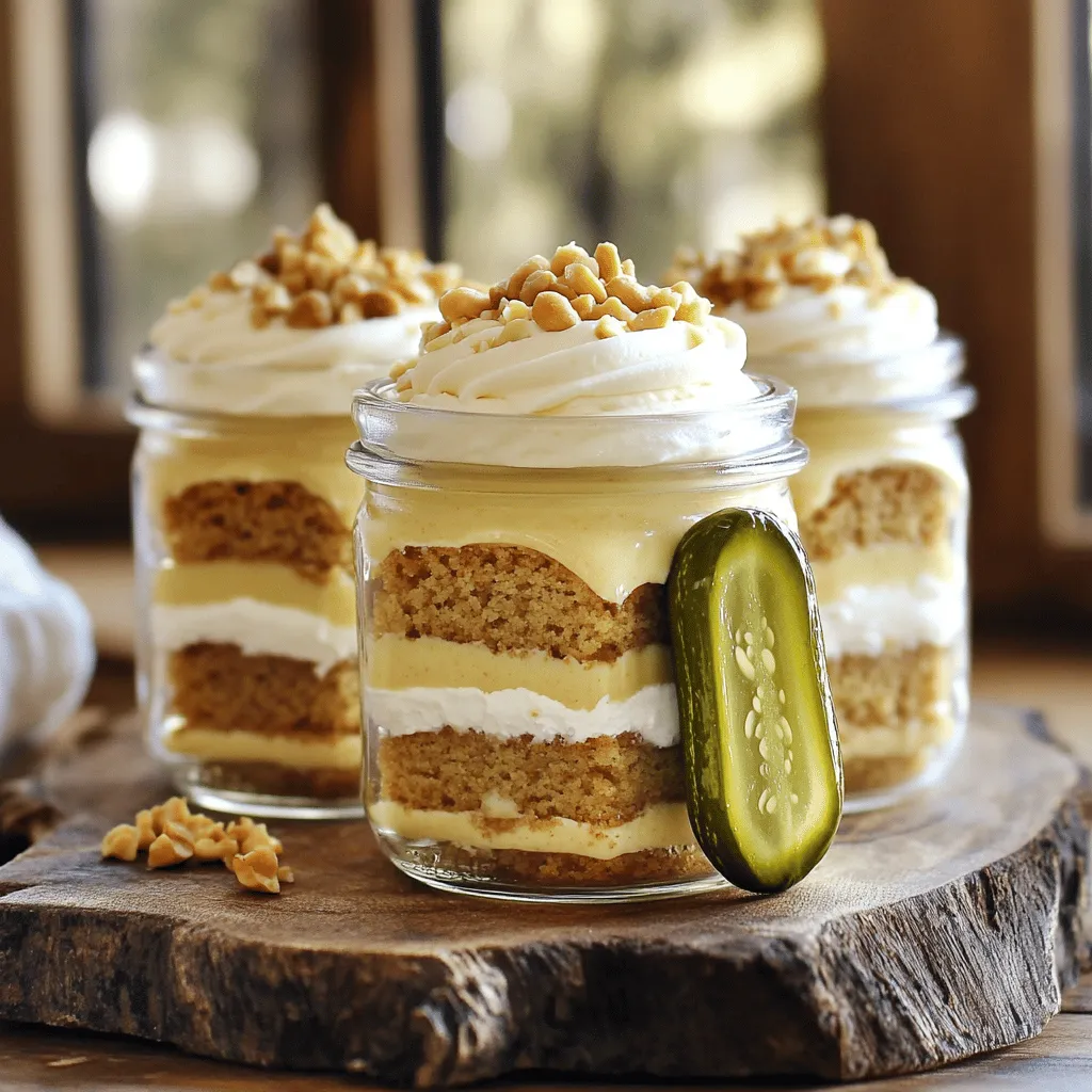 - 1 cup all-purpose flour - 1 teaspoon baking powder - 1/2 teaspoon baking soda - 1/4 teaspoon salt - 1/4 cup unsalted butter, softened - 1/2 cup granulated sugar - 2 large eggs - 1/2 cup creamy peanut butter - 1/2 cup dill pickle juice - 1 cup diced pickles (preferably sweet or dill to balance the flavors) - 1/2 cup creamy frosting (store-bought or homemade) - Crushed peanuts for garnish Peanut butter and pickles bring unique flavors and health perks. Peanut butter is rich in protein, which helps build muscle. It also has healthy fats for energy. Plus, it contains vitamins E and B6. Pickles add crunch and a zesty taste. They are low in calories and provide probiotics, which support gut health. Dill pickle juice also adds moisture and tang to our cake, giving it a special touch. If you want to swap ingredients, here are some ideas: - Use whole wheat flour for a more nutritious base. - Swap unsalted butter with coconut oil for a dairy-free option. - For a vegan choice, replace eggs with flax eggs or applesauce. - Choose almond or cashew butter in place of peanut butter for nut allergies. - Use sweet pickle juice if you prefer a sweeter taste. These swaps help you enjoy the treat while catering to your needs! First, preheat your oven to 350°F (175°C). This will help the cake bake evenly. Next, take an 8-inch square baking pan. Line the bottom with parchment paper. This makes it easy to remove the cake later. Make sure to grease the sides of the pan with butter or cooking spray. This step helps the cake rise without sticking. In a medium bowl, whisk together the flour, baking powder, baking soda, and salt. This mixes the dry ingredients well. In a large bowl, cream the softened butter and sugar. Use a hand mixer for about three minutes. You want the mixture to be light and fluffy. It’s key for a soft cake. Beat in the eggs one at a time. Mix well after each addition. Then blend in the creamy peanut butter. This adds a rich taste to the cake. Gradually add the dry mix to the wet mix. Alternate with the dill pickle juice. Start and end with the flour mixture. Mix until just combined. Finally, fold in the diced pickles for extra flavor. Pour the batter into the prepared pan. Smooth the top with a spatula. Bake in the preheated oven for 25-30 minutes. To check if it's done, insert a toothpick in the center. It should come out clean. Let the cake cool completely in the pan on a wire rack. Once cooled, cut the cake into squares. For more fun, layer pieces in a mason jar with frosting. This makes a great treat! For the full recipe, check out the details above. To keep your Peanut Butter Pickle Cake Jars fresh, store them in the fridge. Use tight-fitting lids to prevent drying out. These jars taste best cold, so serve them straight from the fridge. For a fun touch, add a colorful ribbon around each jar. It makes a great gift or party treat! If your cake turns out dry, check your oven's temperature. An oven that runs hot can bake the cake too fast. Also, avoid overmixing the batter. This can lead to a tough cake. If your frosting is too sweet, add a pinch of salt. This balance helps cut the sweetness. Want to amp up the flavor? Try adding a pinch of cinnamon or nutmeg to the batter. These spices add warmth and depth. You can also mix in chocolate chips for a sweet surprise. Chopped nuts, like pecans or walnuts, can add texture and crunch. Don't shy away from experimenting! {{image_2}} You can mix other fun flavors with peanut butter and pickles. Try adding chocolate chips for a sweet twist. You can also use caramel sauce to make it richer. If you like spice, add a pinch of cayenne or chili powder for a kick. Another option is to mix in some crushed pineapple for a tropical flair. Each of these ingredients adds a new layer of taste to your cake jars. You can make this cake vegan or gluten-free. For a vegan version, replace eggs with flaxseed or applesauce. Use plant-based butter and dairy-free frosting. For gluten-free cake, swap all-purpose flour with gluten-free flour. Check the labels to ensure all ingredients fit your needs. These swaps keep the fun alive for everyone. Layering your cake jars can be a fun art project. Start with a slice of cake, then add a layer of frosting. You can repeat this process until the jar is full. Top it off with crushed peanuts for crunch. To make it extra special, tie a colorful ribbon around the jar. You can also add a small pickle slice on the edge for a unique touch. This makes for a delicious treat that looks great too. Store your Peanut Butter Pickle Cake Jars in the fridge. Use airtight jars to keep them fresh. This helps maintain their unique flavors and soft texture. Before serving, let them sit at room temperature for a few minutes. This little wait makes each bite more enjoyable. These cake jars stay fresh for about 5 to 7 days in the fridge. Keep an eye on them, as the pickles can change texture over time. If you notice any odd smells or a change in color, it's best to toss them. Enjoy them while they are still delightful! You can freeze the cake jars for later enjoyment. To do this, leave some space at the top of the jars. This allows for expansion as they freeze. Seal the jars tightly, then place them in the freezer. They can last for up to 3 months. When you're ready to eat, move them to the fridge to thaw overnight. After thawing, they taste almost as good as fresh! For the full recipe, check the earlier sections. Yes, you can use crunchy peanut butter! The texture will change. Crunchy peanut butter adds little bits of peanuts. This gives your cake a fun crunch. However, it may make the cake slightly drier. You might want to add a bit more pickle juice. This will help keep the cake moist. Dill pickle juice adds a unique flavor. It balances the sweetness of the cake. This tangy juice also brings moisture to the batter. Without it, the cake might taste too sweet. The juice makes each bite interesting. It pairs well with peanut butter, creating a fun flavor mix. You can easily scale this recipe. To make more jars, just double or triple the ingredients. Use larger jars if you make more cake. A bigger baking pan also helps. Keep an eye on the baking time, as larger cakes may need more time. A toothpick test will help you know when it's done. This post covered all aspects of making delicious cake jars with unique flavors. We looked at key ingredients like peanut butter and pickles, their benefits, and alternative options for different diets. I shared step-by-step instructions, tips for success, and ways to enhance flavor. Lastly, we discussed storage, variations, and answered common questions. Experiment with your favorite flavors and have fun creating! Enjoy making these cake jars your own.