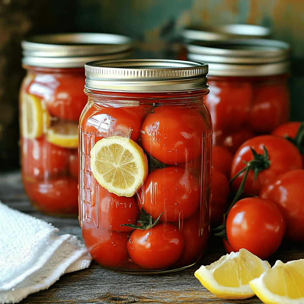To can tomatoes, you will need these simple ingredients: - 10-12 ripe tomatoes (any variety) - 1 tablespoon lemon juice (per quart) - 1 teaspoon salt (optional, per quart) - Water (for processing) Using fresh, ripe tomatoes makes a big difference. Choose tomatoes that are firm and free from blemishes. Any type can work, but meaty varieties like Roma hold up well. Always add lemon juice for safety. The acidity helps prevent bacteria from growing. Salt is optional but adds flavor. If you don't have lemon juice, you can use citric acid instead. Just use 1/4 teaspoon per quart. For salt, feel free to skip it if you're watching your sodium. If you want a hint of spice, consider adding crushed red pepper flakes. This can give your canned tomatoes a little kick. Start by getting your jars ready. You need to sterilize your canning jars, lids, and rings. To do this, boil them in a large pot of water for at least 10 minutes. After that, let them dry on a clean towel. This step helps keep your canned tomatoes safe from germs. Next, wash the tomatoes well. This removes dirt and any debris. To make peeling easier, score a small X on the bottom of each tomato. Blanch them in boiling water for 1-2 minutes. You will see the skins start to crack. Quickly move them to an ice bath to cool down. Once cooled, peel off the skins. You can chop the tomatoes into quarters or leave them whole, based on what you like. Now it’s time to fill the jars. In each sterilized jar, add 1 tablespoon of lemon juice and 1 teaspoon of salt if you want. Start packing the tomatoes into the jar. Leave about 1/2 inch of space at the top. Wipe the rims of the jars with a clean cloth to help ensure a good seal. Place the sterilized lids on top and screw on the rings until they are fingertip-tight. Next, place the jars in a boiling water canner. Make sure they are fully submerged. Process the jars for 40-45 minutes, adjusting for your altitude if needed. After processing, carefully remove the jars with jar tongs. Place them on a clean towel or rack to cool completely. You should hear a popping sound as the jars seal. To check the seal, press down in the center of the lid. If it does not pop back, the jar is sealed. If it does pop back, refrigerate and use it in a few days. This process is part of the full recipe for canning tomatoes, and it’s simple once you get the hang of it! Safety is key in home canning. Always use clean, sterilized jars. This keeps out germs. Use a boiling water bath for canning tomatoes. This method helps kill harmful bacteria. Always check your jars after cooling. Press the lid's center. If it pops back, the jar didn’t seal. Store any unsealed jars in the fridge and use them soon. Avoid using damaged jars or lids. They can cause leaks. Don’t skip the lemon juice. It adds acidity and helps preserve the tomatoes. Make sure to leave enough headspace in the jars. This prevents overflow during processing. Lastly, don’t rush the cooling process. Let jars cool slowly to ensure a good seal. To seal jars well, wipe the rim before sealing. This removes any food particles that may block the seal. Tighten the rings just until they are snug. Too loose, and air may enter; too tight, and they may break. After processing, let your jars sit undisturbed. You will hear the popping sound as they seal. This sound means your hard work has paid off! You can find the full recipe above to get started. {{image_2}} You can make your canned tomatoes extra tasty by adding some simple ingredients. You might try: - Fresh basil leaves - Oregano - Garlic cloves - Red pepper flakes - Bay leaves Just add these items to the jars before sealing them. Each of these add-ins gives your tomatoes a unique flavor. Experiment to find your favorite mix! You can use two main methods for canning tomatoes: water bath canning and pressure canning. - Water Bath Canning: This method is simple and works well for high-acid foods. It uses boiling water to seal jars. The tomatoes get heated enough to kill germs. This method is great for plain canned tomatoes and works well with the full recipe. - Pressure Canning: This method uses steam and high pressure. It is best for low-acid foods. It heats jars at a higher temperature. This helps keep your food safe and fresh longer. Choose the method that suits your tomatoes best! Canned tomatoes are super versatile! You can use them in many recipes. Here are some ideas: - Soups: Add them to your favorite soup for a rich base. - Sauces: Use them for pasta sauce or pizza sauce. - Stews: Toss them into stews for added flavor. - Salsas: Blend them with onions, peppers, and spices for salsa. - Casseroles: Layer them into your casseroles for moisture and taste. Canned tomatoes make cooking quick and easy. Enjoy your homemade flavor! Store your canned tomatoes in a cool, dark place. A pantry or cupboard works well. Keep them away from heat and light. This helps keep the flavors fresh. Make sure they are upright. If they fall over, they may leak. Canned tomatoes can last for up to a year. If stored well, they may last even longer. Check the canning date to track freshness. Always use the oldest jars first. This keeps the flavors at their best. Inspect your jars before use. Look for any dents, rust, or leaks. If you see any of these, do not use the jar. Check the lid too. If it bulges or pops when you press it, throw it away. If the tomatoes smell bad or look off, discard them. Always prioritize safety over taste. Canned tomatoes can last for a year or more. Store them in a cool, dark place. This helps keep their taste fresh. After opening, use them within five days. Always check for signs of spoilage before use. You can use overripe tomatoes, but they may not taste as good. They can be softer and more watery. If you choose them, make sure they are still safe to eat. Look for any bad spots and cut them away. If your jars didn't seal, don't worry. First, check the lid. If it pops back when pressed, it didn't seal. You can reprocess the jar or refrigerate it. Use the contents within a few days. Always keep an eye on your jars. If you see any signs of spoilage, throw them away. In this post, we covered all you need for successful canning. You learned about required ingredients, tips for preparation, and step-by-step instructions. We discussed safety guidelines and common mistakes too. Plus, I shared ways to store canned tomatoes and their shelf life. Remember to keep an eye on your jars for spoilage signs. Home canning can be fun and rewarding. Now you can create tasty meals with your own home-canned tomatoes. Enjoy the process, and let your creativity shine!