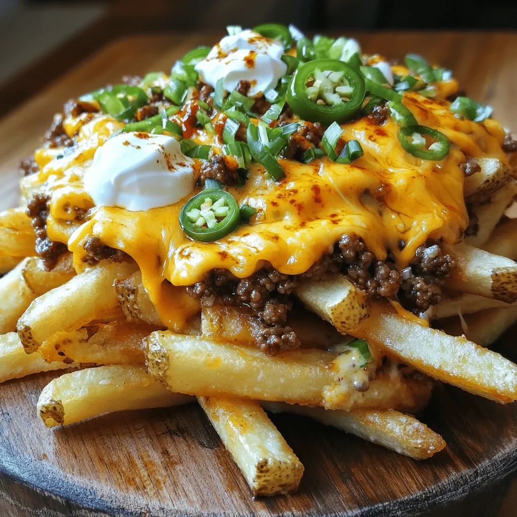 - 4 large russet potatoes - 1 cup shredded cheddar cheese - 1 cup cooked ground beef or turkey - 1/2 cup sour cream - 1/2 cup diced green onions - 1/4 cup sliced jalapeños (fresh or pickled) - 1 teaspoon garlic powder - 1 teaspoon onion powder - Salt and pepper to taste - 2 tablespoons olive oil For Dirty Loaded Fries, you need simple and fresh ingredients. Start with four large russet potatoes. They give the best texture. You'll also need one cup of shredded cheddar cheese. This melts beautifully on top. Next, grab one cup of cooked ground beef or turkey. It adds that meaty flavor we crave. For toppings, sour cream is a must. A half cup will do. You'll also want a half cup of diced green onions for a fresh crunch. If you like spice, add a quarter cup of sliced jalapeños. These can be fresh or pickled, based on your taste. Finally, we have seasonings. You'll need one teaspoon each of garlic powder and onion powder. Don't forget salt and pepper to taste. These bring out the flavors. Use two tablespoons of olive oil to coat the fries before baking. This helps them get crispy and golden. This recipe is fun and easy, making it perfect for gatherings or a cozy night in. You can find the full recipe to make your own delicious Dirty Loaded Fries. - Preheat the oven to 425°F (220°C). - Wash and scrub the russet potatoes. Cut them into fry shapes, about 1/4 inch thick. This size helps them cook evenly. - In a large bowl, toss the cut potatoes with 2 tablespoons of olive oil, 1 teaspoon of garlic powder, 1 teaspoon of onion powder, salt, and pepper. Make sure they are well coated. - Spread the fries in a single layer on a baking sheet lined with parchment paper. Bake for 30-35 minutes, flipping halfway through. This will give you crispy and golden fries. - When the fries are done, take them out of the oven. Immediately add 1 cup of shredded cheddar cheese on top. Return them to the oven for an additional 5 minutes to melt the cheese. - Once the cheese is melted, top the loaded fries with 1 cup of warm cooked ground beef, 1/2 cup of sour cream, 1/2 cup of diced green onions, and 1/4 cup of sliced jalapeños. - If you like some heat, drizzle hot sauce over the top. Enjoy this cheesy, meaty goodness! For the complete recipe, check out the Full Recipe. To make your fries crispy, start with the right cut. Cut the potatoes into even pieces, about 1/4 inch thick. This helps them cook evenly. A sharp knife or a fry cutter works best for uniform fries. For extra crispiness, soak the cut potatoes in cold water for 30 minutes. This removes excess starch. After soaking, dry them well with a towel. Toss the fries in olive oil and seasonings before baking. When baking, spread the fries in a single layer on your baking sheet. This allows hot air to circulate. Flip them halfway through cooking for even browning. Bake at 425°F (220°C) for 30-35 minutes until golden brown. You can add more fun to your dirty loaded fries with toppings. Try crispy bacon bits for a salty crunch. Diced avocado adds creaminess and freshness. For sauces, sour cream is a classic choice. It complements the cheese and beef well. Hot sauce is a great way to add spice. Drizzle it over the top for a kick. Experiment with different flavors to find your favorite combo. Each topping can give your fries a new twist. Enjoy the process of making these loaded fries uniquely yours! {{image_2}} You can switch up the meat on your Dirty Loaded Fries. Instead of ground beef or turkey, try pulled pork or shredded chicken. Both add a juicy and flavorful twist. For a vegetarian option, black beans or chickpeas work great. They offer protein and a hearty texture. Just heat them up and sprinkle them on top. Cheese is key for Dirty Loaded Fries. While cheddar cheese is classic, consider nacho cheese for a creamy texture. Pepper jack cheese adds a spicy kick. If you prefer a dairy-free option, try vegan cheese. Many brands melt well and taste great. This way, everyone can enjoy these loaded fries! You can store leftover dirty loaded fries in the fridge. Use an airtight container for best results. They stay fresh for up to three days. When you want to eat them, reheat in the oven. I recommend setting it to 375°F (190°C). Place the fries on a baking sheet. Bake for about 10-15 minutes. This way, they stay crispy and tasty. You can freeze dirty loaded fries before or after baking them. If you freeze before baking, cut and season the fries first. Spread them on a baking sheet and freeze until solid. Then, transfer the fries to a freezer bag. If you freeze after baking, use a similar method. Just wait until they cool down before packing. When you want to cook frozen fries, add about 5-10 minutes to the baking time. Check for crispiness to make sure they are done. Enjoy your loaded fries anytime! Dirty Loaded Fries are a fun, tasty dish. They start with crispy fries made from large russet potatoes. You add layers of flavor with toppings like: - 1 cup shredded cheddar cheese - 1 cup cooked ground beef or turkey - 1/2 cup sour cream - 1/2 cup diced green onions - 1/4 cup sliced jalapeños (fresh or pickled) You also use seasonings like garlic powder and onion powder. Olive oil helps make the fries crispy. This mix of hot fries and toppings makes each bite full of taste! Yes, you can prep Dirty Loaded Fries in advance. Start by cutting the potatoes into fry shapes. Toss them with olive oil and seasonings. Then, spread them on a baking sheet. Cover the tray with plastic wrap and store it in the fridge. When you are ready to cook, just bake them as directed. This way, you save time and still get crispy fries. Dirty Loaded Fries can be a bit heavy, but there are ways to make them healthier. You can use ground turkey instead of beef. This swaps in less fat. You can also use less cheese or switch to a lighter cheese. Adding veggies like tomatoes or lettuce can boost their nutrition. Enjoy them as an occasional treat, and feel free to make smart swaps! Dirty loaded fries are a fun dish made from four simple russet potatoes. You bake them with tasty seasonings and top them with cheese, ground meat, and your favorite condiments. You can make this dish your own by choosing different meats or cheeses. Storing leftovers and freezing them for later is easy too. Enjoy creating your own version of dirty loaded fries. It's simple and satisfying!
