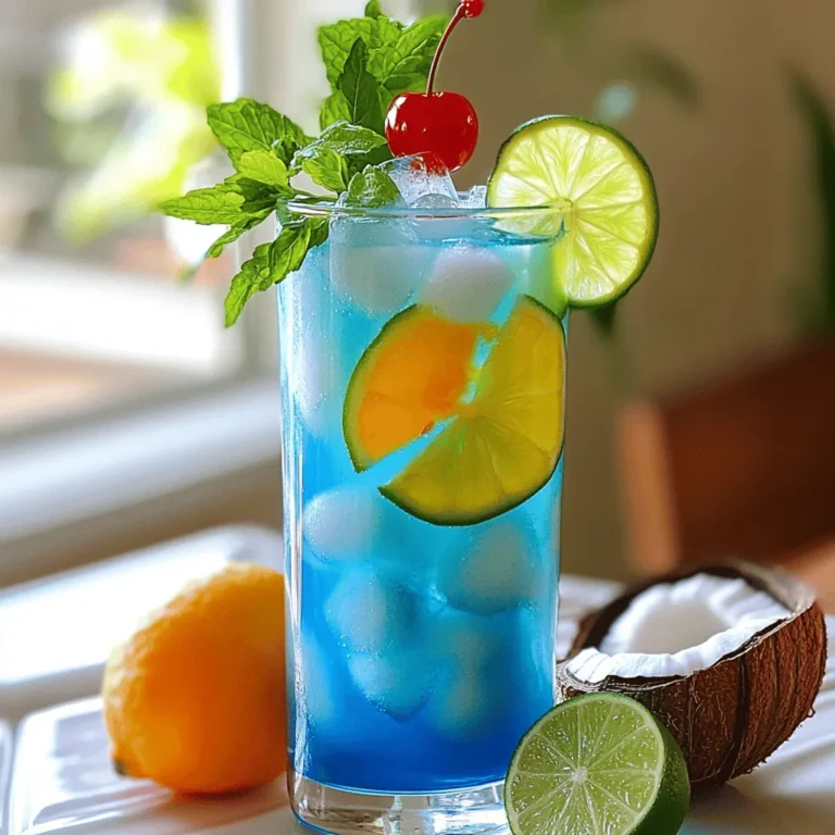 - 1 cup blue sports drink (like Gatorade) - 1 cup lemonade - 1/2 cup coconut water - 1/4 cup fresh lime juice - Ice cubes - Lime slices for garnish - Maraschino cherries for garnish - Fresh mint leaves for garnish The Blue Lagoon Mocktail is a fun drink that looks great and tastes even better. To make this drink, you need simple and colorful ingredients. First, the blue sports drink gives a bright color. You can use Gatorade or any similar drink. Next, lemonade adds a sweet and tangy taste. Coconut water brings a hint of creaminess and is refreshing. Fresh lime juice gives a zesty kick that brightens the drink. Don't forget the ice cubes! They chill the drink and keep it cool. For garnish, lime slices add a pop of color. Maraschino cherries bring sweetness and look pretty on top. Finally, fresh mint leaves add a nice aroma and a touch of green. You can find the full recipe above. Enjoy making this refreshing drink! To start, grab a large pitcher. Pour in 1 cup of blue sports drink, 1 cup of lemonade, 1/2 cup of coconut water, and 1/4 cup of fresh lime juice. This mix gives the drink its vibrant blue color and delicious flavor. Stir well until everything blends smoothly. This step is key for a tasty mocktail. Next, take your glasses and fill each one with ice cubes to the rim. This keeps your drink cold and refreshing. Once the glasses are ready, pour the blue mixture over the ice. Fill each glass to the top. It looks great and feels cool on a hot day. Now comes the fun part: garnishing! Add a slice of lime to each glass for a zesty touch. Toss in a maraschino cherry for sweetness and a sprig of fresh mint for color. These little touches make your drink pop! Serve each mocktail right away with a straw. Enjoy this refreshing drink and share it with friends. For the full recipe, check out Blue Lagoon Mocktail. To make your Blue Lagoon Mocktail shine, you can adjust the sweetness. If you like it sweeter, add more lemonade. You can also use less lemonade for a less sweet drink. Using fresh ingredients is key for the best taste. Fresh lime juice has more flavor than bottled juice. Fresh mint leaves bring a bright touch to each sip. Garnishes make your drink look great. Try adding a slice of lime on the rim. Maraschino cherries add a fun pop of color. Fresh mint leaves not only look nice but also smell good. Choose tall glasses for a classy look. Clear glasses show off the beautiful blue color. For a fun twist, use mason jars or colorful cups. These small details make your Blue Lagoon Mocktail even more special. {{image_2}} You can change the recipe a bit to suit your taste. If you want to substitute coconut water, try using sparkling water. It adds bubbles and keeps it light. You can also swap coconut water for pineapple juice for a tropical twist. For sports drinks, feel free to use different flavors. A red or purple sports drink can create a fun look. You can even mix flavors! Combining blue and red drinks gives a bright purple color. Adding fresh fruits to your Blue Lagoon Mocktail brings extra fun. In summer, use fresh berries like strawberries or blueberries. They add color and a burst of flavor. In the fall, try adding sliced apples or pears. Herbs can also give your drink a unique taste. Use fresh basil or mint for a fresh kick. Just add a few leaves while mixing. This adds a nice herbal flavor that pairs well with the lime. Explore these variations to make your Blue Lagoon Mocktail special. Each change can create a new and exciting drink for you and your guests! You can prepare the base mixture a day in advance. Just mix the blue sports drink, lemonade, coconut water, and lime juice in a pitcher. Stir it well, then cover it tightly. Store it in the fridge until you are ready to serve. This way, your drink is ready to go when guests arrive. If you have leftovers, pour the mixture back into the pitcher and seal it. It will last for a few days. You can store the Blue Lagoon Mocktail in the fridge for up to 3 days. Keep it in a closed container for the best results. Before serving, check for signs of spoilage. If the drink smells off or looks different, it's time to toss it. Always trust your senses! Enjoy this fun drink while it's fresh! Yes, you can make Blue Lagoon Mocktail without coconut water. Some great alternatives include: - Sparkling water: This adds fizz without changing the flavor too much. - Regular water: It keeps it light and simple. - Fruit juice: You can use pineapple or orange juice for a fruity twist. These options will still give you a refreshing drink. Feel free to experiment until you find your favorite mix! Absolutely! The Blue Lagoon Mocktail shines at parties. Here are some tips for making it in bulk: - Batch preparation: Mix all the liquids in a large pitcher ahead of time. - Add ice later: Keep ice separate to avoid dilution. Add ice just before serving. - Use a drink dispenser: This makes serving easy and keeps your drink chilled. Your guests will love this vibrant drink! Garnishes can elevate the Blue Lagoon Mocktail. Here are the best ones to try: - Lime slices: They add color and a zesty flavor. - Maraschino cherries: These give a sweet touch and look great. - Fresh mint leaves: They add a fresh aroma and a pop of green. These garnishes not only look pretty but also enhance the drink's flavor. Enjoy making your Blue Lagoon Mocktail! This blog post shared a fun drink idea: the Blue Lagoon Mocktail. We covered each ingredient needed, how to mix it, and ways to make it look great. I also gave tips on storing and adjusting flavors. Remember, you can switch up ingredients and garnishes to fit any season. Enjoy making this colorful drink for yourself or friends. It’s sure to brighten any gathering!