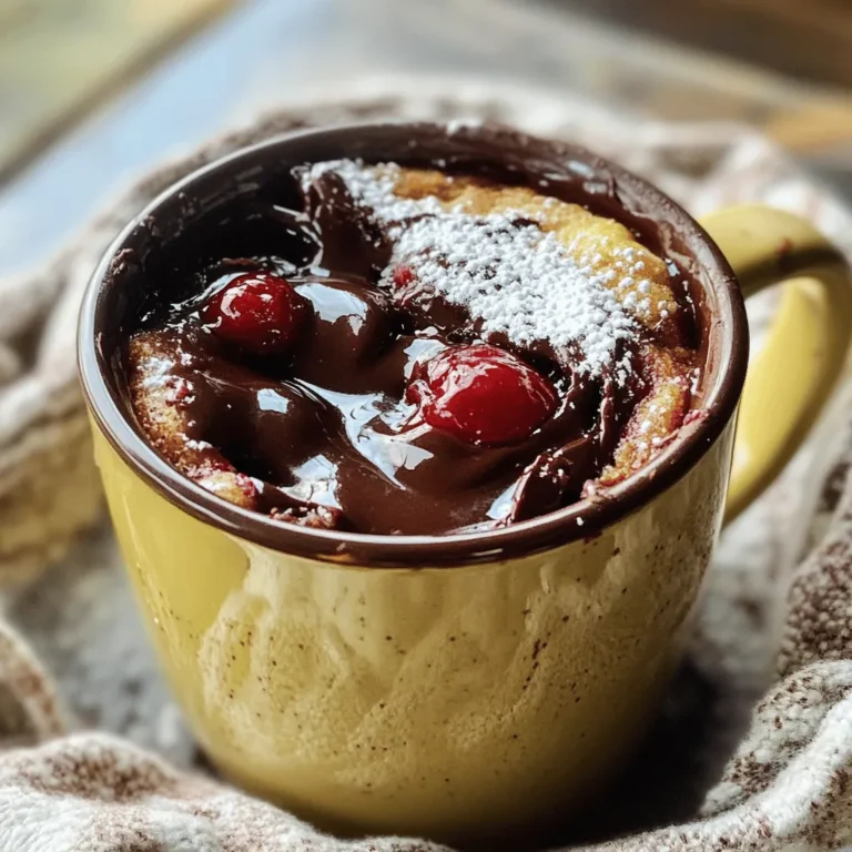 For this delightful mug cake, you will need: - 4 tablespoons all-purpose flour - 2 tablespoons unsweetened cocoa powder - 4 tablespoons sugar - 1/8 teaspoon baking powder - 1/4 cup milk - 2 tablespoons vegetable oil - 1/4 teaspoon vanilla extract - 1/4 cup dark chocolate chips - 2 tablespoons cherry pie filling (or fresh cherries, pitted and chopped) - A pinch of salt This mix of ingredients creates a rich, gooey center that bursts with flavor. You can swap some ingredients if needed. Here are a few ideas: - Flour: Use gluten-free flour for a gluten-free option. - Cocoa powder: Carob powder works if you want a different taste. - Sugar: Coconut sugar or honey can replace regular sugar. - Milk: Almond milk or oat milk is a good dairy-free choice. - Oil: You can use melted butter instead of vegetable oil. These swaps can still give you a great mug cake. When it comes to cherries and chocolate, quality matters: - Cherries: Look for firm, plump cherries. If using fresh, they should be bright red. For canned or pie filling, choose brands with real cherries and less sugar. - Chocolate: Choose dark chocolate chips with at least 60% cocoa. This gives a rich flavor without being too sweet. Fresh, high-quality ingredients make your mug cake even better. For the full recipe, check out the detailed steps to create this tasty treat! First, grab a large microwave-safe mug. In the mug, mix these dry ingredients: - 4 tablespoons all-purpose flour - 2 tablespoons unsweetened cocoa powder - 4 tablespoons sugar - 1/8 teaspoon baking powder - A pinch of salt Whisk these together until they are well blended. Next, add the wet ingredients: - 1/4 cup milk - 2 tablespoons vegetable oil - 1/4 teaspoon vanilla extract Stir until the batter is smooth and free of lumps. Now, fold in: - 1/4 cup dark chocolate chips - 2 tablespoons cherry pie filling (or fresh cherries, pitted and chopped) Make sure to mix them in evenly throughout the batter. Place the mug in the microwave and cook on high for 40-60 seconds. Watch closely as it cooks. The cake should rise and look set on the outside. However, the center must stay soft and gooey. If it overflows, stop the microwave and let it settle before continuing. After cooking, let the mug cake cool for one minute. This helps the lava center form perfectly. Serve the mug cake directly in the mug for a fun look. For an extra treat, top it with a scoop of vanilla ice cream or a dollop of whipped cream. You can also add some extra cherries or a sprinkle of powdered sugar for a gourmet touch. Enjoy your Cherry Chocolate Lava Mug Cake delight! For the full recipe, check the previous section. To get that perfect lava texture, timing is key. Microwave the mug cake for 40 to 60 seconds. Start checking at 40 seconds. The outer part should look set. The center should be soft and slightly wobbly. If you overcook it, the gooey center will disappear. Trust me; undercooked is better than overcooked here! One common mistake is using the wrong mug size. A small mug may overflow. Choose a large mug that can hold at least 12 ounces. Another mistake is not mixing well. Make sure to blend the dry and wet ingredients completely. Lumps can lead to an uneven texture. Lastly, don’t forget to watch the time closely while microwaving. You can boost flavor in many ways. Add a sprinkle of sea salt on top for contrast. You could also mix in some almond extract for a nutty twist. For presentation, serve your mug cake with fresh cherries or whipped cream. A dusting of powdered sugar can give it a fancy touch. Don’t hesitate to get creative! For the full recipe, check out the details above. {{image_2}} You can change the flavor of the Cherry Chocolate Lava Mug Cake. Try using raspberries or strawberries instead of cherries. Both fruits give a nice tartness that pairs well with chocolate. You can use raspberry preserves or fresh berries. Just replace the cherry filling with your chosen fruit. This small swap can make a big difference. If you want a healthier mug cake, swap regular sugar for a sugar substitute. You can use honey, maple syrup, or stevia. These options can cut down on calories while still tasting sweet. You might also try whole wheat flour for more fiber. These changes keep the cake tasty but a bit lighter. You can easily make a larger batch of this mug cake. Instead of one mug, use a microwave-safe bowl. Just multiply the ingredients by the number of servings you want. For example, if you want to serve four, use four times the ingredients. Adjust cooking time as needed, but check it every minute. This way, you can enjoy the cake with friends or family! If you have any leftover Cherry Chocolate Lava Mug Cake, you can store it easily. First, let it cool down fully. Then, cover the mug with plastic wrap or transfer it to an airtight container. This keeps moisture in and prevents drying. Store it in the fridge for up to two days. If you want to keep it longer, consider freezing it. To enjoy your mug cake again, reheating is key. If it's in the fridge, take it out and let it sit for a few minutes. This helps it warm evenly. Microwave it on low power for about 15-20 seconds. Check if it's warm enough; if not, heat it in short bursts. Avoid overheating, or the cake may become dry. Meal prep can make your week easier. You can mix the dry ingredients in advance. Store them in a jar for quick access. When you want a mug cake, just add the wet ingredients and microwave. This method saves time and keeps your dessert fresh. Plus, you can have a delicious treat ready in just minutes! For the full recipe, check back for all the details. Yes, you can bake this mug cake in an oven. Use a small oven-safe dish instead of a mug. Preheat your oven to 350°F (175°C). Pour the batter into the dish and bake for about 10-12 minutes. Check for doneness with a toothpick. The center should be soft but not wet. You can use applesauce as an egg replacement. Use 1/4 cup of unsweetened applesauce for each egg. It adds moisture and a hint of sweetness. Another option is mashed banana. Use the same amount, 1/4 cup, for a fun flavor twist. Look for a firm outer edge and a slightly soft center. The cake should rise and not jiggle too much when you shake it. If it is still wet in the middle, microwave for 10 seconds more. Keep a close watch to avoid overcooking. Enjoy your Cherry Chocolate Lava Mug Cake with gooey goodness! For the full recipe, check out the earlier section. You learned how to make a Cherry Chocolate Lava Mug Cake using simple steps. We explored essential ingredients, substitutions, and tips for choosing cherries and chocolate. I shared how to achieve that perfect gooey texture and served ideas to make your dessert shine. Remember, you can tweak flavors, use healthier options, or even make a bigger batch. With proper storage and reheating tips, your mug cake can stay fresh. Enjoy your baking adventure and create a treat that tastes amazing every time.