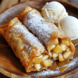 - Apples (2 cups, peeled, cored, and diced) - Brown sugar (1/2 cup) - Cinnamon (1 tsp) - Nutmeg (1/4 tsp) - Lemon juice (1 tbsp) - Cornstarch (1 tbsp) - Egg roll wrappers (12) - Oil for frying (vegetable or canola) - Powdered sugar for dusting To make the best Apple Pie Egg Rolls, you need fresh apples. I like to use Granny Smith apples for their tartness. They balance well with the sweet brown sugar. The spices, cinnamon and nutmeg, add warmth and depth. Lemon juice is key to keeping the apples bright. It also adds a hint of citrus that lifts the flavor. Cornstarch helps thicken the filling too. It makes the filling nice and gooey. Egg roll wrappers are the stars of this dish. They are easy to handle and create the perfect crunch when fried. For frying, use vegetable or canola oil. These oils have a high smoke point, making them ideal for frying. Finally, powdered sugar is a simple touch. It adds sweetness and makes the egg rolls look pretty. Now, gather these ingredients and get ready to create a tasty dessert! To make the apple filling, start by combining the following in a medium saucepan: - 2 cups apples, peeled, cored, and diced - 1/2 cup brown sugar - 1 tsp cinnamon - 1/4 tsp nutmeg - 1 tbsp lemon juice - 1 tbsp cornstarch Cook this mixture over medium heat for about 5-7 minutes. Stir it often. You want the apples to soften and the sugar to turn into a syrup. Once it thickens, remove it from the heat and let it cool for a bit. Now, let’s fold the egg rolls. Lay one wrapper flat on a clean surface. The bottom corner should point toward you. Spoon about 2 tablespoons of the apple filling into the center of the wrapper. Next, fold the bottom corner up over the filling. Fold in the sides to tuck them in. Now, roll it up tightly. Moisten the top corner with a little water to seal the egg roll. Repeat these steps with the rest of the wrappers and filling. For cooking, heat about 2 inches of oil in a deep frying pan over medium-high heat. The oil should be hot, around 350°F (175°C). Carefully place a few egg rolls in the oil. Fry them until they turn golden brown and crispy, which takes about 3-4 minutes. Use a slotted spoon to take them out. Place the cooked egg rolls on paper towels to drain any extra oil. Before serving, dust them with powdered sugar for a sweet touch. Enjoy! - Maintaining oil temperature while frying: Use a deep frying thermometer. Heat the oil to 350°F (175°C). If the oil is too hot, the egg rolls will burn. If too cool, they will soak up oil. Fry in small batches to keep the temperature steady. - Preventing egg rolls from leaking during frying: Make sure to seal the egg rolls tightly. Use water to moisten the edges before sealing. This helps keep the filling inside during frying. If any filling spills out, it can cause the oil to splatter. - Best pairings: Serve your apple pie egg rolls warm. A scoop of vanilla ice cream on the side adds a nice touch. Drizzle some caramel sauce over the top for extra sweetness. - Creative presentation ideas: Arrange the egg rolls on a plate in a fan shape. Dust them with powdered sugar. You can also add a sprinkle of cinnamon for a pop of color. - Basic nutritional breakdown per serving: Each serving contains about 150 calories. This includes 5 grams of fat, 25 grams of carbs, and 1 gram of protein. - Healthier alternatives for some ingredients: Swap brown sugar for coconut sugar for a lower glycemic index. You can use whole wheat egg roll wrappers for more fiber. {{image_2}} You can make your apple pie egg rolls even better by adding more flavors. Try mixing in 1 teaspoon of vanilla extract for a sweet twist. You could also add a pinch of ginger or cloves for warmth. These spices enhance the apple filling and give it a cozy feel. Not a fan of apples? You can use pears or berries instead. They work great in egg rolls, too! If you want a gluten-free option, use rice paper wrappers or gluten-free egg roll wrappers. These choices keep your dessert tasty for everyone. If you prefer a healthier option, you can bake the egg rolls. To do this, preheat your oven to 400°F (200°C). Place the egg rolls on a baking sheet lined with parchment paper. Brush them lightly with oil and bake for 15-20 minutes until golden. For a quick option, use an air fryer! Set it to 375°F (190°C) and cook the egg rolls for about 10-12 minutes, shaking halfway through. This method gives you a crispy finish without deep frying. To keep your apple pie egg rolls fresh, follow these tips. For the best taste, store leftovers in the fridge within two hours of cooking. Place them in an airtight container. They will stay good for about three to four days. If you want to keep them longer, freezing is a great option. To freeze, wrap each egg roll in plastic wrap. Then, place them in a freezer-safe bag. They can last for up to three months in the freezer. When you’re ready to eat them, you can thaw them in the fridge overnight. Reheating apple pie egg rolls can be simple. For the oven, preheat it to 350°F (175°C). Place the egg rolls on a baking sheet. Bake for about 10-15 minutes. This keeps them crispy. If you're using a microwave, place the egg rolls on a microwave-safe plate. Heat them for about 30 seconds to one minute. To avoid sogginess, place a paper towel under the rolls. This helps soak up extra moisture. Enjoy your tasty treats warm! Apple Pie Egg Rolls last about 3 to 5 days in the fridge. To keep them fresh, store them in an airtight container. This will help prevent them from getting soggy. When you’re ready to eat, just reheat them in the oven for crispness. Yes, you can make the filling ahead of time. Store it in the fridge for up to 3 days. Make sure it cools down before you put it in a container. This way, you can save time when you are ready to assemble and fry. I recommend a few tasty options. Caramel sauce adds a sweet touch. Vanilla ice cream gives a nice creaminess. You can also try a warm chocolate sauce for a rich flavor. These sauces will make your dessert even more enjoyable. Yes, these egg rolls freeze well. You can freeze them before or after frying. If freezing before, wrap them tightly in plastic wrap. For fried egg rolls, let them cool first, then store in a freezer bag. They last up to 2 months. In this post, I shared a simple recipe for delicious apple pie egg rolls. We explored ingredients, cooking steps, tips, and storage advice. Whether you fry or bake, these treats are easy to make and fun to enjoy. Get creative with flavors and serve them with tasty dips. Remember, you can store leftovers for later or have them fresh out of the oil. Cooking should be fun, so dive in and make these egg rolls your own! Happy cooking!