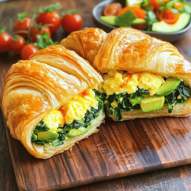 - 2 buttery croissants, sliced in half - 4 large eggs - 1/4 cup milk or cream - Salt and pepper, to taste - 1 cup fresh spinach - 1 ripe avocado, sliced - 1/2 cup shredded cheddar cheese - 2 tablespoons olive oil or butter - Optional: hot sauce or your favorite spread To make a tasty breakfast croissant sandwich, you need a few key items. First, grab two buttery croissants. They should be soft and flaky. Next, you will need eggs. Four large eggs work well. The creamy taste comes from a quarter cup of milk or cream. Don't forget salt and pepper to bring out the flavor. Fresh greens add color and taste. One cup of fresh spinach is perfect. You can also add a sliced avocado for creaminess. For the cheesy goodness, use half a cup of shredded cheddar cheese. Cooking fats matter too. Use two tablespoons of olive oil or butter to cook your eggs and spinach. If you like some heat, consider hot sauce or any spread you enjoy. This mix of fresh and creamy ingredients makes the sandwich special. To start, grab a mixing bowl. Add four large eggs to the bowl. Whisk the eggs well. Mix in 1/4 cup of milk or cream. Season with salt and pepper. This will add great flavor. Choosing milk or cream is simple. Milk makes the eggs lighter. Cream will give you a richer taste. Choose what you like best. Next, heat a non-stick skillet over medium heat. Add 1 tablespoon of olive oil or butter. Once hot, pour in the egg mixture. Stir gently as the eggs cook. You want them soft and fluffy. When the eggs are almost done, take them off the heat. Fold in 1/2 cup of shredded cheddar cheese. The cheese will melt and add flavor. In the same skillet, add another tablespoon of olive oil or butter. Toss in 1 cup of fresh spinach. Sauté for 1-2 minutes. The spinach should wilt but stay bright green. For extra flavor, you can add minced garlic or a pinch of nutmeg. This will make your sandwich even more tasty. Now it's time to put everything together. Take the bottom half of your croissant. Start with a layer of the cheesy eggs. Next, add the sautéed spinach. Top it off with slices of ripe avocado. If you like spice, drizzle hot sauce on top. You can also spread your favorite condiment. Place the top half of the croissant on next. Press down gently. For a crispy finish, return the sandwich to the skillet. Toast it for a minute on each side. This will make the croissant golden and crunchy. Enjoy your delicious breakfast croissant sandwich! - Choosing the right croissant: Look for fresh, buttery croissants. They should be flaky and golden brown. A good croissant adds rich flavor and texture to your sandwich. - Reheating for best flavor: If your croissants are not fresh, you can reheat them. Preheat your oven to 350°F. Wrap each croissant in foil and heat for 5-10 minutes. This keeps them warm and crispy. - Scrambling vs. frying: I prefer scrambling the eggs for this sandwich. Scrambled eggs mix well with cheese and other ingredients. If you want, you can fry the eggs sunny-side up instead. This adds a nice runny yolk to your sandwich. - Ingredient substitutions: You can swap out eggs for egg whites or plant-based alternatives. These options are lighter but still tasty. - Presentation techniques: To make your sandwich look great, cut it in half. Serve it on a cutting board or a colorful plate. Garnish with fresh herbs or cherry tomatoes for a pop of color. - Suggested sides for serving: Pair your sandwich with a side of fresh fruit or a light salad. This adds more nutrition and keeps your meal balanced. {{image_2}} You can add many proteins to your breakfast croissant sandwich. If you enjoy meat, bacon or sausage works well. These salty meats bring a great taste and crunch. Simply cook them until crispy, then layer them in your sandwich. For a vegetarian option, try using black beans or tofu. Tofu can soak up flavors well. Just sauté it in olive oil with spices until golden. Both options add protein and make the sandwich filling. Choosing the right cheese makes a big difference. Cheddar cheese adds sharpness and creaminess. You can also try Swiss or pepper jack for unique flavors. If you need a dairy-free option, look for vegan cheese. These can melt nicely and add creaminess too. Nutritional yeast is another great choice, giving a cheesy flavor without dairy. To make your sandwich pop, add spices and sauces. A sprinkle of smoked paprika or garlic powder gives a nice kick. For sauce, hot sauce adds heat. You may also try pesto or aioli for a fresh taste. Consider adding international twists. For a Mexican flair, include salsa and avocado. For a Mediterranean vibe, add feta cheese and olives. These small changes can take your sandwich from simple to extraordinary! To keep your leftover breakfast croissant sandwiches fresh, follow these tips: - Refrigeration: Place leftover sandwiches in an airtight container. They can stay in the fridge for up to two days. - Freezing: For longer storage, wrap the sandwiches tightly in foil or plastic wrap. Then, place them in a freezer bag. They can last up to three months in the freezer. To enjoy your croissant sandwiches again, reheat them the right way: - Keeping Croissants Crispy: Preheat your oven to 350°F (175°C). Place the sandwich on a baking sheet. This method helps keep the croissant crispy. - Recommended Times: Heat for about 10-15 minutes if frozen. If refrigerated, 5-7 minutes should be enough. Check to ensure the cheese melts and the sandwich is warm throughout. Using these storage and reheating methods ensures you enjoy your breakfast croissant sandwich just as much the second time! To make this tasty sandwich, follow these steps: 1. Whisk eggs, milk or cream, salt, and pepper in a bowl. 2. Heat olive oil or butter in a skillet on medium heat. 3. Pour in the egg mix, stirring until scrambled and set. 4. Add shredded cheddar cheese, folding it into the eggs. 5. Sauté fresh spinach in the same skillet until wilted. 6. On the croissant bottom, layer scrambled eggs, spinach, and avocado slices. 7. Add hot sauce or your favorite spread, then close the sandwich. 8. Optionally, toast the sandwich in the skillet for crispiness. Yes, you can prep this sandwich in advance. Here are some tips: - Make the egg mix and store it in the fridge for a day. - Sauté the spinach ahead and keep it in a container. - Slice the avocado just before serving to keep it fresh. - Assemble the sandwich in the morning for the best taste. You can fill your croissant with many tasty options: - Crispy bacon or sausage for meat lovers. - Feta or goat cheese for a tangy twist. - Roasted peppers for added flavor. - Fresh herbs like basil or cilantro for a fresh kick. You can find these sandwiches at local spots: - Check your nearby bakery for fresh, flaky croissants. - Cafes often offer breakfast sandwiches. - Popular chains like Starbucks or Panera have their versions. In this article, we explored how to make a delicious breakfast croissant sandwich. We covered each ingredient, the cooking steps, tips, variations, and storage info. You now have the tools to create different flavors and styles. Experiment with proteins, cheeses, and spices for unique twists. Remember, the right croissant makes all the difference. Enjoy each bite of your sandwich, and don't forget to share your tasty creations with family and friends. Happy cooking!