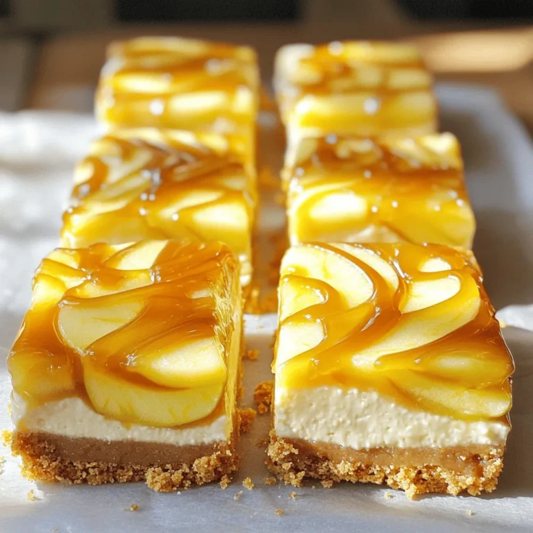 To make caramel apple cheesecake bars, you need a few simple ingredients. This list makes it easy to gather what you need. Each item plays a key role in creating the perfect balance of flavors and textures. - 1 ¾ cups graham cracker crumbs - ½ cup unsalted butter, melted - 2 tablespoons granulated sugar - 2 large apples, peeled, cored, and diced (preferably Granny Smith) - 1 teaspoon cinnamon - 1 tablespoon lemon juice - 16 oz cream cheese, softened - ½ cup brown sugar - ½ cup granulated sugar - 3 large eggs - 2 teaspoons vanilla extract - 1 cup sour cream - ½ cup caramel sauce (plus extra for drizzling) These ingredients combine for a rich dessert. The graham cracker crumbs form a sweet and crunchy crust. The apples add a fresh, tart flavor. Cream cheese gives the filling its creamy texture. Caramel sauce ties everything together with its sweet richness. Each ingredient is important for a well-balanced treat. 1. Preheat the oven and prepare baking dish Start by preheating your oven to 325°F (160°C). Grease a 9x13-inch baking dish. Line it with parchment paper, leaving some paper hanging over the edges. This makes it easy to lift the bars out later. 2. Make the graham cracker crust In a medium bowl, mix together 1 ¾ cups of graham cracker crumbs, ½ cup of melted unsalted butter, and 2 tablespoons of granulated sugar. Stir until it looks like wet sand. Press this mixture firmly into the bottom of your baking dish. Bake it for about 10 minutes, then let it cool slightly. 3. Prepare the apple mixture Take 2 large apples, peel, core, and dice them. Toss the diced apples in a bowl with 1 teaspoon of cinnamon and 1 tablespoon of lemon juice. Set this mixture aside. 4. Beat the cream cheese mixture In a large mixing bowl, beat 16 oz of softened cream cheese with ½ cup of brown sugar and ½ cup of granulated sugar. Mix it until it is smooth and creamy. 5. Combine apple mixture with cheesecake batter Add 3 large eggs to the cream cheese mixture, one at a time. Beat well after each egg. Then, stir in 2 teaspoons of vanilla extract and 1 cup of sour cream. Mix until everything is smooth. Gently fold in the apple mixture. 6. Assemble and swirl the caramel Pour the cheesecake batter over the cooled graham cracker crust. Spread it out evenly. Drizzle ½ cup of caramel sauce over the top. Use a knife or toothpick to swirl the caramel into the batter. 1. Bake the cheesecake bars Place the baking dish in the oven. Bake for 40-45 minutes. The edges should be set, and the center should have a slight jiggle when done. 2. Cooling and chilling process Once baked, take it out and let it cool to room temperature. After that, refrigerate the bars for at least 4 hours, or even overnight for best results. 1. How to cut the bars Once chilled, lift the cheesecake out of the dish using the parchment paper. Place it on a cutting board and cut it into squares or rectangles. 2. Presentation tips with garnishing Arrange the bars on a nice serving platter. Drizzle extra caramel sauce on top. You can also add apple slices for a fresh look. Enjoy your delicious caramel apple cheesecake bars! For a smooth cheesecake texture, use softened cream cheese. This helps mix it easily. Blend the cream cheese with sugars until creamy. Avoid lumps for a silky finish. To bake evenly, preheat your oven fully. Place the pan in the center of the oven. This ensures heat circulates well. Check for doneness by looking for set edges and a jiggly center. Garnish your bars with apple slices and a drizzle of caramel. This adds flair and flavor. You can also dust with cinnamon for a warm touch. For drinks, pair these bars with hot cider or coffee. The flavors complement each other nicely. You can even serve with vanilla ice cream for extra creaminess. One common mistake is overmixing the batter. This can add too much air and create cracks. Mix just until combined for the best texture. Another mistake is not cooling correctly. Let the cheesecake cool at room temperature first. After that, chill it in the fridge for at least four hours. This helps set the bars perfectly. {{image_2}} To add some crunch, sprinkle in nuts or caramel bits. Nuts like walnuts or pecans work great. They give a nice texture and taste. You can also try different spices, like nutmeg or allspice. These spices add warmth and depth to the bars. A little goes a long way, so start with a small amount. If you need a gluten-free option, swap the graham cracker crumbs for gluten-free ones. You can find these at most stores. For a vegan cheesecake, replace cream cheese with a plant-based version. Use almond or coconut milk in place of sour cream. This way, everyone can enjoy these tasty treats. Feel free to mix up the fruit! In fall, you can use pears or figs. In summer, try berries like strawberries or blueberries. Each fruit will give the bars a new flavor. This keeps the recipe fresh all year round and fun to make! To keep your caramel apple cheesecake bars fresh, place them in an airtight container. This will help prevent them from drying out. You can also cover the bars with plastic wrap if you don’t have a container. Store them in the fridge for the best taste. You can freeze cheesecake bars for later enjoyment. First, cut them into squares and let them cool completely. Then, wrap each piece in plastic wrap. Place the wrapped bars in a freezer bag. Make sure to remove as much air as you can. For thawing, take them out and put them in the fridge overnight. This keeps them from getting soggy. In the fridge, these bars last about 5 days. If you freeze them, they can last up to 2 months. Just remember to label your container or bag with the date. This way, you know when to enjoy them! Can I use other types of apples? Yes, you can use other apples. I love using Granny Smith apples for their tartness. However, you can also try Honeycrisp or Fuji apples for a sweeter taste. How can I make this recipe ahead of time? You can make these bars a day in advance. Just bake and chill them overnight. This helps the flavors blend well. What can I substitute for cream cheese? If you need a substitute, try using Greek yogurt or a dairy-free cream cheese. They both give a nice texture, but the taste may change a bit. How do I know when the cheesecake bars are done baking? The edges will look set, and the center should jiggle slightly. A toothpick inserted should come out mostly clean. What's the best way to make caramel sauce from scratch? To make caramel, melt sugar over medium heat until golden brown. Stir in butter and cream, and let it cool. It’s easy and so tasty! How to make cheesecake without eggs? You can use silken tofu or unsweetened applesauce instead of eggs. These will help bind the cheesecake while keeping it creamy. Can I make this into a pie instead of bars? Yes, you can! Just pour the cheesecake filling into a pie crust and bake. Adjust the baking time as needed. You can create delicious caramel apple cheesecake bars with simple steps and ingredients. This treat starts with a buttery graham cracker crust and a rich, creamy filling with tart apples. You learned key techniques for a smooth texture and tasty variations, including gluten-free and vegan options. Remember to store your bars properly to extend their life. With these tips, you’ll impress everyone with your baking. Enjoy making this delightful dessert in your kitchen!