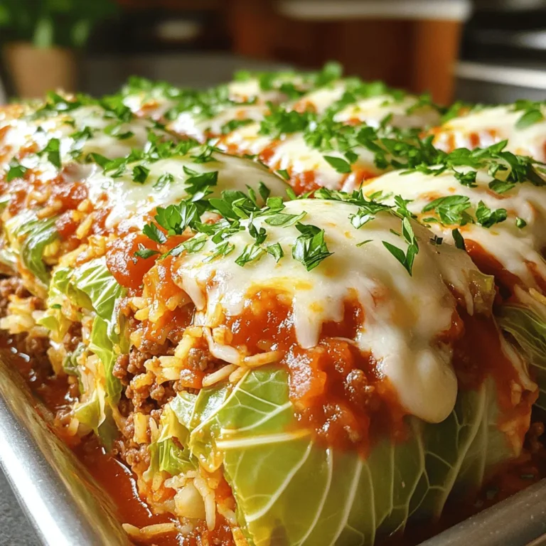 - 1 medium head of green cabbage, chopped - 1 pound ground beef or turkey - 1 cup uncooked rice (white or brown) - 1 can (15 oz) diced tomatoes, undrained - 1 can (15 oz) tomato sauce - 1 small onion, chopped - 2 cloves garlic, minced - 1 tablespoon olive oil - 2 teaspoons paprika - 1 teaspoon dried oregano - Salt and pepper to taste - 1 cup shredded mozzarella cheese - Fresh parsley, chopped (for garnish) Gather these items before you start cooking. Having everything ready makes the process easier. I find that prepping helps me stay organized and enjoy the cooking experience. You can add other ingredients to make this dish your own. Here are some ideas: - Substitute ground turkey for ground beef or use a mix of both. - Add bell peppers or mushrooms for extra flavor. - Use brown rice for a heartier texture. - Try different cheeses like cheddar or Monterey Jack. Feel free to experiment! Cooking is about personal taste, and these options can add a fun twist. This dish is filling and nutritious. Here’s a quick breakdown per serving (based on 6 servings): - Calories: 360 - Protein: 22g - Carbohydrates: 34g - Fat: 15g - Fiber: 4g Cabbage Roll Casserole provides a good mix of protein and carbs. It also offers dietary fiber, making it a balanced meal choice. Enjoy knowing you’re fueling your body with wholesome ingredients! First, gather your ingredients. You will need a medium head of green cabbage, ground beef or turkey, rice, diced tomatoes, tomato sauce, onion, garlic, olive oil, and spices. Chop the cabbage and onion, and mince the garlic. This prep will make cooking easier and faster. Start by preheating your oven to 375°F (190°C). In a large skillet, heat olive oil over medium heat. Add your chopped onion and garlic. Cook them until soft and fragrant, about 3 to 4 minutes. Then, add the ground beef or turkey to the skillet. Cook until it turns brown, breaking it apart with a spatula. Drain any excess fat. Next, stir in the uncooked rice, diced tomatoes (with juice), and tomato sauce. Add the paprika, oregano, salt, and pepper. Mix it all well and let it simmer for about 5 minutes. Meanwhile, bring a large pot of salted water to a boil. Blanch the chopped cabbage for 3 to 4 minutes until it becomes slightly tender. Drain it and set it aside. In a greased 9x13 inch baking dish, layer half of the blanched cabbage on the bottom. Pour half of your meat and rice mixture over the cabbage. Repeat this process with the remaining cabbage and meat mixture. Cover the dish with aluminum foil and bake in the preheated oven for 30 minutes. After 30 minutes, remove the foil. Sprinkle the shredded mozzarella cheese on top. Bake uncovered for another 15 minutes, or until the cheese is melted and bubbly. Once done, let it cool slightly before serving. Don’t forget to garnish with fresh chopped parsley for a pop of color! To make the best cabbage roll casserole, follow these tips: - Choose fresh cabbage. Look for a medium head that feels heavy and firm. - Cook the rice slightly. A little undercooking helps it absorb flavors while baking. - Layer with care. Alternate layers of cabbage and meat for even cooking. - Use quality cheese. Fresh mozzarella melts better and adds great flavor. - Let it rest. Allow the casserole to cool for 10 minutes after baking. This helps it set and makes serving easier. Watch out for these common mistakes: - Skipping the blanching step. This step softens the cabbage and enhances the taste. - Not draining excess fat. Leaving fat in the meat can make it greasy. - Overcooking the rice. If you cook it fully before adding, it may turn mushy. - Covering too long. Remove the foil for the last 15 minutes to brown the cheese. - Not seasoning enough. Taste your mixture before you layer it, and adjust as needed. Here’s what you need: - Large skillet for browning the meat and cooking the onions. - 9x13 inch baking dish to hold the casserole layers. - Large pot for blanching the cabbage. - Spatula for mixing and breaking up the meat. - Aluminum foil to cover the dish while it bakes. These tips and tricks will help you create a delicious, hearty cabbage roll casserole that everyone will love! {{image_2}} If you want a meatless version, I have great ideas! You can use lentils or mushrooms instead of meat. Lentils cook well and add protein. Mushrooms give a nice, earthy flavor. You might also try chickpeas for a different texture. Replace the beef or turkey with these tasty options to keep it filling. Switching up the meat can change the whole dish. Ground turkey is a lighter choice. You can also try ground pork for extra flavor. If you want something bold, use spicy sausage. Each meat brings its own taste, making the casserole fun to customize. Rice is a classic choice, but you can explore others! Quinoa adds a nutty flavor and is packed with nutrients. Barley gives a chewy texture that’s really nice. If you want a low-carb option, try cauliflower rice. Each grain adds its own twist to this hearty meal. To store leftovers, let the casserole cool first. Once cool, place it in an airtight container. This keeps the flavors fresh. Store it in the fridge for up to four days. You can also cover it tightly with plastic wrap or aluminum foil. This way, it won’t dry out. When reheating, I suggest using the oven for the best results. Preheat the oven to 350°F (175°C). Place the casserole in an oven-safe dish and cover it with foil. Heat for about 20-25 minutes, or until hot. You can also use the microwave. Just heat it in short bursts, stirring in between to avoid hot spots. If you want to freeze the casserole, do it before baking. Prepare the layers as directed, then cover the dish tightly with plastic wrap. You can also use aluminum foil. Freeze for up to three months. When ready to eat, thaw it overnight in the fridge. Bake it straight in the oven at 375°F (190°C) for about 45 minutes. Enjoy your meal later! Yes, you can prepare Cabbage Roll Casserole in advance. Just follow these steps. Cook the meat and rice mixture as directed. Blanch the cabbage and layer it in the dish. Cover the dish and store it in the fridge. You can do this for up to two days. When you're ready to bake, remove it from the fridge. Let it sit at room temperature for about 30 minutes. Then, bake as the recipe states. This way, you save time on a busy night. Cabbage Roll Casserole is hearty on its own. However, you can add tasty sides to complete the meal. Here are some great options: - A fresh garden salad with vinaigrette. - Garlic bread or crusty rolls. - Steamed vegetables like broccoli or green beans. - A dollop of sour cream for added creaminess. These sides add color and flavor to your meal. They also bring balance to the dish. You can easily make Cabbage Roll Casserole fit different diets. Here are some ideas: - For gluten-free, use a gluten-free rice blend. - Use ground turkey or chicken for a lighter meat option. - If you want it vegetarian, swap the meat with lentils or mushrooms. - Use cauliflower rice instead of regular rice for a low-carb option. - For dairy-free, skip the cheese or use a plant-based cheese. These swaps ensure everyone can enjoy this dish. Just remember to adjust cooking times as needed. We explored the key steps to create a delicious Cabbage Roll Casserole. You learned about the ingredients you need, how to prepare and cook it, and tips to perfect your dish. We also discussed ways to customize your recipe and store leftovers. Remember, making it ahead of time can save you effort. Don’t hesitate to try different meats or grains for variety. With these insights, you can enjoy this dish any way you like!