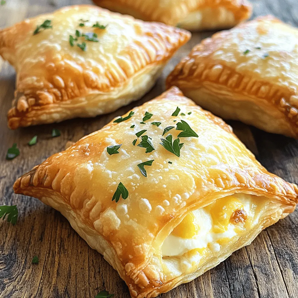 To make tasty cheese turnovers, gather these main items: - 2 cups all-purpose flour - 1/2 teaspoon salt - 1/4 cup unsalted butter, chilled and cubed - 1/4 cup cold water - 1 cup shredded mozzarella cheese - 1/2 cup ricotta cheese - 1/2 cup grated Parmesan cheese - 1 teaspoon garlic powder - 1/2 teaspoon dried oregano - 1 egg (for egg wash) - Fresh parsley, chopped (for garnish) These ingredients create a rich and cheesy filling, balanced with the flaky crust. You can add extra flavors to your cheese turnover filling. Consider these options: - Fresh herbs like basil or thyme - Spices like crushed red pepper for heat - Sautéed onions or mushrooms for depth - Cooked spinach for a veggie boost These extras make your turnovers even more delicious and fun to customize. If you need to change any ingredients, here are some good swaps: - Use gluten-free flour instead of all-purpose flour for a gluten-free option. - Substitute vegan butter for the unsalted butter to make it dairy-free. - Try nut-based cheese if you're avoiding dairy. These substitutions keep the recipe friendly for various dietary needs while staying tasty. Start by mixing 2 cups of all-purpose flour and 1/2 teaspoon of salt in a bowl. Cut in 1/4 cup of chilled, cubed butter with a pastry cutter or your fingers. Mix until it looks like coarse crumbs. This step is key to a flaky dough. Next, add 1/4 cup of cold water slowly. Stir until the dough forms a ball. Wrap it in plastic wrap and chill it in the fridge for at least 30 minutes. This resting time helps the dough relax. In another bowl, mix together 1 cup of shredded mozzarella, 1/2 cup of ricotta, and 1/2 cup of grated Parmesan cheese. Add 1 teaspoon of garlic powder and 1/2 teaspoon of dried oregano for flavor. You can also season with salt and pepper to taste. Make sure to blend all the cheeses well. This filling brings rich flavors to your turnovers. Preheat your oven to 375°F (190°C) and line a baking sheet with parchment paper. On a floured surface, roll out the chilled dough to about 1/8-inch thick. Cut the dough into 4-inch squares. Place a spoonful of cheese filling in the center of each square. Fold the dough over to form a triangle and press the edges to seal. Use a fork to crimp the edges. This adds a nice touch and keeps the filling inside. Beat 1 egg and brush it on top of each turnover for a golden finish. Arrange them on the baking sheet and bake for 20-25 minutes. Once they are golden brown and puffy, take them out and let them cool. Garnish with fresh parsley for a pop of color. To get flaky pastry, use cold ingredients. Cold butter works best. When you mix the butter into the flour, use a pastry cutter or your fingers. Stop mixing when it looks like coarse crumbs. This keeps the butter in small bits. When you bake, the bits of butter melt and create layers. Chill the dough for at least 30 minutes. This helps it relax and makes it easier to roll out. For a great cheese filling, mix different cheeses. I love using mozzarella, ricotta, and Parmesan. The mozzarella gives the filling stretch. Ricotta adds creaminess. Parmesan packs a punch of flavor. Add garlic powder and oregano for extra taste. Mix well, but don't overdo it. You want a smooth texture, but not too mixed. Taste the filling and add salt and pepper to your liking. One mistake is using warm butter. This can make your dough tough. Always use cold butter. Another mistake is not sealing the turnovers well. If you don't seal them, the filling will leak out. Press the edges firmly and use a fork to crimp them. Also, don’t skip the egg wash. It gives a beautiful golden finish. Lastly, watch the baking time. Overbaking can dry them out. Aim for a golden brown color. {{image_2}} You can mix and match cheese for fun flavors. Try using cheddar for a sharp taste. Goat cheese adds a tangy kick. Blend cream cheese for a creamy texture. You can also use blue cheese for a bold flavor. Each choice changes the taste and makes it unique. Adding vegetables makes your turnovers even better. Spinach, mushrooms, or bell peppers work great. Sauté them first for more flavor. You can also add spices to spice things up. Red pepper flakes add heat. Basil or thyme gives a fresh taste. Get creative and find what you like best. Baking is the healthier option, and it makes the dough nice and crispy. Frying gives a golden color and a crunchy bite. If you fry, do it in hot oil for a few minutes. Always drain them on paper towels after frying. Each method offers a different taste and texture. To store leftover cheese turnovers, let them cool first. Place them in an airtight container. You can keep them in the fridge for up to three days. If you want to keep them longer, freezing is a great option. You can freeze cheese turnovers both before and after baking. To freeze before baking, place the filled turnovers on a baking sheet. Freeze them for about an hour until firm. Then, transfer them to a freezer bag. They can last up to three months in the freezer. To freeze baked turnovers, let them cool down. Wrap each in plastic wrap and place them in a freezer bag. To reheat, you have a few options. For the oven, preheat it to 350°F (175°C). Place the turnovers on a baking sheet. Bake for about 10-15 minutes until heated through. If you use a microwave, place a turnover on a plate. Heat for 30-second intervals until warm. The oven gives a crispier texture, while the microwave is quick. Enjoy your tasty cheese turnovers! The best cheese for turnovers is mozzarella. It melts well and adds great flavor. Ricotta cheese also works well, making the filling creamy. Parmesan cheese adds a nice salty bite. You can mix these cheeses for a rich taste. Feel free to experiment with other cheeses like cheddar or feta, too! Yes, you can make cheese turnovers ahead of time. Prepare the dough and filling, then store them separately in the fridge. You can fill and shape the turnovers a few hours before baking. If you want to make them even earlier, freeze them. Just be sure to thaw before baking. You will know the turnovers are done when they turn golden brown. They should look puffy and crispy on the outside. You can gently press the top; it should feel firm. If you want perfection, use a food thermometer. The inside should reach 165°F (74°C). Enjoy the delicious aroma as they bake! This article covered essential ingredients and steps for making delicious cheese turnovers. I shared tips for flaky pastry and common mistakes to avoid. Different cheese combos and cooking methods can elevate your dish. Plus, I provided storage info to keep them fresh. Remember, you can personalize this recipe to fit your taste. Making cheese turnovers can be fun and rewarding, so give it a try! Enjoy your cooking journey and make every bite count.