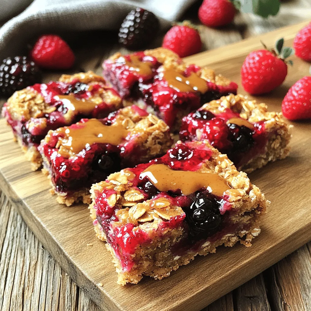 - 2 cups rolled oats - 1 cup mixed berries (fresh or frozen) - 1/2 cup almond butter (or any nut butter) To make Berry Oat Bars, you need rolled oats as the base. They provide fiber and texture. Mixed berries add sweet and tangy flavors. You can use fresh or frozen berries. Almond butter acts as a binder and adds creaminess. Feel free to swap it with another nut butter if you prefer. - 1/4 cup honey or maple syrup - 1/2 teaspoon vanilla extract - 1 teaspoon cinnamon For sweetness, you can use honey or maple syrup. Both give a nice touch of flavor. Vanilla extract enhances the overall taste. Cinnamon adds warmth and a hint of spice. These ingredients make your bars more delicious and aromatic. - 1/4 cup chopped nuts - 1/4 cup shredded coconut You can add chopped nuts for crunch. They also boost protein and healthy fats. Shredded coconut brings a tropical twist and more texture. Both are optional, but they can make your bars even better. - Preheat your oven to 350°F (175°C). - Line an 8x8-inch baking pan with parchment paper. Leave some overhang to help remove the bars later. - In a large bowl, mix 2 cups of rolled oats, 1/4 teaspoon salt, and 1 teaspoon cinnamon. - If you want, add 1/4 cup chopped nuts or 1/4 cup shredded coconut for extra texture. - In another bowl, blend 1/2 cup almond butter, 1/4 cup honey or maple syrup, and 1/2 teaspoon vanilla extract until smooth. - Pour this wet mixture into the dry mix. Stir until everything is well blended. - Gently fold in 1 cup of mixed berries. Be careful not to break them apart too much. - Transfer the mixture to the prepared baking pan. Press it down evenly using the back of a spoon or your hands. - Bake for 20-25 minutes. Look for golden edges to know when it’s done. Mixing well is key to great bars. Combine the wet and dry ingredients thoroughly. This helps the oats soak up moisture. If you don’t mix enough, some bits may stay dry. After baking, let the bars cool a bit. Use a sharp knife to cut them. This avoids crumbling and helps keep the shape. Want to switch things up? Try different sweeteners. Maple syrup gives a nice flavor. You can also use agave nectar or coconut sugar. For a tasty twist, add spices. Nutmeg or ginger can add warmth. You can even try a splash of almond or coconut extract for extra flavor. Be careful with the berries. Overmixing them can break them apart. This makes your bars mushy instead of chewy. Pay attention to baking time, too. If you bake too long, the bars can get dry. Aim for golden brown edges and a soft center for best results. {{image_2}} You can use many berries to make your bars special. Strawberries, blueberries, and raspberries work well together. You can even mix them up for fun! If you want to change things up by season, try adding blackberries in summer or cranberries in fall. Seasonal fruits add fresh flavors and keep your snack interesting. If you want to cut down on sugar, try low-sugar or sugar-free sweeteners. Options like stevia or erythritol can work great. You can also make these bars gluten-free. Just make sure to use certified gluten-free oats. This way, everyone can enjoy a tasty snack without worries! Want to add a twist? You can mix in chocolate chips for a sweet treat. Dark chocolate adds depth and richness. For a warm flavor, try spices like nutmeg or ginger. These spices pair well with the berries and make each bite exciting. To keep your berry oat bars fresh, use an airtight container. A glass container works well. You can also use a plastic container, but glass is better for taste. Place a piece of parchment paper between layers to stop sticking. It’s smart to keep the bars at room temperature for short-term storage. To keep them fresh longer, store them in the fridge. This way, they stay moist and tasty. You can also wrap them in plastic wrap before placing them in the container. If you want to store these bars for a long time, freezing is a great option. Cut the bars into individual servings. Wrap each piece in plastic wrap or foil. Then put them in a freezer bag. This helps prevent freezer burn. You can freeze them for up to three months. When you want to enjoy a bar, take it out and let it thaw. For the best texture, reheat in the microwave for about 15 seconds. This makes the bar warm and soft again. These berry oat bars last up to a week in the fridge. If you keep them at room temperature, they last about three days. Look for signs of spoilage. If the bars smell bad or feel dry, it’s time to toss them. Mold is another sign. If you see any, do not eat them. Always trust your senses to keep safe! To make gluten-free Berry Oat Bars, use certified gluten-free oats. You can also add a binder like ground flaxseed. Mix it with water to help hold the bars together. Yes, you can swap almond butter for other nut butters. Options include peanut butter, cashew butter, or sunflower seed butter. Each will give a unique taste to your bars. To boost protein, add protein powder to your mix. You can also include seeds like chia, hemp, or flaxseeds. This change will make your bars more filling and nutritious. The best berries for these bars are blueberries, strawberries, and raspberries. Each berry adds a different flavor and texture. Use fresh or frozen, based on what you like. You can make these bars without sweeteners. Try mashed banana or unsweetened applesauce as a natural sweetener. These options will change the taste but still keep them tasty. Making berry oat bars is simple and fun. You learned about key ingredients like oats, berries, and nut butter. We explored sweeteners and flavor enhancers that boost taste. I shared step-by-step instructions for mixing and baking. Plus, you found tips for texture and common mistakes to avoid. In the end, these bars are flexible and easy to customize. Enjoy experimenting with flavors and storage tips. Healthy snacks can be delicious too!