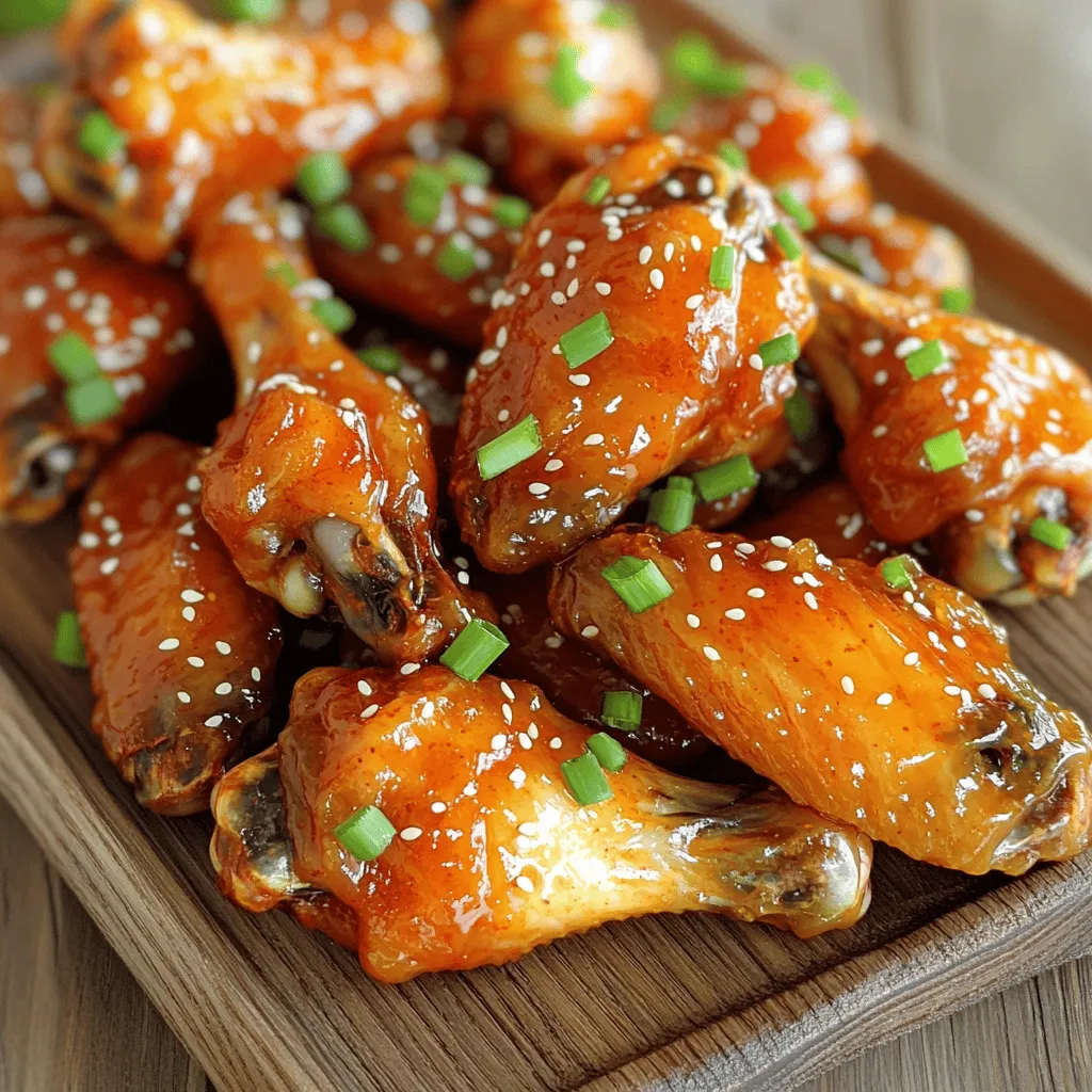 - Chicken wings (2 lbs) - Honey (1/4 cup) - Sriracha sauce (1/4 cup) - Soy sauce (2 tablespoons) - Apple cider vinegar (1 tablespoon) - Garlic powder (1 tablespoon) - Ginger powder (1 teaspoon) - Salt and pepper to taste - Sesame seeds (for garnish) - Green onions (for garnish) The first step in making Honey Sriracha wings is gathering the right ingredients. You'll need two pounds of chicken wings, which make a great base. Honey and Sriracha sauce are key for that sweet and spicy taste. Soy sauce adds depth while apple cider vinegar gives a nice tang. Now, don't forget the spices. Garlic powder and ginger powder boost the flavor. Salt and pepper help enhance everything. For the finish, sesame seeds and chopped green onions add a pop of color and crunch. These ingredients together create a delicious and balanced dish that is sure to impress. - Preheat the oven to 400°F (200°C). - Line a baking sheet with aluminum foil. This makes cleanup easy. - In a large bowl, combine the honey, Sriracha sauce, soy sauce, and apple cider vinegar. - Add garlic powder, ginger powder, salt, and pepper. Whisk until mixed well. - Toss the chicken wings in the honey Sriracha marinade. Make sure they are fully coated. - For the best flavor, let them marinate for at least 30 minutes. If you have time, marinate for up to 2 hours in the fridge. - Arrange the marinated wings in a single layer on the baking sheet. - Bake them for 40 to 45 minutes. Flip them halfway through to ensure even cooking. - After baking, drizzle any remaining marinade over the wings. - Garnish with sesame seeds and chopped green onions before serving. This adds a nice touch! To get the right mix of sweet and spicy, taste your marinade. If you want more heat, add extra Sriracha. For more sweetness, add a bit more honey. Mix it well! You can also add lime juice for a fresh twist. This kick adds a nice layer of flavor. For crispy wings, start with dry wings. Pat the wings with paper towels before marinating. This removes excess moisture. Bake them on a wire rack placed over a baking sheet. This lets the hot air circulate around the wings. Flip them halfway through to cook evenly. The result? Perfectly crispy wings every time! These wings are great on their own. But add sides for a full meal! Serve with celery sticks and ranch or blue cheese dip. You can also pair them with a fresh salad. A light slaw works well too. Enjoy them with a cold drink for a tasty treat! {{image_2}} To make these wings even hotter, add more Sriracha. You can adjust the heat to your taste. I recommend starting with an extra tablespoon. This gives the wings a nice kick! If you love heat, don't stop there. Add even more Sriracha. Just remember to taste as you go. You want the heat to enhance, not overpower. If you want a different flavor, try honey mustard. Simply swap Sriracha for honey mustard. This change gives a sweet and tangy taste. You can mix equal parts honey mustard and honey for balance. The wings will still be sticky and delicious. Serve them with a side of ranch for dipping! Both the oven and the air fryer work well for cooking wings. The oven gives you a larger batch at once. You can bake many wings together, which is great for parties. The wings get crispy, but it takes longer. Cooking in an air fryer is faster. It cooks wings in about 25 minutes. Plus, they often turn out crispier! Choose the method that fits your needs best. Store leftover Honey Sriracha wings in an airtight container. This keeps them fresh. Make sure to cool the wings to room temp before storing. You can refrigerate them for up to three days. Always label your container with the date. This helps you track how long they stay good. To reheat wings, use your oven for the best results. Preheat your oven to 350°F (175°C). Place the wings on a baking sheet. Heat them for about 10 to 15 minutes. Check that they reach an internal temperature of 165°F (74°C). If you want a crispy texture, broil them for the last 2 minutes. To freeze wings, place them in a single layer on a baking sheet. Put the sheet in the freezer until wings are solid. After that, transfer the wings to a freezer bag. Remove as much air as possible before sealing. Frozen wings can last up to three months. To defrost, place them in the fridge overnight before reheating. Yes, you can use frozen chicken wings. Thaw them in the fridge overnight. If you need them fast, place the wings in a sealed bag. Submerge the bag in cold water for about an hour. This method keeps the wings safe to eat. Once thawed, you can follow the recipe as usual. To make this dish gluten-free, substitute soy sauce with tamari. Tamari is a gluten-free soy sauce. You can also use coconut aminos, which is a tasty, gluten-free alternative. Both options work well in this recipe. Just use the same amount as the soy sauce called for. These wings pair well with a variety of sides. Here are some great options: - Celery sticks with ranch or blue cheese dip - Crunchy carrot sticks for a fresh crunch - A light salad with mixed greens and vinaigrette - Crispy fries or sweet potato fries for a filling side - Cold beer or sparkling water to complement the spice These sides will enhance your Honey Sriracha Wings and make for a tasty meal. This blog post shared a simple way to make tasty Honey Sriracha Wings. We covered the ingredients, from chicken wings to spicy sauces. You learned how to prep, marinate, and bake the wings for the best flavor and texture. Remember, you can tweak the spice level and try new versions. Enjoy these wings with your favorite sides and drinks for a fun meal. Now you are ready to make a delicious dish everyone will love!