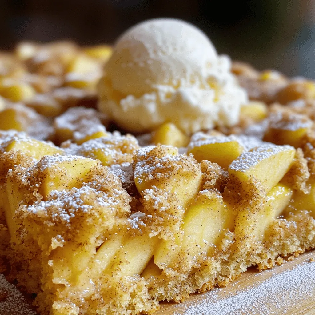 - 2 large apples (Granny Smith or Honeycrisp) - 1 teaspoon lemon juice - 2 cups all-purpose flour - 1 cup granulated sugar - 1 tablespoon baking powder - 1 teaspoon ground cinnamon - ½ teaspoon salt - ½ cup unsalted butter, softened - 2 large eggs - 1 teaspoon vanilla extract - ½ cup whole milk - 1 cup rolled oats - 1 teaspoon ground ginger (optional) When I make Cinnamon Apple Crumb Cake, I like to use Granny Smith or Honeycrisp apples. They bring the right mix of sweet and tart. A splash of lemon juice keeps the apples fresh and bright. You will need a mix of common pantry items. Start with two cups of all-purpose flour and one cup of granulated sugar. These form the cake base. Baking powder helps the cake rise. The ground cinnamon adds that warm, cozy flavor we all love. Just half a teaspoon of salt balances the sweetness. For the rich texture, use half a cup of softened unsalted butter. You will also need two large eggs, one teaspoon of vanilla extract, and half a cup of whole milk to bind it all. The rolled oats create a lovely crumb topping. I like to add ground ginger for extra warmth, but it’s not a must. If you want to try different fruits, you can swap the apples. Pears or peaches work well too. For a dairy-free option, use almond milk or oat milk in place of whole milk. If you're looking to cut sugar, coconut sugar or agave syrup can be great alternatives. Each change can give your cake a unique twist! First, preheat your oven to 350°F (175°C). This step ensures your cake bakes evenly. Next, prepare a 9x13 inch baking pan. You can grease it or line it with parchment paper. This makes it easy to remove the cake later. Now, let’s work on the apples. Take 2 large apples, like Granny Smith or Honeycrisp. Peel them and dice them into small pieces. Toss the diced apples in a small bowl with 1 teaspoon of lemon juice. This keeps them fresh and bright. In a large mixing bowl, combine the dry ingredients. Add 2 cups of all-purpose flour, 1 cup of granulated sugar, 1 tablespoon of baking powder, and 1 teaspoon of ground cinnamon. If you like, you can also add ½ teaspoon of salt and 1 teaspoon of ground ginger for extra warmth. Mix everything well until it’s evenly combined. Now, it’s time for the wet ingredients. In another bowl, mix together 2 large eggs, 1 teaspoon of vanilla extract, and ½ cup of whole milk. Beat these ingredients until they are well blended. This mixture adds moisture to your cake. Pour the egg mixture into the bowl with the dry ingredients. Mix them gently until just combined. Be careful not to over-mix, as this can make your cake tough. Now, gently fold in the diced apples. Make sure they are evenly distributed in the batter. Pour the batter into your prepared baking pan. Spread it evenly so it bakes nicely. Now, let’s make the crumb topping. Take the reserved crumb mixture from the dry ingredients and add 1 cup of rolled oats. Sprinkle this mixture evenly over the batter in the pan. This topping gives a nice crunch. Place the pan in the oven and bake for 30-35 minutes. To check if it’s done, insert a toothpick into the center of the cake. If it comes out clean, your cake is ready! Once baked, let the cake cool for at least 10 minutes before slicing. Enjoy this delightful treat! Mixing your cake batter is key. If you mix too much, your cake can become tough. You want the batter just blended. This keeps the cake light and fluffy. Remember to fold in the apples gently. This helps keep their shape and gives the cake great texture. Not all apples are the same for baking. I recommend using Granny Smith or Honeycrisp. They hold their shape well and add a nice tartness. This balance of sweet and tart makes your cake pop with flavor. You can also try Fuji or Braeburn for a sweeter taste. Want to mix things up? Add nuts or dried fruits to the cake. Walnuts or pecans add a nice crunch. Dried cranberries or raisins bring a sweet chewiness. These additions give your cake extra layers of flavor. Feel free to experiment with what you love! Serving your cake warm makes it even better. A dollop of whipped cream on top adds a creamy touch. Vanilla ice cream is another great choice. The cold ice cream melts into the warm cake, making it extra special. Dust with powdered sugar for a nice finish. Enjoy! {{image_2}} You can make this cake gluten-free. Use gluten-free flour blends. Look for blends made from brown rice flour, almond flour, or oat flour. They work well in this recipe and keep the texture light. To make this cake vegan, skip the eggs and dairy. Replace eggs with flaxseed meal. Mix one tablespoon of flaxseed meal with three tablespoons of water, let it sit for five minutes, and use it as an egg. For milk, choose almond milk or oat milk. These options keep the cake moist and delicious. Want to spice things up? Add nutmeg or allspice to the mix. Just a pinch can give your cake a warm, cozy flavor. Try one teaspoon of nutmeg or allspice for a delightful twist. You can even mix different spices for more depth. To store leftover cake, let it cool to room temperature. Then, cover it with plastic wrap or foil. You can also place it in an airtight container. This way, the cake stays moist for up to three days. Keep it on the counter for easy access. For long-term storage, freeze the cake. First, slice it into pieces. Wrap each slice in plastic wrap, then place them in a freezer bag. Press out extra air to prevent freezer burn. The cake can last for up to three months in the freezer. To reheat, take a slice and let it thaw in the fridge overnight. You can warm it in the microwave for 15-20 seconds before serving. Cinnamon apple crumb cake stays fresh for a few days at room temperature. To keep it tasting great, avoid direct sunlight and heat. If you notice any mold or strange smells, it’s best to toss it. Enjoy your cake while it's fresh for the best flavor and texture. Yes, you can use frozen apples. They work well in this cake. Just thaw them first. Drain any extra liquid to keep the cake from getting soggy. Frozen apples bring great flavor and sweetness, too. Check for doneness by using a toothpick. Insert it in the center of the cake. If it comes out clean, the cake is ready. Another sign is a golden-brown top. The edges may also pull away from the pan slightly. To reheat the cake, use the oven. Preheat it to 350°F (175°C). Place the cake in for about 10 minutes. This warms it up without drying it out. You can also microwave it. Heat in short bursts of 10-15 seconds to avoid overcooking. Yes, you can make the crumb topping in advance. Just store it in an airtight container. Keep it in the fridge for up to 3 days. When you are ready, sprinkle it on the batter before baking. It will still have that nice crunch! For the complete recipe with details, [click here](#). In this blog post, we covered how to make a delicious Cinnamon Apple Crumb Cake. We explored the best ingredients, provided step-by-step mixing and baking instructions, and shared tips for perfecting your cake. We also looked at variations, storage tips, and answered common questions. Enjoying this cake is simple, whether you bake it gluten-free or vegan. Remember, using the right apples and not overmixing will help you create a tasty treat. Now, it's time to gather your ingredients and get baking!