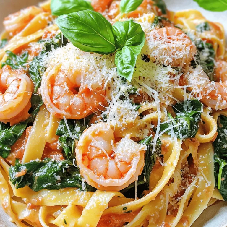 - 8 oz fettuccine or spaghetti - 2 cups fresh spinach, roughly chopped - 1 lb shrimp, peeled and deveined - 1 tablespoon olive oil - 3 cloves garlic, minced - 1 can (15 oz) crushed tomatoes - 1 cup heavy cream - 1/2 cup grated Parmesan cheese - 1 teaspoon Italian seasoning - Salt and pepper to taste - Fresh basil leaves for garnish Gather these ingredients to create a rich and creamy dish. The fettuccine or spaghetti forms a great base. The shrimp brings protein and a delightful texture. Fresh spinach adds color and nutrition to the plate. Next, minced garlic gives a strong flavor. Crushed tomatoes create a savory sauce. Heavy cream makes the sauce smooth and rich. Grated Parmesan cheese adds a nice, cheesy finish. For seasoning, Italian seasoning ties all the flavors together. Salt and pepper enhance the taste. Fresh basil leaves add a touch of freshness when you serve. With these ingredients, you can craft a delicious meal that brings joy to any table. - Cook the pasta according to package instructions until al dente. - Drain and set aside for later use. - Heat olive oil in a skillet over medium-high heat. - Season shrimp with salt, pepper, and Italian seasoning, cooking until pink. - Sauté minced garlic until fragrant, then add crushed tomatoes. - Simmer for 5-7 minutes to combine flavors, then add cream and Parmesan cheese. Cooking pasta is simple. First, boil water and add salt. This helps the pasta flavor. Choose fettuccine or spaghetti, and cook until it is firm but tender. Draining it allows you to use it later. Next, let’s cook the shrimp. The shrimp need flavor. Season them with salt, pepper, and Italian herbs. Heat olive oil in a skillet and add the shrimp. They cook quickly, just 2-3 minutes on each side. Once they turn pink, they are ready. Now, we make the sauce. Start by sautéing garlic. It gives a nice aroma. After that, pour in crushed tomatoes. Let it simmer for 5-7 minutes. This step helps the sauce become rich. Finally, stir in the cream and Parmesan cheese. This makes it creamy and delicious! - Use high-quality tomatoes for the best flavor. Good tomatoes make your sauce shine. - Adjust the cream and cheese for desired richness. If you want a creamier sauce, add more cream. - Remember to add salt to boiling water for better taste. Salt enhances the pasta flavor. - Reserve pasta water for adjusting sauce consistency if needed. This water helps your sauce stick. - Experiment with additional herbs like thyme or oregano. Fresh herbs can brighten the dish. - Adding a splash of white wine can elevate the sauce. Wine gives a nice depth to the flavor. {{image_2}} You can switch shrimp for chicken or tofu. This gives a new twist to the dish. Shrimp cooks fast, while chicken takes a bit longer. Cook it until it reaches 165°F for safety. Tofu can soak up the sauce well, making it tasty. Want to try something different? Use scallops or a mix of seafood. Both options add depth and flavor to your meal. Scallops cook quickly and taste great with the creamy sauce. Feel free to add more veggies! Bell peppers and mushrooms work well in this pasta. They give extra color and crunch. You can sauté them with garlic for more flavor. If you can’t find fresh spinach, frozen works just as well. Just thaw and drain it before adding. This is a great way to save time and still enjoy a healthy dish. Want to make it gluten-free? Use gluten-free pasta instead. Many options on the market taste great and fit well in this recipe. For a lighter version, swap heavy cream for half-and-half or Greek yogurt. Both will still give you creaminess without all the fat. This way, you can enjoy a guilt-free meal that is still delicious. Store any leftovers in an airtight container. Keep it in the fridge for up to 3 days. This helps maintain the flavor and texture of your creamy tomato spinach shrimp pasta. For longer storage, freeze the pasta in portions. It will stay fresh for up to 2 months. Make sure to use freezer-safe containers to prevent freezer burn. When you are ready to eat, reheat gently on the stove. Add a splash of water to loosen the sauce. This keeps the pasta creamy and avoids drying it out. Avoid microwaving, as it may overcook the shrimp. Enjoy your meal just like the first time! Yes, thaw them before cooking to ensure proper texture. Frozen shrimp can be handy. Just place them in the fridge overnight to thaw. If you’re in a hurry, run them under cold water for a few minutes. This way, your shrimp will cook evenly. Use half-and-half or a dairy-free alternative like coconut cream. Half-and-half gives a creamy texture without being too heavy. Coconut cream adds a nice flavor and works well for dairy-free diets. Both options keep the dish rich and smooth. They should be pink and opaque when fully cooked, taking about 2-3 minutes on each side. When shrimp curl into a "C" shape, they are often done. Be careful not to overcook them. Overcooked shrimp can become tough and chewy. Check the recipe link for the full prep and cooking instructions for Creamy Tomato Spinach Shrimp Pasta. You'll find step-by-step guidance that makes cooking this dish easy and fun. Enjoy the process and the delicious results! This blog post covered how to make Creamy Tomato Spinach Shrimp Pasta. We discussed main ingredients, steps for cooking, and tips for perfecting the dish. You can adjust flavors and swap proteins or veggies for variety. Storing leftovers carefully helps with freshness. Whether you choose shrimp or another protein, this recipe is sure to please. Enjoy this dish and have fun cooking!