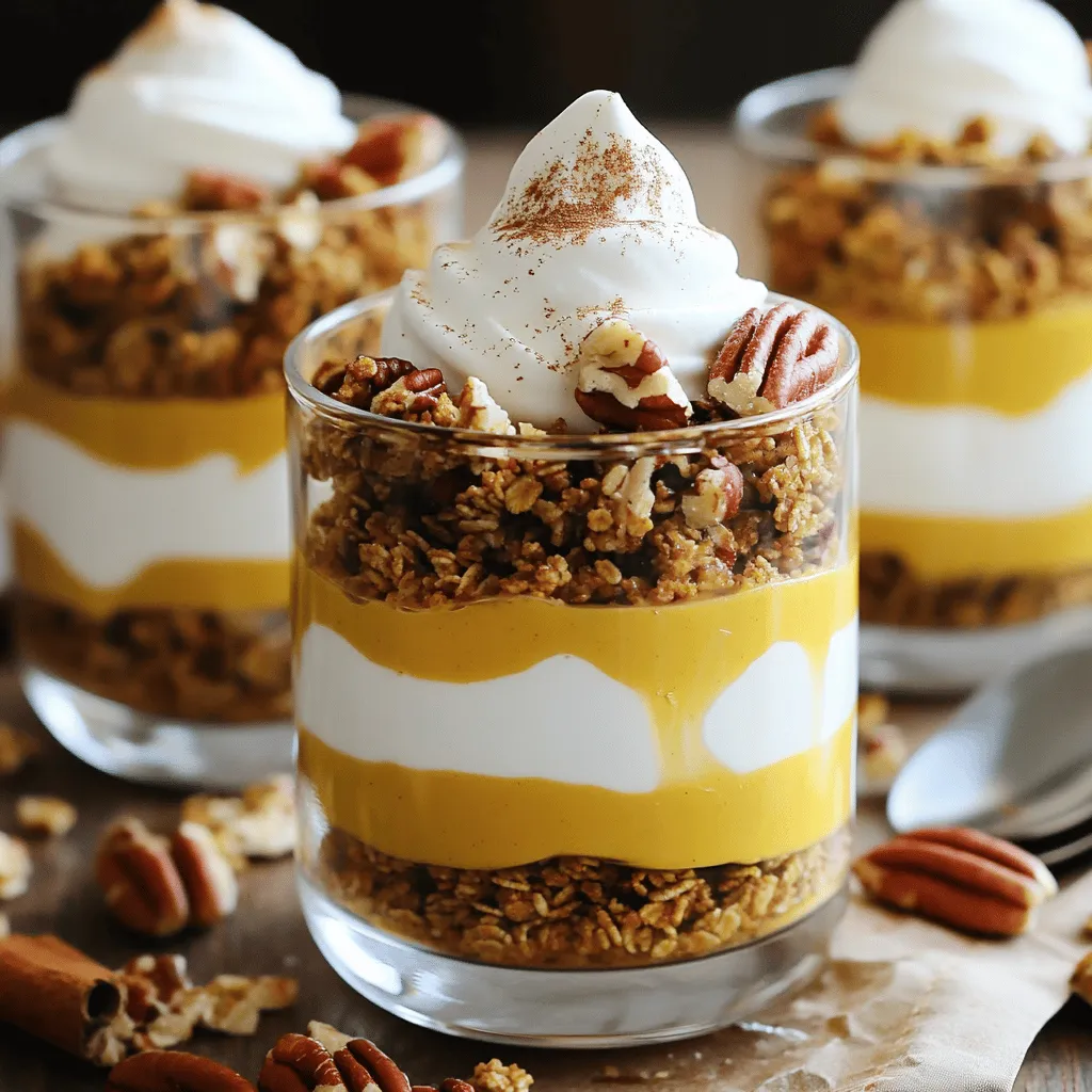- 2 cups plain Greek yogurt - 1 cup pumpkin puree - 1/4 cup maple syrup (or honey) - 1 teaspoon vanilla extract - 1 teaspoon pumpkin pie spice - 1 cup granola - 1/2 cup chopped pecans - Fresh whipped cream (optional, for topping) - Ground cinnamon for garnish (optional) You need simple ingredients to make Pumpkin Spice Yogurt Parfaits. First, use plain Greek yogurt. This yogurt is thick and creamy, which gives the parfait a nice base. Next, grab some pumpkin puree. It adds that lovely fall flavor we all love. For sweetness, you can choose between maple syrup or honey. Both work great, so pick your favorite! A dash of vanilla extract enhances the taste. Don’t forget pumpkin pie spice! It gives that warm, cozy flavor. You’ll also need granola for crunch. It adds texture and sweetness. Chopped pecans bring a nice nutty flavor. For special touches, consider fresh whipped cream and ground cinnamon on top. These are optional but really make it fancy! Gather these ingredients, and you’re ready to create a delicious treat. First, grab a medium mixing bowl. In this bowl, you will mix 2 cups of plain Greek yogurt, 1 cup of pumpkin puree, and 1/4 cup of maple syrup (or honey). Use a whisk or spoon to blend. Make sure it is smooth and creamy. Next, add 1 teaspoon of vanilla extract and 1 teaspoon of pumpkin pie spice. Stir well until everything is combined. The mix should smell amazing! Now, it's time to layer your parfaits. Take your serving glasses or bowls. Start with a generous spoonful of the pumpkin yogurt mix. Spread it evenly at the bottom. Then, add 1 cup of granola on top of the yogurt. Sprinkle 1/2 cup of chopped pecans over the granola. Repeat this layering process. Aim for at least three layers of yogurt, granola, and pecans. This creates a nice texture and flavor balance. For a special finish, you can add a dollop of fresh whipped cream on top of the last layer. If you love cinnamon, sprinkle some ground cinnamon over it. This gives an extra touch of flavor. Enjoy the beautiful layers and colors! To get a smooth blend, mix the yogurt and pumpkin puree well. A hand mixer works great here. Aim for a creamy texture. Greek yogurt should be thick but not too stiff. The mixture should easily spoon out of the bowl. Try adding a dash of nutmeg or ginger for extra warmth. You can also use vanilla bean for a special touch. If you want it sweeter, use agave syrup, or stevia instead of maple syrup. This makes your parfait your own. Choose clear glasses or bowls to show off the layers. You can use Mason jars for a fun look. For garnishing, add a dollop of whipped cream on top. Sprinkle some cinnamon or add a few pecans for a pop of color. Enjoy the visual treat as much as the taste! {{image_2}} You can make your pumpkin spice yogurt parfait even better by adding seasonal flavors. Try mixing in some apples or caramel. These flavors brighten up the parfait and add a new twist. You can also use flavored yogurt. Yogurts with maple or cinnamon work great. This gives your parfait extra taste without extra effort. If you need to make the parfait gluten-free, choose gluten-free granola. Many brands offer tasty options. For those who want dairy-free parfaits, use coconut yogurt or almond yogurt. Both options taste great and keep your parfait creamy. You can enjoy the same delicious flavors without any dairy. Creating mini parfaits helps with portion control. Use small cups or jars to serve. This way, everyone can enjoy their own little treat. For larger gatherings, just adjust the recipe. You can double or triple the ingredients. Make as many servings as you need, ensuring everyone gets a taste of this yummy dessert. To store parfaits in the fridge, keep them in airtight containers. This keeps them fresh and prevents odors from mixing. You can also cover your parfaits tightly with plastic wrap. The recommended storage duration is up to three days. After that, the granola might get soggy and lose its crunch. Preparing parfaits ahead of time makes life easier. You can layer them in jars or cups and store them in the fridge. For picnics or lunches, pack them in small containers. Just keep the granola separate until you’re ready to eat. This way, it stays crunchy and tasty. Yes, you can freeze parfaits! However, the texture may change after thawing. For proper techniques, layer the yogurt and pumpkin mixture in a freezer-safe container. Leave some space at the top for expansion. When you're ready to eat, let it thaw in the fridge overnight. Enjoy your treat when it’s ready! You can store pumpkin spice yogurt parfaits in the fridge for up to three days. Keep them in an airtight container to maintain freshness. After that, the yogurt may lose its creamy texture. Yes! You can use other types of yogurt. Dairy-free options like almond or coconut yogurt work great. You can also try flavored yogurts if you want to add a twist. Just be mindful of the added sugars in flavored yogurts. If you need a granola substitute, try using crushed nuts or seeds. You can also use oats, puffed rice, or even coconut flakes. These options add crunch and flavor without losing the parfait experience. This blog taught you how to make delicious pumpkin yogurt parfaits. We explored the ingredients, step-by-step instructions, and clever tips. You can customize flavors and adjust for dietary needs. Remember, storing parfaits properly keeps them fresh longer. Try mini versions for easy portion control. With these ideas, your parfaits will impress at any gathering. Enjoy experimenting with flavors and toppings for a tasty treat!
