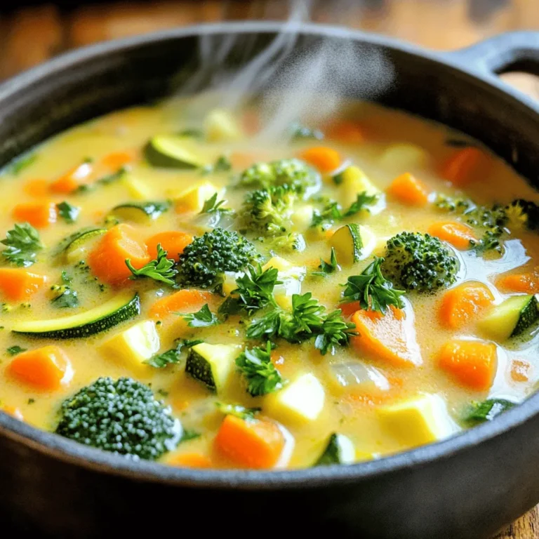 To make a delicious One-Pot Creamy Vegetable Soup, gather these key ingredients: - 1 tablespoon olive oil - 1 medium onion, chopped - 2 cloves garlic, minced - 2 medium carrots, diced - 1 celery stalk, diced - 1 medium potato, peeled and diced - 1 zucchini, diced - 1 cup broccoli florets - 1 cup frozen peas - 4 cups vegetable broth - 1 cup heavy cream (or coconut cream for a dairy-free option) - 1 teaspoon dried thyme - 1 teaspoon Italian seasoning - Salt and pepper to taste - Fresh parsley, chopped (for garnish) These ingredients work together to create a rich, creamy, and comforting soup. The olive oil adds a healthy fat, while the onion and garlic build a strong flavor base. Carrots, celery, and potatoes give the soup its heartiness. Zucchini and broccoli add color and nutrition, and peas bring sweetness. Using vegetable broth provides depth while heavy cream makes it creamy. If you want a lighter soup or a vegan option, you can substitute coconut cream. The herbs, thyme and Italian seasoning, tie all the flavors together. Finally, fresh parsley adds a pop of color and freshness when served. Feel free to customize this list based on what you have at home. This soup is forgiving, and you can swap or add veggies as needed. Start by heating the olive oil in a large pot over medium heat. Add the chopped onion first. Sauté it for about 3-4 minutes until it looks soft. Then, add the minced garlic. Cook this for 1 more minute, letting the smell fill your kitchen. Next, it’s time to add the root vegetables. Toss in the diced carrots, celery, and potato. Stir these for about 5 minutes. This step helps bring out their flavors and starts to build the soup's base. Now, let’s mix in the rest of the vegetables. Add the diced zucchini, broccoli florets, and frozen peas to the pot. Stir everything together so the veggies are well combined. This colorful mix adds both taste and nutrition to your soup. After the veggies cook for a while, pour in the vegetable broth. Bring this mix to a boil. Once it boils, lower the heat and let it simmer. This should take about 15-20 minutes until the vegetables are tender. When they are ready, it’s blending time! Use an immersion blender to blend the soup until smooth or chunky, based on what you like. If you use a regular blender, let it cool slightly before blending in smaller batches. Once blended, return the soup to the pot. Stir in the heavy cream or coconut cream. Season it with thyme, Italian seasoning, salt, and pepper. Let it simmer for another 5-10 minutes. This warms it up and lets the flavors mix well. Give it a taste and adjust the seasoning as needed. Now your one-pot creamy vegetable soup is ready to enjoy! To get the perfect texture, decide if you want a smooth or chunky soup. A smooth soup feels creamy and rich. For this, blend it well until no lumps remain. If you prefer a chunky soup, blend only half. This gives you a mix of smooth and bits of veggies that add fun to each bite. When blending, I recommend using an immersion blender. It’s easy and quick. Just be careful not to splash. If you use a regular blender, let the soup cool first. Blend in small batches, and remember to vent the lid to avoid pressure build-up. To boost flavor, try adding dried thyme and Italian seasoning. These spices add warmth. Use salt and pepper to taste, but go easy; you can always add more later. For the best veggies, cook them until they are tender. This usually takes about 15 to 20 minutes. Check the soup as it cooks. You want the veggies soft but not mushy. Their flavors will blend beautifully with the broth. I love using a large pot for one-pot meals. A heavy-bottom pot is best. It spreads heat evenly and helps avoid burning. Look for one with a lid to keep moisture in. For easy cleanup, use a pot that is non-stick. A silicone spatula helps get every bit of soup out. You can also line your pot with parchment paper if you want to make cleaning even easier. {{image_2}} You can make this soup fit your diet. For a dairy-free option, use coconut cream instead of heavy cream. This gives the soup a nice, rich taste without dairy. If you need it gluten-free, stick with the vegetable broth and fresh veggies. All the ingredients in this recipe are naturally gluten-free. Want to make your soup heartier? Add proteins like beans or lentils. They boost the nutrition and make the soup more filling. You can also throw in seasonal vegetables. Try adding sweet potatoes in fall or fresh peas in spring. These little changes keep the soup exciting and fresh. If you like some heat, add red pepper flakes. This spicy version warms you up on cold days. For an Italian twist, sprinkle in some dried basil or oregano. These herbs add a lovely aroma and flavor. Feel free to mix and match to find your favorite version! To keep your One-Pot Creamy Vegetable Soup fresh, follow these steps: - Refrigerating: Let the soup cool down. Pour it into an airtight container. Store it in the fridge for up to 4 days. This keeps the flavors intact and prevents spoilage. - Freezing: If you want to save it longer, freeze the soup. Use freezer-safe containers or bags. Make sure to leave some space at the top for expansion. The soup can last for 3 months in the freezer. When ready to eat, just thaw it overnight in the fridge. When reheating, you want to keep the soup creamy and smooth. Here are some tips: - Stovetop method: Pour the soup into a pot. Heat on low to medium heat. Stir often until it warms up. This keeps the texture just right. - Microwave method: Transfer the soup to a microwave-safe bowl. Cover it loosely with a lid. Heat in short bursts, stirring in between. This helps heat evenly. For storage, use: - Airtight containers: These keep the soup fresh and prevent spills. - Glass containers: They are great for reheating and do not retain odors. Following these tips ensures your soup stays delicious for future meals! Yes, you can use frozen vegetables in this recipe. They save time and add convenience. Frozen veggies often lock in flavor and nutrients. This means they can be just as good as fresh. If you use frozen vegetables, skip the thawing step. Just toss them right into the pot. This will make your soup quick and easy. To make this soup vegan, you can swap out the heavy cream. Use coconut cream instead for a rich taste. You can also add plant-based milk for a lighter option. For the broth, ensure it’s vegetable-based. This way, you keep all the flavors while staying plant-based. This soup pairs well with many sides. Try serving it with warm bread or crusty rolls. A fresh salad also complements it nicely. You can add a sprinkle of cheese on top, if you like. For a heartier meal, serve it with a grain, like quinoa or rice. This blog post covered how to make a tasty, creamy vegetable soup. We discussed the key ingredients, step-by-step instructions, and helpful tips. You learned how to adjust the recipe for different diets and flavors. Proper storage and reheating also matter. Remember, cooking should be fun and creative. Explore your options with this versatile dish. Enjoy your time in the kitchen and share this warm soup with others!