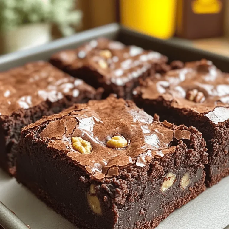 For the best fudgy brownies, you need these key ingredients: - 1 cup unsalted butter - 2 cups granulated sugar - 4 large eggs - 1 teaspoon vanilla extract - 1 cup all-purpose flour - 1 cup unsweetened cocoa powder - 1 teaspoon baking powder - 1/2 teaspoon salt - 1 cup semi-sweet chocolate chips These ingredients work together to create a rich, dense brownie. The butter gives moisture, while sugar adds sweetness. Eggs help bind the mix and add structure. Flour and cocoa provide the base, making your brownies fudgy. You can customize your brownies with fun add-ins. Here are some great options: - 1/2 cup walnuts or pecans (optional) - 1 cup additional chocolate chips (for extra chocolate flavor) Adding nuts gives a nice crunch to each bite. More chocolate chips make the brownies even richer. Feel free to mix and match based on your taste! If you have dietary needs, don't worry! Here are some swaps you can make: - Use coconut oil instead of butter for a dairy-free option. - Replace granulated sugar with coconut sugar or a sugar substitute. - Try gluten-free flour instead of all-purpose flour. These substitutions help you enjoy fudgy brownies while meeting different diets. Just be sure to adjust baking times as needed! Start by preheating your oven to 350°F (175°C). Grease a 9x13 inch baking pan. You can also use parchment paper for easy removal. This step makes cleanup a breeze and helps your brownies come out perfectly. In a medium saucepan, melt 1 cup of unsalted butter over low heat. Once the butter is melted, take it off the heat. Stir in 2 cups of granulated sugar until the mixture is smooth. Let it cool for a few minutes. Then, add 4 large eggs one at a time. Mix well after each egg. Finally, stir in 1 teaspoon of vanilla extract for added flavor. In a separate bowl, sift together 1 cup of all-purpose flour, 1 cup of unsweetened cocoa powder, 1 teaspoon of baking powder, and 1/2 teaspoon of salt. Gradually add this dry mix to your wet ingredients. Stir until just combined. Be careful not to overmix; this will keep your brownies fudgy. Now, it’s time to fold in 1 cup of semi-sweet chocolate chips. If you like nuts, add 1/2 cup of walnuts or pecans. Gently mix until the chocolate and nuts are evenly spread throughout the batter. Pour your brownie batter into the prepared baking pan. Spread it evenly with a spatula. Bake in the oven for 25 to 30 minutes. To check for doneness, insert a toothpick into the center. It should come out with a few moist crumbs, not clean. Remove the pan from the oven and let the brownies cool for at least 20 minutes before slicing them into squares. To get that fudgy texture, use less flour. The recipe calls for 1 cup of flour, which is key. Also, do not overmix the batter. Stir just until the dry and wet ingredients blend. The chocolate chips add richness too. Bake them until a toothpick shows a few moist crumbs. This step makes your brownies soft and chewy. One big mistake is using cold eggs. Always use eggs at room temperature. This helps them mix better. Another common slip is overbaking. Keep an eye on the time. Check the brownies around 25 minutes. If you see too many dry crumbs, they are overdone. Lastly, don’t skip the cooling time. Letting them cool helps set the fudgy texture. You can change the flavors easily! Add a teaspoon of espresso powder for a rich taste. Swap semi-sweet chocolate chips for dark chocolate for a bolder flavor. Want nuts? Use walnuts or pecans for crunch. For a fun twist, mix in peppermint extract or sea salt. Feel free to experiment! {{image_2}} To make fudgy peanut butter brownies, add 1 cup of creamy peanut butter to the wet mix. Melt the peanut butter with the butter for a rich, nutty taste. This twist adds a creamy texture and pairs well with chocolate. You can also sprinkle some peanuts on top for crunch. For mint chocolate chip brownies, mix 1 teaspoon of peppermint extract into the wet ingredients. Add 1 cup of mint chocolate chips to the batter for a burst of minty flavor. These brownies bring a refreshing taste, perfect for mint lovers. To create gluten-free brownies, swap the all-purpose flour with 1 cup of gluten-free flour blend. Ensure the blend includes xanthan gum for the best texture. The other ingredients stay the same. This version keeps the fudgy center while catering to gluten-free diets. Each variation offers a unique twist on the classic fudgy brownie, making them fun to try. Feel free to experiment with your favorite flavors and ingredients! To keep your fudgy brownies fresh, store them in an airtight container. This helps maintain their soft texture. You can also wrap them in plastic wrap before placing them in the container. Keep them at room temperature for up to four days. If you want to store them longer, the fridge is a good option. Just remember, chilling may change the texture slightly. For best results, let them sit at room temperature before you eat them. Freezing brownies is easy and keeps them tasty. First, let the brownies cool completely. Cut them into squares, then wrap each square in plastic wrap. Place the wrapped brownies in a freezer-safe bag or container. You can freeze them for up to three months. When you're ready to enjoy, just take out as many as you want. Let them thaw at room temperature for a few hours or microwave them for a few seconds. If your brownies feel stale, you can bring them back to life. Preheat your oven to 350°F (175°C). Place the brownies on a baking sheet. Cover them with aluminum foil to avoid drying out. Heat for about 5-10 minutes. Check to see if they're warm. You can also use the microwave. Heat them for 10-15 seconds. This will soften them and make them taste fresh again. Enjoy your warm, fudgy treats! You can check your brownies at around 25 minutes. Insert a toothpick into the center. If it comes out with a few moist crumbs, they are ready. If it comes out clean, they may be too dry. Keep an eye on them, as baking times can vary. Yes, you can use different types of flour. Whole wheat flour gives a nutty flavor. Almond flour can make them gluten-free. Just remember to adjust the liquid if needed. Each flour type may change the texture and taste. If your brownies are too cakey, try these tips. Use less flour next time. Make sure not to overmix the batter. You can also add an extra egg yolk for more richness. Lastly, bake them for fewer minutes to keep them fudgy. To boost the chocolate flavor, add more cocoa powder or chocolate chips. You can also fold in melted dark chocolate into the batter for a richer taste. Use high-quality chocolate for the best results. Adjust the sugar if it gets too sweet. We covered how to make the best fudgy brownies. You learned essential ingredients, tips, and tricks. We explored delicious variations and storage methods. As you bake, keep experimenting with flavors and textures. This recipe is flexible, so let your creativity shine. You have all the tools to make fantastic brownies, from rich flavors to perfect texture. Enjoy the process and your delicious treats!