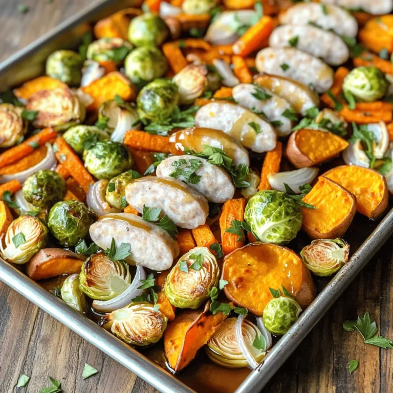 - 1 lb chicken or turkey sausage, sliced - 2 medium sweet potatoes, diced - 1 cup Brussels sprouts, halved - 2 carrots, sliced - 1 red bell pepper, chopped - 1 yellow onion, cut into wedges - 3 cloves garlic, minced - 3 tablespoons olive oil - 1 tablespoon maple syrup - 1 teaspoon dried thyme - 1 teaspoon smoked paprika - Salt and pepper to taste In this dish, I love using chicken or turkey sausage for a lighter touch. They bring great flavor without being too heavy. Sweet potatoes add a nice sweetness and creamy texture. The Brussels sprouts and carrots add crunch and color. I always add garlic for a punch of flavor. Olive oil helps everything roast well and keeps it moist. Maple syrup gives a hint of sweetness that balances the savory sausage and veggies. Thyme and smoked paprika add depth to the dish. Salt and pepper bring all the flavors together. - Fresh parsley - Additional herbs Garnishing is a simple way to elevate your dish. Fresh parsley adds brightness and color. You can also use other fresh herbs like thyme or rosemary for extra flavor. A small sprinkle right before serving makes it look and taste even better. 1. Preheating the oven: Start by preheating your oven to 425°F (220°C). This step is key for getting crispy veggies. 2. Preparing the vegetables: Grab a large bowl. Dice 2 medium sweet potatoes. Halve 1 cup of Brussels sprouts. Slice 2 carrots. Chop 1 red bell pepper. Cut 1 yellow onion into wedges. Add all these veggies to the bowl. You want a colorful mix! 1. Mixing ingredients: Drizzle 3 tablespoons of olive oil and 1 tablespoon of maple syrup over the veggies. Add 3 cloves of minced garlic, 1 teaspoon of dried thyme, and 1 teaspoon of smoked paprika. Sprinkle salt and pepper to taste. Toss everything well so the flavors blend. 2. Baking instructions and timing: Spread the veggie mix in a single layer on a large baking sheet. Next, lay 1 pound of sliced chicken or turkey sausage on top. Bake in the oven for 25-30 minutes. Stir halfway through to ensure even cooking. The veggies should be tender and caramelized, while the sausage cooks through. After baking, let it cool for a few minutes. Enjoy! Choosing the right sausage I love using chicken or turkey sausage for this dish. They add great flavor and are lighter than pork. You can also try spicy sausage for a kick. Just slice them thin for even cooking. Adjusting cooking times based on oven type Ovens can cook food differently. If you have a convection oven, reduce the cooking time by about five minutes. Keep an eye on the veggies. They should be soft with a bit of crisp. Plating and presentation ideas You can serve this dish straight from the sheet pan for a cozy look. If you prefer a fancier touch, transfer it to a large serving platter. Drizzle a bit of olive oil on top and sprinkle fresh herbs for color. It makes a big difference! Best side dishes to accompany the meal This dish is filling, but a light side salad pairs well. A simple green salad with lemon vinaigrette will balance the meal. You could also serve crusty bread to soak up any juices. {{image_2}} You can change up the veggies in your sausage harvest veggie sheet pan. If you want a different taste, try these options: - Zucchini: Adds a nice texture. - Cauliflower: A great low-carb choice. - Asparagus: Gives a fresh flavor. You can swap the sausage too. Try pork sausage for a richer taste. Or, use veggie sausage if you want a meat-free meal. When considering seasonal ingredients, think about what is fresh. In fall, add root veggies like parsnips or turnips. In summer, use bell peppers or zucchini. To make this dish gluten-free, ensure your sausage is labeled as such. Most brands offer gluten-free options. If you want a vegan version, use plant-based sausage. You can replace the honey with maple syrup for sweetness. For low-carb options, skip the sweet potatoes. Use broccoli or cauliflower instead. This keeps the dish light while still tasty. After you enjoy your Sausage Harvest Veggie Sheet Pan, store any leftovers in the fridge. Use an airtight container to keep them fresh. This method helps to lock in flavor and moisture. It’s best to eat the leftovers within 3 to 4 days. If you want to save some for later, you can freeze the dish. Let it cool completely before freezing. Use freezer-safe bags or containers. This way, you can enjoy it up to 2 to 3 months later. Just label the containers with the date for easy reference. When you're ready to eat leftovers, you can reheat them in several ways. The oven works great to keep the texture. Preheat your oven to 350°F (175°C) and put the dish in for about 15 to 20 minutes. Stir halfway to ensure even heating. If you're short on time, you can use the microwave. Place the leftovers in a microwave-safe dish. Cover it with a damp paper towel to help keep moisture. Heat in 1-minute bursts until warmed through. This method is quick but may make the veggies a bit softer. No matter how you reheat, make sure to enjoy your meal! Can I use different types of sausage? Yes, you can use any sausage you like. Chicken or turkey sausage works well. You can also try pork or plant-based options. Just make sure to cook them fully. Each type adds its own flavor. Feel free to mix and match. How do I know when the veggies are done? The veggies are done when they are tender and slightly brown. You can poke them with a fork to check. If they are soft and can be pierced easily, they are ready. The edges should have a nice caramel color. What to do if the dish is too soggy? If your dish turns out soggy, try cooking it longer. Remove it from the oven and let it sit for a few minutes to cool. You can also increase the oven temperature slightly. This will help crisp up the veggies and sausage. Can this be made ahead of time? Yes, you can prep the veggies and sausage ahead of time. Just store them in the fridge for up to a day. When ready to cook, mix everything and bake as directed. This saves time during busy weeknights. This blog post covered a simple dish featuring chicken or turkey sausage and sweet potatoes. We explored key ingredients, preparation steps, cooking methods, and helpful tips. You can easily adjust the recipe to match your taste and dietary needs. Remember, using fresh herbs and the right cooking times makes a big difference. With these ideas, you can create a hearty meal. Enjoy the process and make it your own!