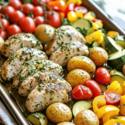 - 4 boneless skinless chicken breasts - 2 cups baby potatoes, halved - 1 cup bell peppers, chopped (a mix of red, yellow, and green) - 1 cup zucchini, sliced - 1 cup cherry tomatoes The main ingredients for this dish are simple yet flavorful. The chicken breasts provide lean protein. The baby potatoes add heartiness. Mixing bell peppers gives vibrant colors. Zucchini brings a nice crunch. Cherry tomatoes offer sweetness and freshness. - 4 cloves garlic, minced - 3 tablespoons olive oil - 2 teaspoons dried oregano - 2 teaspoons dried thyme - 1 teaspoon paprika - Salt and pepper to taste For the marinade, garlic is key. It adds depth and aroma. Olive oil helps coat the chicken and veggies. Dried oregano and thyme give a classic flavor. Paprika adds a subtle smokiness. Salt and pepper enhance all the tastes. - Fresh parsley Fresh parsley is a great garnish. It adds a pop of color. Plus, it brings a fresh taste to the dish. You can sprinkle it on right before serving. This small touch makes a big difference in presentation. - Preheat your oven to 400°F (200°C). - Line the sheet pan with parchment paper. This helps with easy cleanup later. - In a bowl, combine 3 tablespoons of olive oil, 4 cloves of minced garlic, 2 teaspoons of dried oregano, 2 teaspoons of dried thyme, 1 teaspoon of paprika, and salt and pepper to taste. - Mix well to create a tasty marinade. - Add the 4 boneless, skinless chicken breasts to the bowl. Coat them in the marinade. Let them sit for 10-15 minutes. This helps the chicken soak up all the flavors. - Place 2 cups of halved baby potatoes on one side of the sheet pan. Season them with a drizzle of olive oil, salt, and pepper. Toss to coat well. - After marinating, position the chicken breasts in the center of the sheet pan. - On the other side of the pan, add 1 cup of chopped bell peppers, 1 cup of sliced zucchini, and 1 cup of cherry tomatoes. Drizzle with any leftover marinade, olive oil, salt, and pepper, then toss to coat. - Bake everything in the preheated oven for 25-30 minutes. The chicken should reach an internal temperature of 165°F (74°C). The potatoes should be tender. - Once done, remove the pan from the oven. Let the chicken rest for a few minutes before slicing. This keeps it juicy. Garnish with fresh chopped parsley for a nice touch! To keep your chicken juicy, marinate it for at least 10–15 minutes. This helps lock in flavor and moisture. Make sure to coat the chicken well with the olive oil and herbs. If you have time, let it sit longer in the fridge. This gives it a deeper flavor. For even cooking of the veggies, cut them into similar sizes. This way, they will cook at the same rate. Spread them out on the sheet pan. Overcrowding can lead to steaming instead of roasting. For a pretty presentation, serve the dish right from the pan. Drizzle extra olive oil on top and sprinkle fresh parsley for color. If you want a more formal look, use a large platter. Arrange the chicken and veggies nicely for a feast for the eyes. You can also serve this dish family-style. Let everyone help themselves. This makes it fun and relaxed. You could even add a side of crusty bread to soak up the juices. To boost flavors, try adding fresh herbs like rosemary or basil. These can add a new twist. You can also sprinkle some red pepper flakes for a hint of spice. If you have time, marinate the chicken longer. A few hours or even overnight can enhance the taste. Just be careful not to over-marinate, as it can make the chicken too soft. {{image_2}} You can switch up the veggies based on the season. Try these options: - Asparagus in spring - Brussels sprouts in fall - Carrots and green beans year-round For colorful additions, consider: - Purple cabbage for crunch - Butternut squash for sweetness - Broccoli for a hearty bite These swaps make your meal vibrant and tasty. If you want to swap chicken, fish or tofu work great. - For fish, use salmon or tilapia. Bake for about 15-20 minutes. - For tofu, press it first. Cut it into cubes and bake for 25-30 minutes. These options keep the dish fun and new. To make a plant-based dish, use these ingredients: - Replace chicken with firm tofu or chickpeas. - Add extra veggies like spinach or kale. - Use a blend of olive oil, lemon juice, and herbs for flavor. This vegan version is hearty and packed with nutrients. To store leftovers, place them in an airtight container. This keeps the chicken and veggies fresh. You can store them in the fridge for up to three days. For the best taste, eat them within two days. You can freeze this dish for later use. Let it cool down first, then put it in a freezer-safe container. It should last up to three months in the freezer. When you want to eat it, thaw it overnight in the fridge. To reheat, bake in the oven at 350°F (175°C) until hot. This usually takes about 20-25 minutes. Transform your leftovers into new meals. Chop the chicken and toss it with pasta or salad. You can also make a hearty soup by adding broth and some extra veggies. This way, you can enjoy the flavors again in a fun new way! Yes, you can prepare this dish ahead. To do this, marinate the chicken and chop the veggies a day before. Store them in the fridge. When you’re ready, just spread everything on the pan and bake. This saves time and makes the chicken even tastier. This dish pairs well with many sides. Consider serving it with: - Rice or quinoa - A fresh green salad - Crusty bread - Steamed broccoli or green beans These sides balance the meal and add different textures. To check if your chicken is done, use a meat thermometer. The internal temperature should reach 165°F (74°C). If you don’t have a thermometer, cut into the thickest part. The meat should be white and juices should run clear. Avoid pink meat, as this means it is not safe to eat. Yes, reheating leftovers is safe if done properly. Store the leftovers in the fridge. When you reheat, ensure the chicken reaches at least 165°F (74°C) again. Use the microwave or oven for even heating. Avoid leaving food out for more than two hours after cooking. This blog post covered delicious sheet-pan herb chicken with veggies. We explored main ingredients like chicken, potatoes, and bell peppers. We made a tasty marinade and learned the steps to bake perfectly juicy chicken. Remember to store leftovers well and consider variations to keep meals exciting. Whether you adjust ingredients or try different flavors, this recipe is simple and flexible. You can enjoy a healthy meal while saving time and effort. Happy cooking!