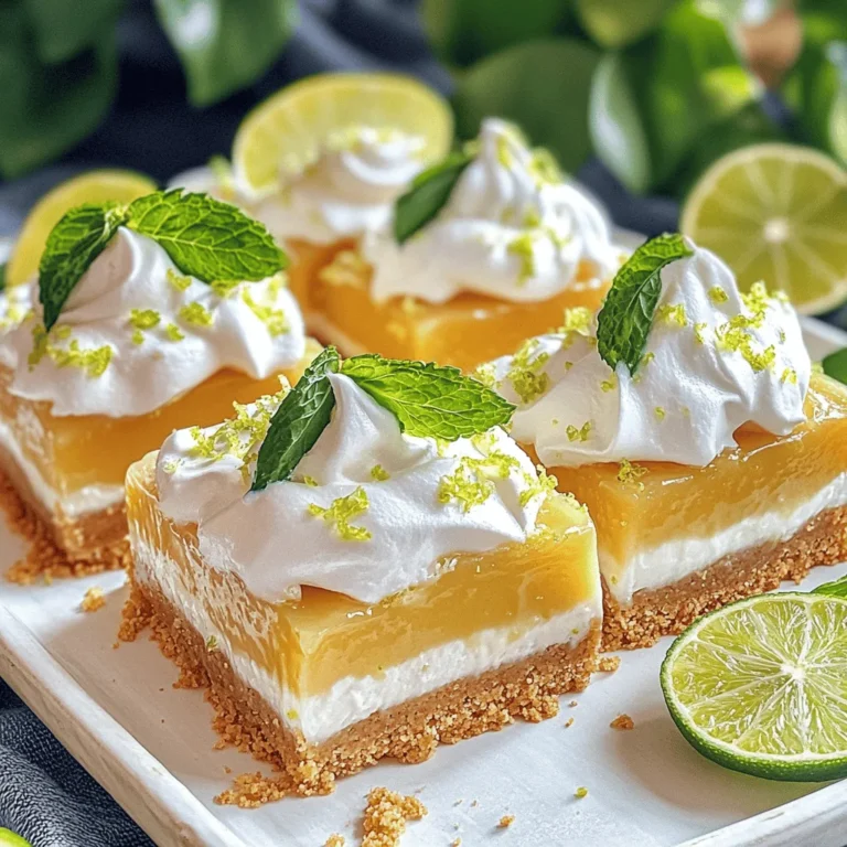 To make No-Bake Key Lime Pie Bars, you need simple ingredients. Here’s what you'll need: - 1 ½ cups graham cracker crumbs - ¼ cup granulated sugar - ½ cup unsalted butter, melted - 1 (14 oz) can sweetened condensed milk - ½ cup fresh key lime juice (about 4-5 limes) - Zest of 2 key limes - 1 teaspoon vanilla extract - 1 cup heavy whipping cream - 2 tablespoons powdered sugar - Lime slices and whipped cream for garnish These ingredients come together to create a bright and zesty treat. The graham cracker crumbs create a lovely crust, while the key lime juice gives that fresh and tangy flavor. Sweetened condensed milk adds creaminess, making each bite smooth. Use fresh limes for the best taste. You can also add a touch of vanilla for depth. Whipping cream and powdered sugar make a light topping that balances the tartness. Feel free to get creative with the garnishes! Lime slices and whipped cream not only look great but also add extra flavor. As you gather these ingredients, think about how they will work together. Each one plays a key role in making this dessert a hit. - First, take a medium bowl. Combine 1 ½ cups of graham cracker crumbs, ¼ cup of sugar, and ½ cup of melted butter. - Mix until it looks like wet sand. - Next, grab a 9x9-inch baking dish. Press the mixture evenly into the bottom. - Use the back of a measuring cup to pack it tightly. - Chill the crust in the fridge while you make the filling. - In another bowl, whisk together one can of sweetened condensed milk, ½ cup of fresh key lime juice, the zest of 2 key limes, and 1 teaspoon of vanilla. - Whisk until smooth and well mixed. - Pour this mixture over the chilled crust. Spread it evenly. - Cover the dish with plastic wrap. Freeze it for at least 2 hours until it sets. - Once it is set, remove the dish from the freezer. Cut the bars into squares. - In a separate bowl, whip 1 cup of heavy cream with 2 tablespoons of powdered sugar until soft peaks form. - Serve the key lime pie bars with a dollop of whipped cream and a slice of lime. To make the best crust, pack the graham cracker mixture evenly. Press it down with a measuring cup until it feels firm. This helps keep the bars together. Use fresh ingredients for the filling, especially key limes. Fresh juice gives a brighter taste. When whipping cream, start with chilled tools. Use a cold bowl and beaters. This helps create soft peaks. Whip the cream until it looks fluffy but not too stiff. This gives the bars a light touch. For a lovely presentation, add lime slices on top. Fresh mint leaves also brighten the look. Place the bars on a platter and arrange the garnishes. This makes your no-bake key lime pie bars look fancy and inviting. {{image_2}} You can make these bars gluten-free with a simple swap. Use gluten-free graham crackers instead of regular ones. Just crush them like normal and mix with sugar and butter. This option allows everyone to enjoy this treat without worry. Want to mix it up? You can add coconut for a tropical twist. Grate some coconut into the filling for extra texture. You can also try using zests from other citrus fruits. Orange or lemon zests will give a new flavor. Experiment to find your favorite combination. These bars are great on their own, but you can elevate them. Serve with fresh fruits like strawberries or blueberries. They add color and a burst of flavor. You can also pair them with other desserts, like vanilla ice cream. This makes for a fun dessert platter. To keep your key lime pie bars fresh, place them in an airtight container. Store the container in the fridge. This helps maintain their creamy texture and zesty flavor. If you used whipped cream for serving, it may lose some firmness over time. For best results, add whipped cream just before serving. Freezing these bars is easy. First, cut them into squares or bars. Wrap each piece in plastic wrap. Then, place the wrapped bars in a freezer-safe container. This method keeps them fresh and prevents freezer burn. To thaw, take out the desired number of bars. Let them sit in the fridge for about an hour before serving. When stored in the fridge, the bars last up to five days. They remain tasty and safe to eat during this time. If you freeze them, they can last for about three months. Just remember, the longer they sit, the more they lose flavor. Enjoy them while they're fresh for the best taste! Yes, you can use regular limes. However, key limes have a unique taste. They are sweeter and more aromatic than regular limes. If you use regular limes, your bars will taste more tart. To keep the flavor bright, you may add a bit of extra sugar. These bars need to freeze for at least 2 hours. This time helps them set properly. If you want them super firm, freeze them longer. Just remember to cover them well to avoid ice crystals. Yes, making these bars in advance is a great idea. You can prepare them up to 2 days ahead. Just store them in the freezer. When ready to serve, simply cut them into bars and allow them to thaw a bit. Enjoy! This blog post shared how to create delicious key lime bars. You learned the key ingredients needed and step-by-step instructions to make them perfectly. I also included tips to help you make the best crust and whip the cream right. You can even explore variations and storage techniques for your bars. With fresh flavors and simple steps, you can impress anyone. Try making these bars for your next gathering. They are sure to be a hit! Enjoy your tasty creation!