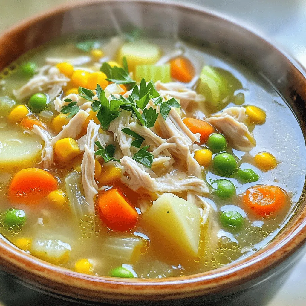 To make Crockpot Chicken Soup Supreme, you need a mix of simple, fresh ingredients. Each one adds flavor and nutrition to the dish. - 2 boneless, skinless chicken breasts - 4 cups chicken broth - 1 cup diced carrots - 1 cup diced celery - 1 cup diced potatoes - 1 can (15 oz) corn, drained - 1 cup frozen peas - 1 teaspoon dried thyme - 1 teaspoon dried oregano - 2 cloves garlic, minced - 1 onion, chopped - 1/2 teaspoon black pepper - 1/2 teaspoon salt (adjust to taste) - 2 tablespoons olive oil - 1 tablespoon lemon juice - Fresh parsley, chopped (for garnish) The chicken breasts give the soup its protein. The broth adds a rich base. Carrots, celery, and potatoes provide texture and taste. Canned corn and frozen peas make the soup colorful and sweet. There are no hard-to-find ingredients in this recipe. You can find everything at your local grocery store. The dried thyme and oregano add an herbaceous touch, making the soup comforting and aromatic. For a finishing touch, you can sprinkle fresh parsley on top. It brightens the dish and adds a pop of color. You can also adjust the salt and pepper to match your taste. If you like heat, feel free to add some red pepper flakes or hot sauce while cooking. To start, I sauté the aromatics. Heat 2 tablespoons of olive oil in a skillet over medium heat. Add 1 chopped onion and 2 minced garlic cloves. Cook until the onion turns soft and clear, about 3 to 4 minutes. This step builds a great base for the soup. Next, season the chicken. Take 2 boneless, skinless chicken breasts and sprinkle them with 1/2 teaspoon of salt, 1/2 teaspoon of black pepper, 1 teaspoon of dried thyme, and 1 teaspoon of dried oregano. This will infuse the chicken with tasty flavors. Now, layer the ingredients in the crockpot. Place the seasoned chicken at the bottom. Then, add the sautéed onions and garlic. Next, toss in 1 cup each of diced carrots, diced celery, and diced potatoes. Follow this with a can of drained corn and 1 cup of frozen peas. Each layer adds to the flavor and texture. For cooking, you can choose low or high settings. If you use low, let it cook for 6 to 8 hours. On high, it will cook in about 3 to 4 hours. Both methods will make the chicken and veggies tender and delicious. To ensure the chicken and vegetables are tender, use a fork to check the chicken. It should shred easily. Also, the veggies should be soft but not mushy. About half an hour before you serve, remove the chicken. Use two forks to shred it into bite-sized pieces. Return the shredded chicken to the soup. This makes it easier to eat. Add 1 tablespoon of lemon juice to brighten the flavors. Taste and adjust seasonings if needed. You might want to add more salt or pepper. Finally, garnish with fresh chopped parsley for a nice touch. For the best flavor, I suggest balancing your herbs. Use thyme and oregano in equal parts. These herbs enhance the taste of the chicken and veggies. Cooking time matters a lot. For tender chicken and veggies, cook on low for 6 to 8 hours. If you are short on time, the high setting works well in 3 to 4 hours. One common mistake is overcooking. If you cook too long, the chicken may dry out. Always check the chicken's texture before serving. Another mistake is under-seasoning. Taste your soup before serving. Add more salt or pepper if needed. Layering ingredients is key. Start with the chicken, then add the sautéed onions and garlic. Next, add the carrots, celery, potatoes, corn, and peas. Proper layering helps cook everything evenly. {{image_2}} If you want to make this soup gluten-free, choose a gluten-free chicken broth. Most brands offer options that work well. You can also check the labels on your spices to be safe. For vegetarian or vegan versions, swap the chicken with chickpeas or lentils. Use vegetable broth instead of chicken broth. This change keeps the soup hearty and flavorful. If you have food allergies, you can easily swap ingredients. For instance, if you're allergic to corn, try adding diced zucchini or yellow squash. Both add great texture. Seasonal vegetables are a fun way to change the soup. In summer, use fresh tomatoes and green beans. In fall, add butternut squash or pumpkin for a cozy touch. The options are endless! You can keep your Crockpot Chicken Soup Supreme in the fridge for up to four days. Make sure to use an airtight container. This helps keep the soup fresh and tasty. Always let the soup cool before you cover it. If you leave it out too long, bacteria can grow. For freezing, let the soup cool completely. Then, pour it into freezer-safe bags or containers. Remove as much air as you can. This helps prevent freezer burn. You can freeze it for up to three months. When you’re ready to eat it, thaw the soup in the fridge overnight. To reheat, warm it on the stove over low heat or in the microwave. Stir often to ensure even heating. If the soup seems thick, add a bit of broth or water to thin it out. Store any leftovers properly to keep your meal fresh and delicious. You can enjoy this soup with many sides. Here are some great options: - Crusty bread: Perfect for dipping. - Grilled cheese: A classic comfort combo. - Salad: Fresh greens add crunch and color. - Rice or quinoa: They soak up the soup nicely. - Biscuits: Fluffy biscuits pair well with soup. These sides enhance your meal and make it feel complete. Yes, you can use frozen chicken! Just follow these tips: - No need to thaw: Place frozen chicken directly in the crockpot. - Adjust cooking time: Cook on high for about 4-5 hours. - Check for doneness: Ensure the chicken reaches 165°F before shredding. Using frozen chicken makes meal prep easy and quick. If you like heat, here are some ways to spice it up: - Add red pepper flakes: Start with a pinch and adjust to taste. - Include chopped jalapeños: Fresh or pickled add a nice kick. - Use hot sauce: A few dashes can bring warmth. - Mix in cayenne pepper: Use a little for a bold flavor. These additions will give your soup a fun twist! This post shared how to make a great crockpot chicken soup. We talked about the key ingredients, special tips, and common mistakes. You learned how to prepare and store soup, along with helpful variations. Keep these tips in mind to create a delicious dish. Remember, the right seasoning and cooking time matter most for the best flavor. Enjoy your cooking, and never hesitate to try new ingredients! Your soup journey begins now, so have fun and be creative!