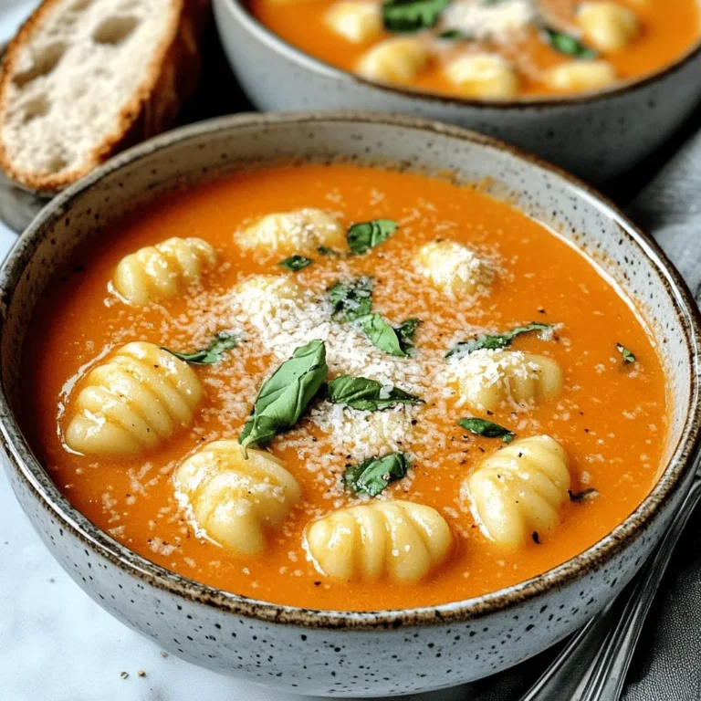 - 1 tablespoon olive oil - 1 medium onion, diced - 3 cloves garlic, minced - 1 can (28 oz) crushed tomatoes - 4 cups vegetable broth - 1 teaspoon dried basil - 1 teaspoon sugar - Salt and pepper to taste - 1 package (16 oz) gnocchi (store-bought or homemade) - 1 cup heavy cream (or coconut milk for a dairy-free version) - 1 cup fresh basil leaves, chopped - Grated Parmesan cheese for serving (optional) This creamy tomato basil gnocchi soup needs simple ingredients. You can find most in your pantry. Olive oil adds flavor and helps cook the onion. The onion gives the soup a sweet base. Garlic brings a nice aroma and taste. Crushed tomatoes provide a rich, tangy flavor. They are the heart of the soup. Vegetable broth adds depth and warmth. Dried basil enhances the tomato flavor. Sugar balances the acidity of the tomatoes. Salt and pepper are key to bringing out the flavors. Gnocchi adds a chewy texture that makes the soup filling. Heavy cream or coconut milk makes it creamy and rich. Fresh basil leaves add brightness and freshness. Grated Parmesan cheese is a tasty optional topping. Gather these ingredients, and you are ready to make a warm bowl of goodness! Start by heating the olive oil in a large pot over medium heat. Add the diced onion and sauté it until soft, about 5 minutes. This makes the base of your soup sweet and flavorful. Then, stir in the minced garlic. Cook it for 1-2 minutes until you smell its strong aroma. Be careful not to let it brown. Next, pour in the can of crushed tomatoes and the vegetable broth. These ingredients give your soup body and depth. Add the dried basil and sugar to balance the acidity of the tomatoes. Bring this mix to a simmer. Season with salt and pepper to your taste. Let the soup simmer for about 15 minutes. This helps all the flavors blend well. Now it's time to add the gnocchi. Stir them into the pot and cook for about 3-4 minutes, or follow the package instructions. You want them tender and floating on the surface. This means they are ready to enjoy. Once the gnocchi are cooked, reduce the heat to low. Stir in the heavy cream or coconut milk. This step makes your soup creamy and rich. Then add the chopped fresh basil for a burst of flavor. Heat everything through for 2-3 minutes without boiling. This helps keep the cream smooth. Finally, taste the soup again and adjust the seasoning if needed. Serve hot and enjoy your delicious creation! To keep your cream from curdling, add it slowly. Warm the cream first before adding it to the pot. This helps the cream blend in well. Stir gently to mix it without boiling. Sauté onions and garlic to build great flavor. Cook the onions until they turn clear, about five minutes. Add the garlic for just a minute or two. This way, both ingredients release their full taste. Pair your soup with crusty bread. It adds a nice crunch and soaks up the soup well. A fresh salad with light dressing also complements the flavors. For a beautiful presentation, use deep bowls. Sprinkle grated Parmesan cheese on top. Add a few whole basil leaves for a pop of color. It makes your dish look fancy and inviting. If your soup is too thick, add more vegetable broth. Stir it in slowly until you reach the right texture. For a soup that is too thin, let it simmer longer. This helps it thicken naturally. To balance flavors, taste your soup before serving. If it’s too sweet, add a pinch of salt. If it’s too salty, add a little sugar. Adjusting flavors can make a big difference. {{image_2}} You can easily make this soup dairy-free. Use coconut milk instead of heavy cream. It adds a nice, rich flavor. You can also try other plant-based creams if you prefer. For toppings, skip the Parmesan cheese. Instead, use nutritional yeast for a cheesy flavor without the dairy. Want to make your soup heartier? Add cooked chicken or white beans. Chicken gives great flavor. If you use chicken, cook it first, then add it to the soup. White beans are easy to add. Just stir them in after the gnocchi. Adjust the cooking time, so everything heats through. Adding veggies boosts nutrition and flavor. Spinach or kale works well in this soup. Toss in a handful a few minutes before serving. You can also add seasonal vegetables like zucchini or bell peppers. Just chop them small and add them with the tomatoes. This keeps your soup fresh and vibrant. To keep your creamy tomato basil gnocchi soup fresh, store it in an airtight container. Place the soup in the fridge within two hours of cooking. The soup will stay fresh for about 3 to 4 days. If you want to keep it longer, freezing is a great option. For freezing, let the soup cool first. Then, pour it into freezer-safe bags or containers. Remove as much air as possible before sealing. You can freeze it for up to 3 months. When you’re ready to enjoy it again, just thaw it overnight in the fridge. When it’s time to reheat your soup, do it gently on the stove. Heat it over low to medium heat. This method helps keep the flavors strong. Stir often to make sure it warms evenly. If you're heating from frozen, allow the soup to thaw first. You can also use a microwave if you’re in a hurry. Just be sure to stir it every minute. To reheat the gnocchi in the soup, add a splash of water or broth. This keeps the gnocchi from becoming mushy. Enjoy your soup as if it were freshly made! You can store this soup in the fridge for about three days. Keep it in an airtight container. If you want to store it longer, freeze it instead. It can last up to three months in the freezer. Yes! This soup is already vegetarian. Just use vegetable broth, which adds great flavor. You can also skip the Parmesan cheese for a fully veggie meal. If you can't find gnocchi, you can use small pasta shapes like orzo or ditalini. These will cook in the soup just like gnocchi. You can even use rice for a different texture. Absolutely! This soup tastes even better the next day. Just make it, let it cool, and store it in the fridge. Reheat it gently on the stove before serving. Yes, canned tomatoes work great in this soup. In fact, using canned crushed tomatoes saves time. They also bring a rich flavor to your soup, making it just as tasty. This blog post covered how to make creamy tomato basil gnocchi soup. We looked at essential ingredients, step-by-step instructions, and helpful tips. You can make it delicious with easy variations and smart storage practices. Remember, adjusting flavors is key to great taste. Experiment with different veggies or proteins for fun twists. Enjoy making this cozy soup anytime, and feel free to share your creations!