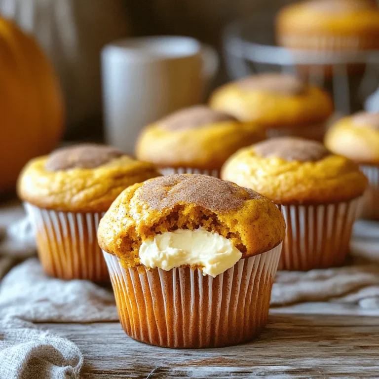 - 1 cup all-purpose flour - 1 teaspoon baking powder - 1 teaspoon baking soda - ½ teaspoon salt - 1 teaspoon ground cinnamon - ½ teaspoon ground nutmeg - ½ teaspoon ground ginger To start, gather your dry ingredients. I love using all-purpose flour for a soft texture. The baking powder and baking soda help the muffins rise. The salt enhances all the flavors. The spices add warmth and depth, making them perfect for fall. - ½ cup granulated sugar - ½ cup brown sugar, packed - ½ cup vegetable oil - 2 large eggs - 1 cup pure pumpkin puree - 1 teaspoon vanilla extract Next, let's prepare the wet ingredients. I mix granulated and brown sugar for a rich sweetness. The vegetable oil keeps the muffins moist. Adding eggs and pumpkin puree gives them a hearty texture. Finally, vanilla extract ties all these flavors together. - 8 ounces cream cheese, softened - ¼ cup powdered sugar - 1 teaspoon vanilla extract For the cream cheese filling, I use softened cream cheese for a smooth texture. The powdered sugar adds sweetness, making it a delightful surprise inside the muffins. A touch of vanilla extract enhances the taste, creating a creamy, dreamy filling. First, preheat your oven to 350°F (175°C). This helps the muffins cook evenly. Next, line your muffin tin with paper liners. You can also grease the cups lightly if you prefer. Start by mixing the dry ingredients. In a large bowl, whisk together the flour, baking powder, baking soda, salt, cinnamon, nutmeg, and ginger. Make sure everything is well combined. In another bowl, combine the wet ingredients. Mix the granulated sugar, brown sugar, vegetable oil, eggs, pumpkin puree, and vanilla extract. Blend until the mixture is smooth. Now, it’s time to combine both mixtures. Gradually add the wet mixture to the dry ingredients. Use a spatula to fold everything together. Be careful not to overmix; it’s okay if a few lumps remain. Next, let’s prepare the cream cheese filling. In a small bowl, beat together the softened cream cheese, powdered sugar, and vanilla extract until creamy and smooth. Now, fill the muffin tin. Spoon about 2 tablespoons of the muffin batter into each cup. Add about 1 teaspoon of the cream cheese filling in the center of each muffin. Top with more batter until the cups are three-quarters full. Place the muffin tin in the oven. Bake for 20-25 minutes. To check if they are done, insert a toothpick into a muffin, avoiding the cream cheese center. If it comes out clean, you’re ready to cool them. After baking, let the muffins cool in the pan for about 5 minutes. Then, transfer them to a wire rack. Allow them to cool completely before serving. Enjoy your warm, tasty muffins! To make great muffins, avoid overmixing. When you blend the wet and dry ingredients, mix just enough. A few lumps are fine. If you stir too much, the muffins will be tough. For filling the muffins, follow a simple method. Spoon two tablespoons of batter into each cup. Then, add one teaspoon of cream cheese filling. Top it with more batter until it’s three-quarters full. This way, you get the perfect cream cheese center. You can boost the flavor of your muffins with extra spices. Try adding allspice or cloves for warmth. You can also mix in chocolate chips or nuts for a fun twist. Dried cranberries or apples can add a sweet touch, too. Serve your muffins warm for the best taste. A sprinkle of cinnamon adds a nice touch. You can also drizzle honey or maple syrup on top. This makes your muffins look and taste even better. Enjoy them with a hot drink for a cozy fall treat. {{image_2}} You can change up the flavors in your pumpkin cream cheese muffins. Adding chocolate chips gives a sweet twist. Try semi-sweet or dark chocolate for a rich taste. You can also add nuts, like walnuts or pecans. They add crunch and a nice texture. Dried fruits, such as cranberries or raisins, add a hint of sweetness. Feel free to mix and match these additions to find your favorite combo! If you need gluten-free options, use almond flour or a gluten-free all-purpose blend. These options work well and keep the muffins soft. For dairy-free muffins, swap out the cream cheese for a dairy-free cream cheese. You can also use coconut oil instead of vegetable oil. These swaps make the muffins lighter while keeping them tasty. Fall is the perfect time to add more flavors. Try mixing in chopped apples or pears for a fruity twist. You can also add a sprinkle of nutmeg or cloves for extra warmth. If you love spice, mix in some chai tea blend for a cozy flavor. These seasonal additions will make your muffins even more delightful! To keep your pumpkin cream cheese muffins fresh, store them in an airtight container. Place them at room temperature. This method will keep them soft and tasty for a few days. Just make sure they cool completely before you store them. If you want to enjoy these muffins later, freezing is a great option. Wrap each muffin tightly in plastic wrap. Then, place them in a freezer-safe bag or container. They can last up to three months in the freezer. To reheat, simply take one out and let it sit at room temperature. You can also warm it in the microwave for about 15-20 seconds. These muffins stay fresh for about 3 to 5 days when stored correctly. If you notice any mold or off smells, it’s best to toss them. Keeping track of their freshness will help you enjoy them at their best! Yes, you can use fresh pumpkin! Fresh pumpkin gives your muffins a bright flavor. To prepare fresh pumpkin, cut it in half, remove the seeds, and roast it until soft. This takes about 30 to 45 minutes. After it cools, scoop out the flesh and mash it until smooth. You can then measure out one cup for your recipe. Fresh pumpkin adds a nice texture and taste. You can easily make these muffins healthier! Consider using applesauce instead of oil. This swap will cut the fat. You can also use honey or maple syrup instead of sugar. This change adds natural sweetness. If you want to lower the calories, try using whole wheat flour. It adds fiber and nutrients while keeping the taste delicious. Pair your muffins with warm drinks! Coffee or chai tea match well with pumpkin flavor. For a lighter option, try herbal tea. You can also serve these muffins with fruit. Slices of apple or pears make a great side. Add a dollop of yogurt for creaminess. This adds a nice contrast to the muffins! This blog post covered all you need for perfect pumpkin cream cheese muffins. We discussed the key ingredients divided into dry, wet, and filling categories. I shared step-by-step instructions, tips for great texture, flavor boosts, and fun variations. Lastly, we touched on storing your muffins for freshness. With these insights, you can wow your family and friends with delicious treats. Enjoy baking and make it your own!