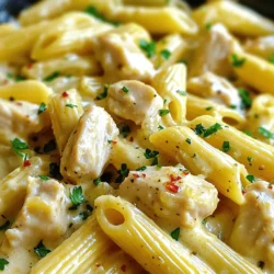 - 2 boneless, skinless chicken breasts, diced - 8 oz penne pasta - 1 cup heavy cream - Red pepper flakes - Fresh parsley - 1 teaspoon Italian seasoning - Salt and pepper to taste The main ingredients form the base of this dish. First, you need chicken breasts, which provide great protein and flavor. Next is penne pasta, a classic choice that holds the sauce well. Finally, the heavy cream gives the dish its creamy texture. You can enhance the flavor with optional ingredients. Red pepper flakes add a nice kick if you like spice. Fresh parsley not only adds color but also a fresh taste. Seasonings round out the dish. Italian seasoning brings herbs together, while salt and pepper help balance the flavors. This simple list of ingredients makes it easy to whip up a delicious meal that impresses family and friends. First, you need to cook the penne pasta. Follow the package instructions. Make sure to cook it until it is al dente. This means it should have a slight bite when you chew it. Once done, drain the pasta in a colander. Set it aside while you prepare the chicken. Next, let’s cook the chicken. Take two boneless, skinless chicken breasts and dice them into small pieces. Heat a large skillet over medium heat. Add two tablespoons of unsalted butter. Once the butter melts, add the diced chicken. Season it well with salt and pepper. Cook the chicken for about 5 to 7 minutes. It should turn golden brown and be fully cooked. Afterward, remove the chicken from the skillet and set it aside. This helps to keep it juicy. Now, it’s time to make the sauce. In the same skillet, add the remaining two tablespoons of butter. Then, add four minced garlic cloves. Sauté the garlic for 1 to 2 minutes. You want it to smell nice but not burn. Next, pour in 1 cup of heavy cream. Bring it to a gentle simmer. Stir in 1 teaspoon of Italian seasoning. Let the sauce cook for about 3 to 4 minutes. This thickens it up and adds flavor. Gradually whisk in 1 cup of grated Parmesan cheese. Keep stirring until it melts and the sauce is smooth. Return the cooked chicken to the skillet. Then, add the penne pasta. Toss everything together well, so the pasta is coated in the creamy sauce. If you want, you can adjust the seasoning with extra salt, pepper, or red pepper flakes. Cook it for another 2 to 3 minutes until it’s all hot. Now, your Garlic Parmesan Chicken Pasta is ready to serve! To keep the chicken tender and juicy, cook it over medium heat. This helps seal in moisture. Cut the chicken into small bites for even cooking. Always season with salt and pepper before cooking. For a creamy sauce, make sure to use heavy cream. Heat it slowly to avoid curdling. Stir in the Parmesan cheese gradually. This keeps it smooth and creamy. If the sauce gets too thick, add a splash of pasta water to loosen it. Garnish your dish with fresh parsley for a pop of color. You can also sprinkle some extra Parmesan on top. For a bit of heat, add red pepper flakes. Pair this pasta with a crisp green salad. Garlic bread also works great on the side. If you enjoy wine, a chilled white wine complements the flavors well. Avoid overcooking the pasta. Cook it until it's al dente, so it stays firm. Drain it right away to stop the cooking. Make sure to balance the seasoning. Taste the sauce before serving. Adjust with more salt, pepper, or spices as needed. A well-seasoned dish makes all the difference in flavor. {{image_2}} You can switch up the protein in this dish easily. Shrimp works great with garlic and cream. Just sauté the shrimp until pink. Tofu is another option. It soaks up flavors well. Press the tofu to remove excess water, then cube and cook it. You can also add vegetables like broccoli or bell peppers for a tasty vegetarian option. They add color and crunch. Just toss them in with the chicken or tofu for a hearty meal. If you want to change the taste, try different cheeses. Cheddar or mozzarella can bring a new twist. Mixing in cream cheese will make the sauce extra rich. You can also spice things up! Add red pepper flakes for some heat. Or try smoked paprika for a smoky flavor. Experiment with herbs like basil or thyme for more depth. While penne is great, you can use other pasta shapes. Fusilli or farfalle are fun choices. They hold sauce well and look nice on the plate. If you need a gluten-free option, use gluten-free pasta. Look for brands made from rice or quinoa. They cook similarly and taste good too. Just keep an eye on the cooking time, as it may differ. To store your Garlic Parmesan Chicken Pasta, let it cool first. Place it in an airtight container. This pasta stays fresh for about 3-4 days in the fridge. Make sure to check for any changes in smell or texture before eating. You can freeze this dish for future meals. Use a freezer-safe container and leave some space for expansion. It freezes well for up to 2 months. When ready to eat, thaw it overnight in the fridge. Reheat it gently on the stove or in the microwave. Add a splash of cream to keep it creamy. Leftover pasta can be fun! You can turn it into a pasta bake. Just add some extra cheese and bake until bubbly. Another idea is to mix it into a salad with fresh veggies. You can also use it in a wrap with some greens. This way, you can enjoy your meal in a new way! To make Garlic Parmesan Chicken Pasta easier, focus on meal prep. Here are a few tips: - Prep chicken ahead: Dice your chicken breasts the night before. Store them in a sealed bag. - Cook pasta in bulk: Make extra penne pasta and store it in the fridge. It lasts well for about five days. - Use pre-minced garlic: This saves time. You can find it in jars at the store. - Make sauce in advance: Prepare the creamy sauce a day before. Just reheat it when ready to use. These steps help you save time and make cooking more fun. Yes, you can use different types of cheese in this recipe. Here are some tasty options: - Mozzarella: Offers a milder taste and great stretch. - Fontina: Adds a rich flavor and melts well. - Asiago: Gives a sharper taste that pairs well with garlic. Feel free to mix and match cheeses. This lets you create your own flavor profile. Pairing side dishes with Garlic Parmesan Chicken Pasta can elevate your meal. Here are a few great options: - Garlic bread: Perfect for soaking up the creamy sauce. - Steamed broccoli: Adds color and nutrition. - Caesar salad: A crisp salad complements the rich pasta. - Roasted vegetables: Carrots and zucchini add a nice touch. These sides bring balance to the meal and make it more satisfying. In this blog post, we covered all you need for a delicious Garlic Parmesan Chicken Pasta. I shared the key ingredients and detailed steps for cooking, making a creamy sauce, and serving. We also explored tips to enhance flavor and avoid common mistakes. Remember, you can easily swap proteins or pasta shapes to fit your taste. Always store leftovers properly to enjoy later. With these insights, you're ready to impress at your next meal. Enjoy your cooking adventure!
