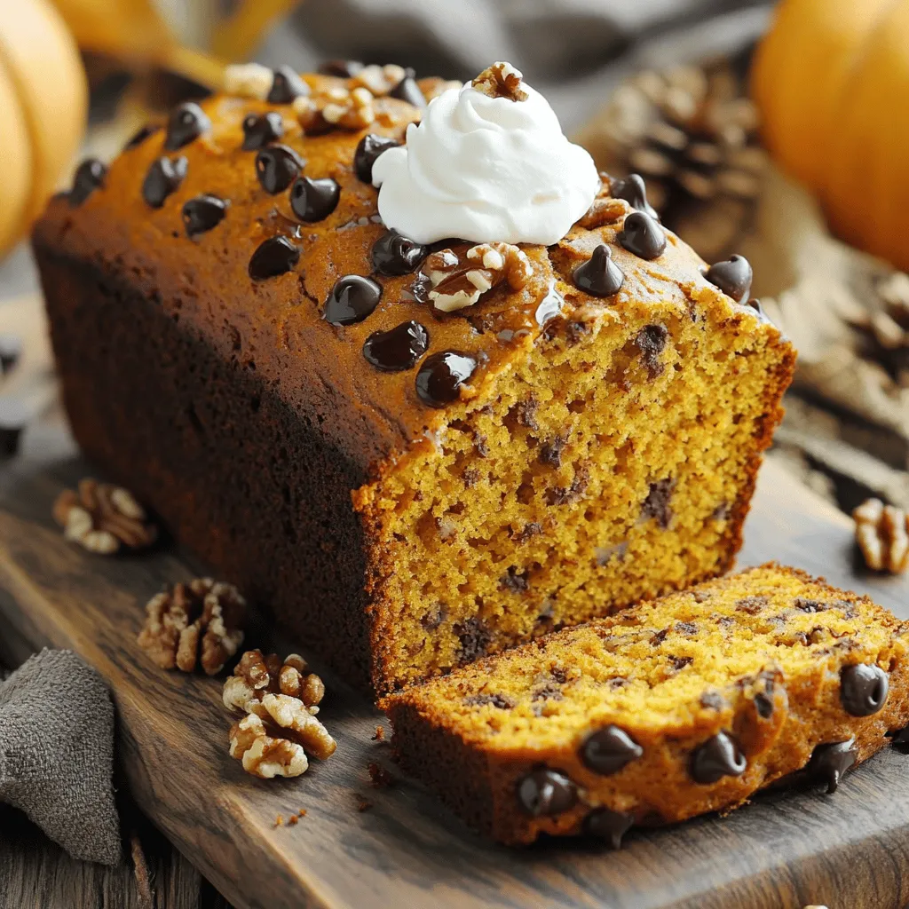 - 1 cup pumpkin puree - 1/2 cup granulated sugar - 1/2 cup brown sugar, packed - 1/2 cup vegetable oil - 2 large eggs - 1 teaspoon vanilla extract - 2 cups all-purpose flour - 1 teaspoon baking powder - 1/2 teaspoon baking soda - 1/2 teaspoon salt - 1 teaspoon ground cinnamon - 1/2 teaspoon ground nutmeg - 1/4 teaspoon ground ginger - 1/4 teaspoon ground cloves - 1/2 cup chopped walnuts or pecans (optional) - 1/2 cup chocolate chips (optional) To make pumpkin pie bread, you need simple ingredients. Start with good pumpkin puree. It gives flavor and moisture to the bread. Then, use both granulated and brown sugars. This mix makes the bread sweet and rich. Next, grab vegetable oil for a soft texture. The oil keeps the bread moist. Don’t forget the eggs; they help bind everything together. Vanilla extract adds a lovely aroma and taste. For the dry mix, you’ll need all-purpose flour. This flour gives the bread structure. Baking powder and baking soda are key for rising. Salt enhances all the flavors, while spices like cinnamon, nutmeg, ginger, and cloves bring warmth and depth. You can add nuts like walnuts or pecans for crunch. Chocolate chips also work well for a sweet touch. Both options add fun to your bread. With these ingredients, you will create a delightful pumpkin pie bread. Each bite will be tasty and satisfying. First, set your oven to 350°F (175°C). This is the best heat for baking. Next, take a 9x5 inch loaf pan. You can grease it well or line it with parchment paper. This makes it easier to remove the bread later. Grab a large mixing bowl. In it, combine 1 cup of pumpkin puree, 1/2 cup of granulated sugar, and 1/2 cup of brown sugar. Add 1/2 cup of vegetable oil, 2 large eggs, and 1 teaspoon of vanilla extract. Use a whisk to mix until everything is smooth. Take another bowl and sift together the dry ingredients. You need 2 cups of all-purpose flour, 1 teaspoon of baking powder, 1/2 teaspoon of baking soda, and 1/2 teaspoon of salt. Then add 1 teaspoon of ground cinnamon, 1/2 teaspoon of ground nutmeg, 1/4 teaspoon of ground ginger, and 1/4 teaspoon of ground cloves. This mix gives your bread great flavor. Now, slowly add the dry mix into the wet mix. Use a spatula to stir. Do this gently until just combined. Be careful not to overmix; this keeps your bread soft and tender. Fold in 1/2 cup of chopped walnuts or pecans and 1/2 cup of chocolate chips if you want. Then pour the batter into your prepared pan. Smooth the top with a spatula. Bake for 55 to 65 minutes. Check doneness by inserting a toothpick in the center. It should come out clean. Once baked, let the bread cool in the pan for about 10 minutes. After that, transfer it to a wire rack. Let it cool completely before you slice. This cooling step is key for the best texture. To get the right texture, use pure pumpkin puree. Avoid pumpkin pie filling, as it has extra spices and sugar. Mix the wet ingredients well until smooth. This helps everything blend nicely. When adding dry ingredients, stir gently. Overmixing can make your bread tough. Keep a light hand for a soft, tender loaf. Check your bread at 55 minutes. Insert a toothpick into the middle. If it comes out clean, your bread is ready. If it has batter on it, bake for another 5-10 minutes. Make sure to let it cool in the pan for 10 minutes. This helps it set and makes it easier to remove. Use a 9x5 inch loaf pan for best results. A non-stick pan or parchment paper makes removal easy. Have measuring cups and spoons handy. A whisk will help mix wet ingredients well. Use a spatula to fold in nuts or chips gently. Slice the bread evenly for nice servings. Arrange the slices on a wooden board for a rustic look. Add a dollop of whipped cream on the side. A drizzle of maple syrup adds a sweet touch. This makes your bread look more appealing. Want to boost flavors? Add chocolate chips or nuts for crunch. You can also mix in dried fruit like raisins. For a spice kick, try adding a bit more cinnamon or nutmeg. This makes every bite exciting and full of flavor. {{image_2}} To make gluten-free pumpkin pie bread, swap out all-purpose flour for a gluten-free blend. Look for a blend that contains xanthan gum. This helps give the bread a nice texture. Use the same amount of gluten-free flour as regular flour. To make this bread dairy-free, replace the vegetable oil with melted coconut oil. You can also use almond or soy milk instead of eggs. This keeps the bread moist and tasty while being dairy-free. Add fun ingredients to make your bread unique. Try mixing in dried cranberries, raisins, or even apple chunks. You can also sprinkle in some pumpkin seeds for a crunchy texture. These add-ins bring out seasonal flavors and make each bite special. For mini loaves or muffins, adjust your baking time. Fill mini loaf pans or muffin tins with batter. Bake mini loaves for 25-30 minutes and muffins for 18-20 minutes. These are perfect for sharing or gift-giving. To create a swirl or marble effect, divide the batter in half. Mix in some cocoa powder or nut butter in one half. Layer the two batters in your loaf pan. Use a knife to swirl them together gently. This adds a fun twist to the classic recipe! Store leftover pumpkin pie bread in an airtight container. This keeps it fresh and moist. It can last about 3 to 5 days at room temperature. For longer storage, place it in the fridge. This can extend its shelf life for up to a week. If you want to keep it even longer, freezing is your best option. To freeze your pumpkin pie bread, first let it cool completely. Once cooled, wrap it tightly in plastic wrap. Then, place it in a freezer-safe bag or container. This helps prevent freezer burn. It can last up to 3 months in the freezer. When you're ready to enjoy it, just thaw it in the fridge overnight. To reheat your pumpkin pie bread, slice it first. Place the slices in the microwave for about 15 to 20 seconds. You can also use an oven. Preheat it to 350°F (175°C) and bake the slices for about 10 minutes. This method helps keep the bread moist and warm. Enjoy it with a bit of butter or whipped cream for a tasty treat! Pumpkin pie bread lasts about 3 to 5 days at room temperature. Store it in an airtight container to keep it fresh. If you want it to last longer, place it in the fridge for up to a week. For best flavor, let it come to room temperature before serving. Yes, you can use fresh pumpkin! Just cook and puree it until smooth. Make sure to drain any excess water to avoid a soggy bread. Fresh pumpkin gives a bright flavor and adds a lovely texture. You can use several options to replace eggs. Here are some ideas: - 1/4 cup unsweetened applesauce - 1/4 cup mashed banana - 1 tablespoon ground flaxseed mixed with 3 tablespoons water (let it sit for 5 minutes) These substitutes work well and keep the bread moist. Yes, you can make this bread vegan. Replace the eggs with one of the substitutes listed above. Use a plant-based oil and ensure your sugars are vegan. This way, you keep the flavor and texture without using animal products. To check if the bread is done, insert a toothpick into the center. If it comes out clean, the bread is ready. If it has batter on it, bake for a few more minutes. The edges should be golden, and the top should spring back when gently pressed. To make pumpkin pie bread, gather these fresh ingredients: - 1 cup pumpkin puree - 1/2 cup granulated sugar - 1/2 cup brown sugar, packed - 1/2 cup vegetable oil - 2 large eggs - 1 teaspoon vanilla extract - 2 cups all-purpose flour - 1 teaspoon baking powder - 1/2 teaspoon baking soda - 1/2 teaspoon salt - 1 teaspoon ground cinnamon - 1/2 teaspoon ground nutmeg - 1/4 teaspoon ground ginger - 1/4 teaspoon ground cloves - 1/2 cup chopped walnuts or pecans (optional) - 1/2 cup chocolate chips (optional) Now, let’s dive into the steps: 1. Start by preheating your oven to 350°F (175°C). Grease a 9x5 inch loaf pan well. You can line it with parchment paper too. This makes it easier to remove the bread later. 2. In a large bowl, mix the pumpkin puree, granulated sugar, brown sugar, vegetable oil, eggs, and vanilla extract. Use a whisk to blend everything until it looks smooth. 3. In another bowl, sift together the all-purpose flour, baking powder, baking soda, salt, ground cinnamon, ground nutmeg, ground ginger, and ground cloves. This step adds air and helps the bread rise. 4. Slowly add the dry mix to the wet mix. Stir gently with a spatula. Do not overmix; you want the bread to stay soft and tender. 5. If you like nuts or chocolate, fold in the chopped walnuts or pecans and chocolate chips now. 6. Pour the batter into your prepared loaf pan. Use a spatula to smooth the top. 7. Bake your bread for about 55 to 65 minutes. Check with a toothpick. If it comes out clean, your bread is ready. 8. Let the bread cool in the pan for about 10 minutes. Then, move it to a wire rack to cool completely. This recipe makes about 8 slices. Enjoy your pumpkin pie bread with a dollop of whipped cream or a drizzle of maple syrup to make it even more special! This article covered the ingredients, steps, tips, and variations for making pumpkin pie bread. You learned about the essential ingredients and how to mix them for the best flavor. I shared tips for perfect texture and storage methods to keep your bread fresh. Lastly, the FAQ section answered common concerns. Pumpkin pie bread is fun to make and enjoy. You can customize it with different flavors. With practice, you’ll master this delicious recipe. Happy baking!