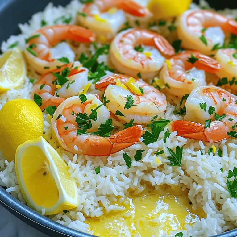 - 1 pound shrimp, peeled and deveined - 1 cup jasmine rice - 2 ½ cups vegetable broth - 4 tablespoons unsalted butter - 4 cloves garlic, minced - 1 lemon, zested and juiced - 1 teaspoon smoked paprika - ½ teaspoon dried thyme - Salt and pepper to taste - Fresh parsley, chopped - Lemon wedges The key to this dish starts with fresh shrimp. I love using shrimp because they cook quickly and add great flavor. Jasmine rice is my choice for its lovely aroma and fluffy texture. I use vegetable broth for a rich base. The unsalted butter adds depth and creaminess. Next come the flavor enhancers. Garlic brings a warm, savory note to the dish. The zest and juice of lemon add brightness and balance. Smoked paprika gives a hint of smokiness, while thyme adds an earthy flavor. Don't forget salt and pepper to tie it all together. For garnish, fresh parsley adds a pop of color and freshness. Lemon wedges are great for an extra squeeze of juice. Together, these ingredients create a delightful one-pan meal that’s both simple and satisfying. - Melt 2 tablespoons of butter in a large skillet over medium heat. - Sauté 4 cloves of minced garlic for 1 minute until you smell its rich aroma. - Add 1 cup of jasmine rice to the pan. Stir it well for 1 minute. This helps the rice soak up the garlic flavor. - Pour in 2 ½ cups of vegetable broth. - Add the juice and zest of 1 lemon, 1 teaspoon of smoked paprika, and ½ teaspoon of dried thyme. - Stir everything together and bring it to a gentle boil. - Once it boils, reduce the heat to low. Cover the skillet and let it simmer for 15-18 minutes. You want the rice to absorb all the liquid. - While the rice cooks, take your 1 pound of shrimp. Season them with salt and pepper. - In a separate pan, melt the remaining 2 tablespoons of butter over medium heat. - Add the shrimp and cook for 2-3 minutes on each side. They should turn pink and opaque when done. - Once the rice is cooked, fluff it with a fork. - Gently mix in the cooked shrimp until everything is well combined. - Taste the dish and adjust the seasoning if needed. To make great shrimp, avoid overcooking it. Cook shrimp just until they turn pink and opaque. This usually takes about 2-3 minutes per side. Overcooked shrimp can become tough and rubbery. For seasoning, sprinkle salt and pepper directly on the shrimp. You can also add garlic powder or a pinch of smoked paprika for extra flavor. This will enhance the dish and pair well with the lemon butter sauce. To boost the flavor, consider adding spices like cayenne pepper or even a dash of cumin. These can add a nice kick to the dish, making it more exciting. Fresh herbs can also elevate the meal. Try adding fresh basil or dill along with the parsley. You can mix them in just before serving to keep their bright flavor. To prevent rice from sticking, rinse it under cold water before cooking. This removes excess starch. Use the right rice-to-liquid ratio: for jasmine rice, it’s typically 1 cup rice to 2.5 cups broth. Make sure to let the rice simmer on low heat. Cover the pan tightly to trap steam. This ensures the rice cooks evenly and absorbs all the flavors. {{image_2}} You can switch the shrimp for other seafood. Scallops work well and taste great. They cook quickly, so watch them closely. Chicken is another option. Use bite-sized pieces and cook until they are golden brown. These changes keep the dish fresh and exciting. For a vegetarian twist, try plant-based proteins. Tofu or tempeh can soak up the lemon and garlic flavors. You can also use chickpeas for a hearty touch. These swaps make the dish tasty for everyone. Want to spice things up? Add chili flakes for heat. Start with a pinch and add more if you like it spicy. You can also switch broth types. Use chicken broth for a richer taste or seafood broth for a deeper flavor. These options can change your dish’s profile. Think about what to serve on the side. A fresh salad adds crunch and brightness. Roasted veggies can bring more color to your plate. You might also serve some crusty bread. It’s great for soaking up the lemon garlic butter goodness. To make it a complete meal, add a protein or vegetable. Pair it with grilled asparagus or steamed broccoli for balance. These sides enhance the meal and keep it healthy. To store leftovers, let the dish cool first. Place it in an airtight container. This keeps your shrimp rice fresh. Use a container that fits well in your fridge. I recommend glass containers for easy reheating. You can store it for up to three days. To reheat, use a skillet over low heat. Add a splash of broth or water. This keeps the shrimp moist. Stir often to heat evenly. For rice, you may also use a microwave. Cover it with a damp paper towel. This helps keep the rice from drying out. Reheat for one to two minutes. You can freeze this dish for longer storage. Use a freezer-safe container. Make sure to leave some space for expansion. It’s best to freeze it without the garnish. For thawing, place it in the fridge overnight. You can also use the microwave on defrost mode. After thawing, reheat the dish as mentioned above. Yes, you can prepare some steps ahead of time. Cook the rice and shrimp separately, then store them in the fridge. You can mix them together when ready to serve. This saves time and keeps the shrimp fresh. Just reheat both before serving. If you cannot find jasmine rice, try basmati or long-grain white rice. Both taste good and will work well in this dish. For basmati, use the same water amount but cook for 15 minutes. For long-grain rice, use 2 cups of water and cook for about 18 minutes. Look for shrimp that turn pink and opaque. They should also curl slightly. Cook them for about 2-3 minutes on each side. If you see them starting to firm up, they are ready. Overcooking can make them tough, so keep an eye on them. This post covered the key ingredients, steps, and tips for cooking shrimp with jasmine rice. Remember to season well and avoid overcooking the shrimp. Try variations with different proteins or flavors to keep it exciting. Store leftovers properly to enjoy later. Cooking can be simple and fun! With these easy steps, you will create a delicious meal to share with others. Don’t hesitate to experiment and make it your own! Enjoy your cooking journey!