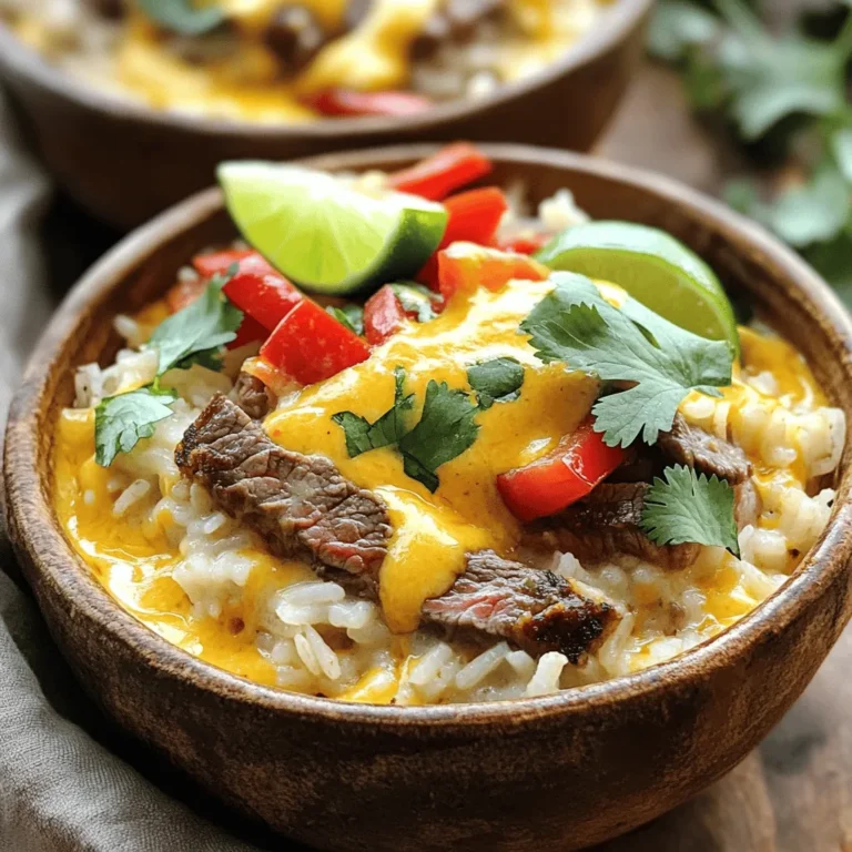 - 1 cup jasmine rice - 2 cups chicken broth - 1 cup queso cheese sauce (store-bought or homemade) - 1 lb steak (sirloin or flank), cut into thin strips - 1 tablespoon olive oil - 1 bell pepper (red or yellow), sliced - 1 small onion, sliced - 2 cloves garlic, minced - 1 teaspoon chili powder - 1 teaspoon cumin - Salt and pepper to taste - Fresh cilantro for garnish - Lime wedges for serving Jasmine rice gives a lovely aroma and texture. You can swap it with basmati rice if you like. Chicken broth adds depth, but vegetable broth works too. The queso cheese sauce is key for creaminess. You can make it at home or buy it ready-made. For steak, sirloin or flank is great, but chicken or shrimp can also work. Bell peppers add color and sweet flavor, while onion and garlic bring richness. For spice, chili powder and cumin are perfect; adjust to your taste. Fresh cilantro and lime add freshness and zesty notes at the end. When picking bell peppers, look for firm ones with shiny skin. They should feel heavy for their size. For onions, choose those that are firm with no soft spots. Fresh garlic should be plump and have dry skin. When selecting steak, look for bright red color and some marbling for tenderness. Avoid any meat that looks brown or has a strong odor. Always check the sell-by date to ensure freshness. These tips will help your creamy queso rice dish shine! Start with 1 cup of jasmine rice. Rinse it under cold water until the water runs clear. This step removes excess starch. It helps the rice not to clump together. Next, in a medium saucepan, add the rinsed rice and 2 cups of chicken broth. Bring this mixture to a boil. Once boiling, lower the heat, cover, and let it simmer for about 15 minutes. The rice should absorb all the liquid and become tender. For the steak, use 1 pound of sirloin or flank, cut into thin strips. Heat 1 tablespoon of olive oil in a large skillet over medium-high heat. Add the steak strips and season them with salt, pepper, 1 teaspoon of chili powder, and 1 teaspoon of cumin. Sauté the steak for about 5 to 7 minutes. Cook it until it reaches your desired doneness. Once done, remove the steak from the skillet and set it aside on a plate. In the same skillet, add sliced onion, bell pepper, and minced garlic. Sauté these for about 3 to 4 minutes until they soften and smell great. When the rice is ready, stir in 1 cup of queso cheese sauce. Mix until the rice is well coated. Then, add the cooked steak and sautéed vegetables to the rice. Stir gently to combine all the ingredients. Taste and adjust the seasoning as needed. Let the dish rest for a minute before serving. Enjoy your creamy and flavorful masterpiece! To get the best texture, rinse the jasmine rice well. This helps remove extra starch. Cooking the rice in chicken broth adds flavor. Keep the lid on while it cooks to trap steam. This keeps the rice fluffy and tender. For the steak, thin strips cook faster and stay juicy. Sauté them on medium-high heat for a nice sear. Spice it up! I love adding chili powder and cumin to the steak. These spices bring warmth and depth. You can also try smoked paprika for a smoky taste. A squeeze of lime before serving adds brightness. Fresh cilantro gives a burst of freshness. Adjust salt and pepper to your taste for that perfect kick. Serve the creamy queso rice in bowls for a cozy feel. Top it with fresh cilantro for color. A lime wedge on the side is a nice touch. You can also add a drizzle of extra queso on top. This makes the dish look even more inviting. A sprinkle of chili flakes can add a pop of color and heat. Enjoy your delicious creation! {{image_2}} You can add some fun to your creamy queso rice. Try adding diced tomatoes or jalapeños for a spicy kick. Swap out the jasmine rice for brown rice or even quinoa for a healthier twist. You can also mix in black beans for extra protein and fiber. These small changes can make your dish unique! If you want to switch up the protein, you have many options. Chicken strips or shrimp work great in this dish. For a tasty plant-based choice, use tofu or tempeh. Season them the same way as the steak. This way, you keep that delicious flavor while trying new ingredients. To make this dish vegetarian or vegan, omit the steak and chicken broth. Use vegetable broth instead. You can also replace queso cheese sauce with a vegan cheese option. Many brands offer creamy, plant-based sauces that taste great. These changes keep the dish rich and satisfying without meat. To keep your creamy queso rice tasty, store it in an airtight container. Let the dish cool to room temperature before sealing it up. This helps prevent moisture build-up. Place the container in the fridge. It will stay fresh for up to three days. When ready to eat, check for any off smells or changes in color. You can freeze creamy queso rice for longer storage. Place it in a freezer-safe container or bag. Make sure to squeeze out as much air as possible. It can last up to three months in the freezer. When you're ready to enjoy it again, thaw it in the fridge overnight. Reheat in a microwave or on the stove, adding a splash of chicken broth to restore creaminess. Heat until it's steaming hot. The shelf life of the main ingredients varies. Jasmine rice can last for years if kept dry. Chicken broth in a can or carton can last several months, while homemade broth is best used within a week. Queso cheese sauce usually lasts about a week in the fridge once opened. Fresh vegetables like bell peppers and onions should be used within a week for the best taste. Always check the expiration dates to ensure freshness. To make creamy queso sauce from scratch, start with simple ingredients. You need: - 1 cup shredded cheese (like cheddar or Monterey Jack) - 1 cup milk - 1 tablespoon butter - 1 tablespoon flour - 1 teaspoon chili powder - Salt to taste 1. Melt the butter in a saucepan over medium heat. 2. Stir in the flour and cook for one minute to make a roux. 3. Gradually add the milk, whisking until smooth. 4. Add the cheese and stir until melted. 5. Season with chili powder and salt. This homemade sauce adds a rich flavor to your dish. Yes, you can use brown rice. It has a nuttier taste and is healthier. Just keep in mind that brown rice takes longer to cook. Use the same amount of chicken broth but increase the cooking time to about 40-45 minutes. The result will be a hearty and wholesome version of creamy queso rice. Creamy queso rice pairs well with many sides. Here are some tasty options: - Grilled vegetables for a fresh crunch - A simple green salad for balance - Tortilla chips for a fun crunch - Black beans for added protein These sides enhance the meal and create a well-rounded plate. This article covered how to make delicious Creamy Queso Rice with Steak Strips. We explored all the ingredients, from fresh produce to quality steak. I shared step-by-step instructions for perfect rice and steak. Tips on techniques, flavors, and presentation helped enhance the dish. You also learned about fun variations and best storage practices. Enjoy your cooking journey! This dish is sure to impress.